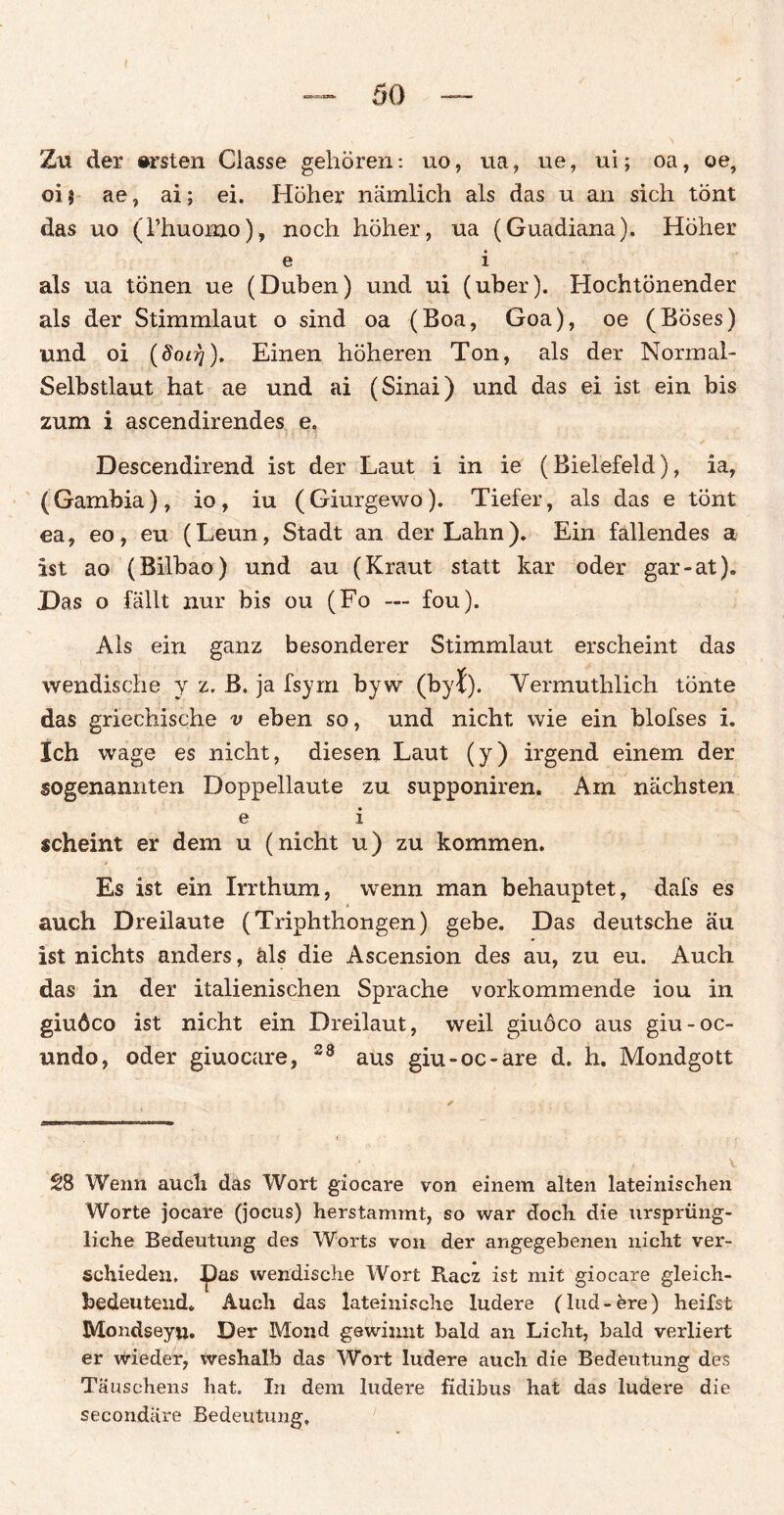 Zu der ersten Classe gehören: uo, ua, ue, ui; oa, oe, oij ae, ai; ei. Höher nämlich als das u an sich tönt das uo (l’huomo), noch höher, ua (Guadiana). Höher e i als ua tönen ue (Duben) und ui (über). Hochtönender als der Stimmlaut o sind oa (Boa, Goa), oe (Böses) und oi (8oirj). Einen höheren Ton, als der Normal- Selbstlaut hat ae und ai (Sinai) und das ei ist ein bis zum i ascendirendes e. Descendirend ist der Laut i in ie (Bielefeld), ia, (Gambia), io, iu (Giurgewo). Tiefer, als das e tönt ea, eo, eu (Leun, Stadt an der Lahn). Ein fallendes a ist ao (Bilbao) und au (Kraut statt kar oder gar-at). Das o fällt nur bis ou (Fo — fou). Als ein ganz besonderer Stimmlaut erscheint das wendische y z. B. ja fsyrn byw (by{). Vermuthlich tönte das griechische v eben so, und nicht wie ein blofses i. Ich wage es nicht, diesen Laut (y) irgend einem der sogenannten Doppellaute zu supponiren. Am nächsten e i scheint er dem u (nicht u) zu kommen. Es ist ein Irrthum, wenn man behauptet, dafs es auch Dreilaute (Triphthongen) gebe. Das deutsche äu ist nichts anders, äls die Ascension des au, zu eu. Auch das in der italienischen Sprache vorkommende iou in giuöco ist nicht ein Dreilaut, weil giuöco aus giu-oc- undo, oder giuocare, 28 aus giu-oc-are d. h. Mondgott • . V SS Wenn auch das Wort giocare von einem alten lateinischen Worte jocare (jocus) herstammt, so war doch die ursprüng¬ liche Bedeutung des Worts von der angegebenen nicht ver¬ schieden, pas wendische Wort B.acz ist mit giocare gleich¬ bedeutend. Auch das lateinische ludere (lud - bre) heifst Mondseyu. Der Mond gewinnt bald an Licht, bald verliert er wieder, weshalb das Wort ludere auch die Bedeutung des Täuschens hat. In dem ludere fidibus hat das ludere die secondäre Bedeutung,