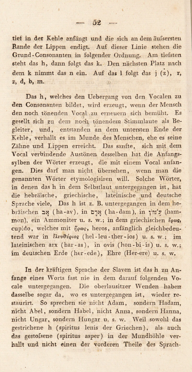 I — 52 — i tief in der Kehle anfängt und die sich an dem äufsersten Rande der Lippen endigt. Auf dieser Linie stehen die Grund - Consonanten in folgender Ordnung. Am tiefsten steht das h, dann folgt das k. Den nächsten Platz nach dem k nimmt das n ein. Auf das 1 folgt das j (z), r, Zip d, b, m® Das h, welches den Uebergang von den Yocalen zu den Consonanten bildet, wird erzeugt, wenn der Mensch den noch tönenden Vocal zu erneuern sich bemüht. Es gesellt sich zu dem noch tönendem Stimmlaute als Be¬ gleiter , und, entstanden an dem untersten Ende der Kehle, verhallt es im Munde des Menschen, ehe es seine Zähne und Lippen erreicht. Das sanfte, sich mit dem Vocal verbindende Austönen desselben hat die Anfangs- sylben der Wörter erzeugt, die mit einem Vocal anfan¬ gen. Dies darf man nicht übersehen, wenn man die genannten Wörter etymologisiren will. Solche Wörter, in denen das h in dem Selbstlaut untergegangen ist, hat die hebräische, griechische, lateinische und deutsche Sprache viele, Das h ist z. B. untergegangen in dem he¬ bräischen (ha-av), in ü'jfij (ha-dam), in (ham- mon), ein Ammoniter u. s. w.; in dem griechischen ifgcoe, cupido, welches mit fj^cos, heros, anfänglich gleichbedeu¬ tend war in PXsv&sqios (hei - leu - ther - ios) u. s. w.; im lateinischen arx (har-as), in ovis (hon-bi-is) u. s, w.; im deutschen Erde (her-ede), Ehre (Her-ere) u. s. w. In der kräftigen Sprache der Slaven ist das h zu An¬ fänge eines Worts fast nie in dem darauf folgenden Vo¬ cal e untergegangen. Die oberlausitzer Wenden haben dasselbe sogar da, wo es untergegangen ist, wieder re- staurirt. So sprechen sie nicht Adam, sondern Hadam, nicht Abel, sondern Habel, nicht Anna, sondern Hanna, nicht Ungar, sondern Hungar u. s. w. Weil sowohl das gestrichene h (spiritus lenis der Griechen), als auch das gestofsene (spiritus asper) in der Mundhöhle ver¬ hallt und nicht einen der vorderen Th eile des Sprach- I