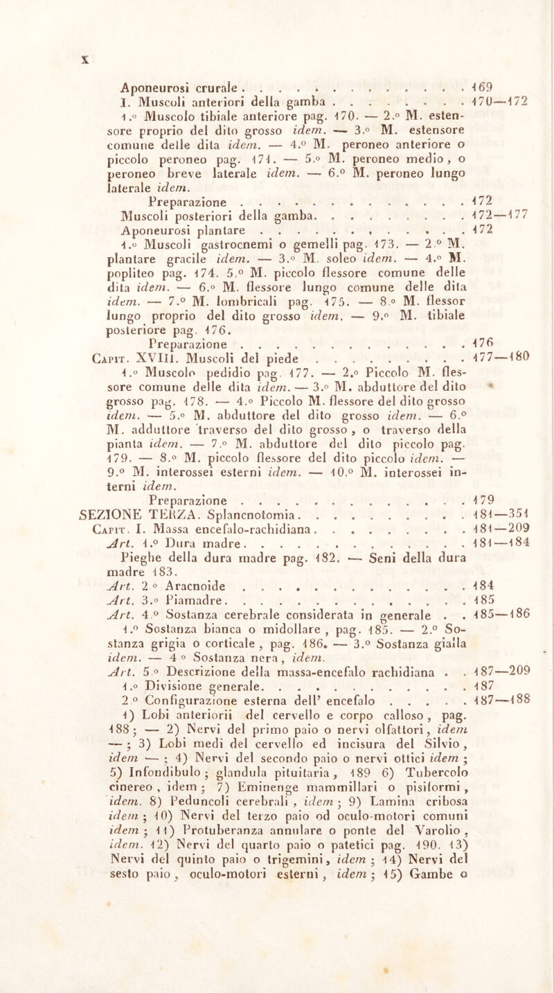 Aponeurosi crurale. ..-169 I. Muscoli anteriori della gamba.4 70—172 1Muscolo tibiale anteriore pag. 170. — 2.° M. esten¬ sore proprio del dito grosso idem. 3.° M. estensore comune delle dita idem. — 4.° M. peroneo anteriore o piccolo peroneo pag. 174. — 5.° M. peroneo medio, o peroneo breve laterale idem. —- 6.° M. peroneo lungo laterale idem. Preparazione.172 Muscoli posteriori della gamba. 4 72 — 177 Aponeurosi plantare.. 472 l.o Muscoli gastrocnemì o gemelli pag. 173. — 2 0 M. plantare gracile idem. — 3.° M. soleo idem. — 4.° M. popliteo pag. 174. 5.° M. piccolo flessore comune delle dita idem. — 6.° M. flessore lungo comune delle dita idem. — 7.° M. lombricali pag. 175. — 8 ° M. flessor lungo proprio del dito grosso idem. — 9.° M. tibiale posteriore pag. 176. Preparazione.476 Capit. XVIII. Muscoli del piede. 177 — 4 80 l.o Muscolo pedidio pag 177. — 2.° Piccolo M. fles¬ sore comune delle dita idem. — 3.° M. abduttore del dito grosso pag. 178. -— 4.° Piccolo M. flessore del dito grosso idem. — 5.° M. abduttore del dito grosso idem. -— 6.° M. adduttore traverso del dito grosso , o traverso della pianta idem. — 7.° M. abduttore del dito piccolo pag. 179. — 8.° M. piccolo flessore del dito piccolo idem. — 9.° M. interossei esterni idem. — IO.0 M. interossei in¬ terni idem. Preparazione.4 79 SEZIONE TERZA. Splancnotomia.181—354 Capit. I. Massa encefalo-rachidiana. 4 81—209 Art. 1.° Dura madre.181—184 Pieghe della dura madre pag. 182. •— Seni della dura madre 183. Art. 2° Aracnoide.184 Art. 3.° Piamadre.185 Art. 4 ° Sostanza cerebrale considerata in generale . . 4 85—486 4.° Sostanza bianca o midollare, pag. 185. -— 2.° So¬ stanza grigia o corticale, pag. 186. — 3.° Sostanza gialla idem. — 4 0 Sostanza nera , idem. Art. 5 ° Descrizione della massa-encefalo rachidiana . • 187—209 1.° Divisione generale.187 2 ° Configurazione esterna dell’ encefalo.187—188 1) Lobi anteriorii del cervello e corpo calloso, pag. 188; — 2) Nervi del primo paio o nervi olfattori, idem — ; 3) Lobi medi del cervello ed incisura del Silvio, idem -— ; 4) Nervi del secondo paio o nervi ottici idem • 5) Infondibulo ; gianduia pituitaria, 189 6) Tubercolo cinereo, idem; 7) Eminenge mammillari o pisiformi , idem. 8) Peduncoli cerebrali , idem ; 9) Lamina cribosa idem.} 10) Nervi del terzo paio od oculo-motori comuni idem ; 11) Protuberanza annidare o ponte del Varolio , idem. 12) Nervi del quarto paio o patetici pag. 190. 13) Nervi del quinto paio o trigemini, idem ; 14) Nervi del sesto paio, oculo-motori esterni, idem; 15) Gambe o