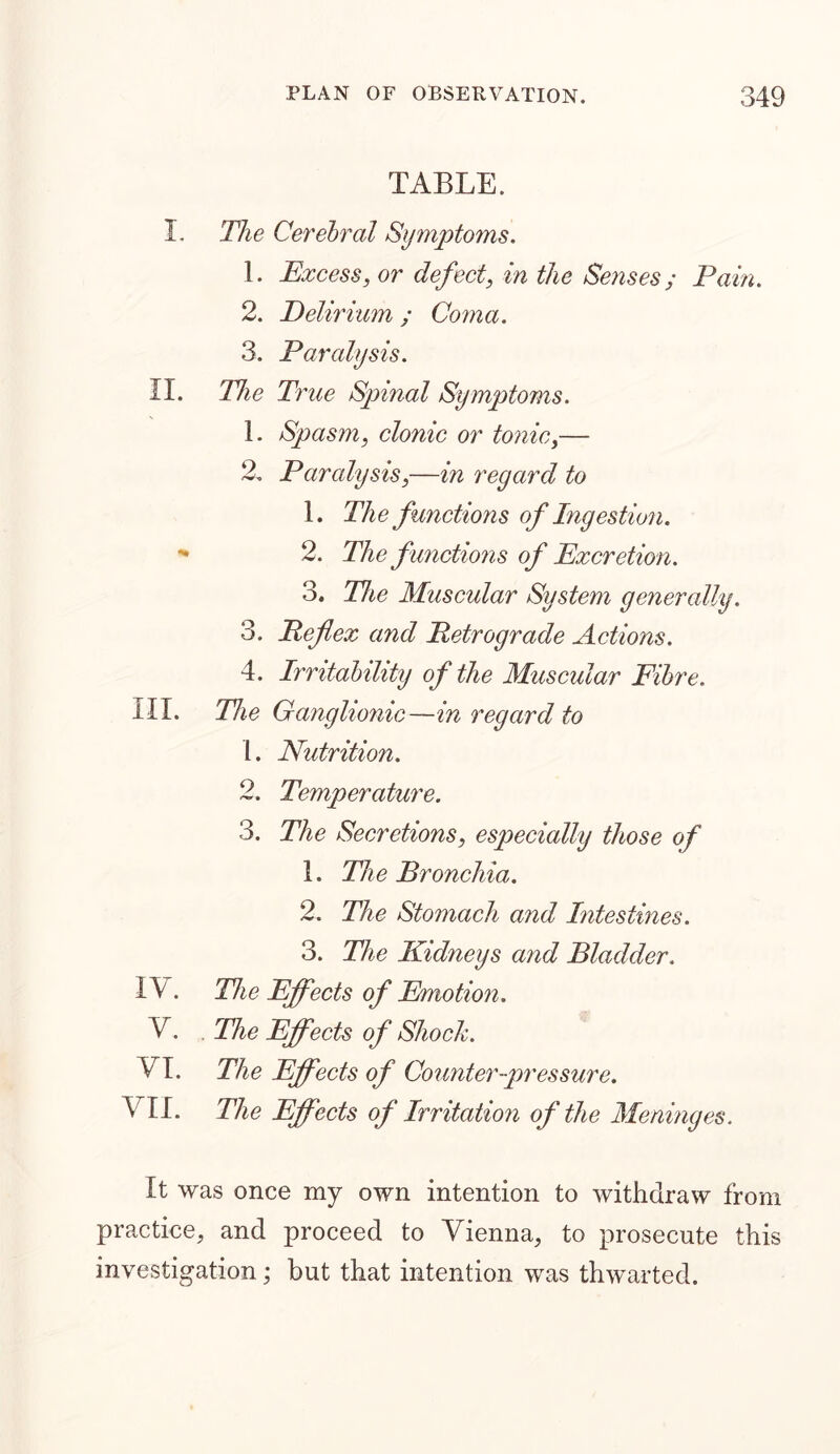 TABLE. I. The Cerebral Symptoms. 1. Excess, or defect, in the Senses; Pain. 2. Delirium; Coma. 3. Paralysis. II. The True Spinal Symptoms. 1. Spasm, clonic or tonic,— 2. Paralysis,—in reyard to 1. The functions of Ingestion.  2. The functions of Excretion. 3. The Muscular System generally. 3. Reflex and Retrograde Actions. 4. Irritability of the Muscular Fibre. III. The Ganglionic—in regard to 1. Nutrition. 2. Temperature. 3. The Secretions, especially those of 1. The Bronchia. 2. The Stomach and Intestines. 3. The Kidneys and Bladder. IT. The Effects of Emotion. V. . The Effects of Shock. VI. The Effects of Counter-pressure. VII. The Effects of Irritation of the Meninges. It was once my own intention to withdraw from practice, and proceed to Vienna, to prosecute this investigation; but that intention was thwarted.