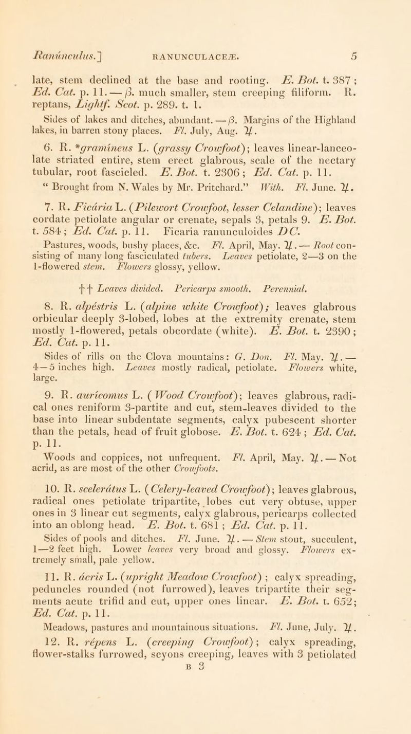 late, stem declined at the base and rooting. £7. Bot. t. 387 ; Ed. Cat. p. 11.— (3. much smaller, stem creeping filiform. R. reptans, Lighif. Scot. p. 289. t. 1. Sides of lakes and ditches, abundant. — 8. Margins of the Highland lakes, in barren stony places. ZV. July, Aug. Y. 6. R. *gramineus L. (grassy Crowfoot); leaves linear-lanceo- late striated entire, stem erect glabrous, scale of the nectary tubular, root fascicled. £. Bot. t. 2306; Hd. Cat. p. 11. “ Brought from N. Wales by Mr. Pritchard.” With. Fl. June. If. 7. R. Ficdria L. ( Pilewort Crowfoot, lesser Celandine); leaves cordate petiolate angular or crenate, sepals 3, petals 9. 2. Bot. t. 584; Ed. Cat. p.11. Ficaria ranunculoides DC. Pastures, woods, bushy places, &c. V/. April, May. 2f.— Root con- sisting of many long fasciculated tubers. Leaves petiolate, 2—3 on the 1-flowered stem. Flowers glossy, yellow. t+ Leaves divided. Pericarps smooth. Perennial. 8. R. alpéstris L. (alpine white Crowfoot); leaves glabrous orbicular deeply 3-lobed, lobes at the extremity crenate, stem mostly 1-flowered, petals obcordate (white). £. Bot. t. 2390; Ed. Cat. p. 11. Sides of rills on the Clova mountains: G. Don. F/. May. Y.— 4—5 inches high. Leaves mostly radical, petiolate. F/owers white, large. 9. R. auricomus L. ( Wood Crowfoot); leaves glabrous, radi- cal ones reniform 3-partite and cut, stem-leaves divided to the base into linear subdentate segments, calyx pubescent shorter than the petals, head of fruit globose. 4. Bot. t. 624; Ed. Cat. job LIL Woods and coppices, not unfrequent. FY. April, May. 2/.— Not acrid, as are most of the other Crowfvots. 10. R. scelerdtus L. (Celery-leaved Crowfoot); leaves glabrous, radical ones petiolate tripartite, lobes cut very obtuse, upper ones in 3 linear cut segments, calyx glabrous, pericarps collected into anoblong head. #. Bot. t. 681; Ed. Cat. p. 11. Sides of pools and ditches. 7. June. 2/.— Stem stout, succulent, 1—2 feet high. Lower /eaves very broad and glossy. Flowers ex- tremely small, pale yellow. 11. R. deris L. (upright Meadow Crowfoot) ; calyx spreading, peduncles rounded (not furrowed), leaves tripartite their seg- ments acute trifid and cut, upper ones linear, £7. Bot. t. 652; Ed. Cat. p. 11. Meadows, pastures and mountainous situations. 7. June, July. 2. 12. R. répens L. (creeping Crowfoot); calyx spreading, flower-stalks furrowed, scyons creeping, leaves with 3 petiolated B 3