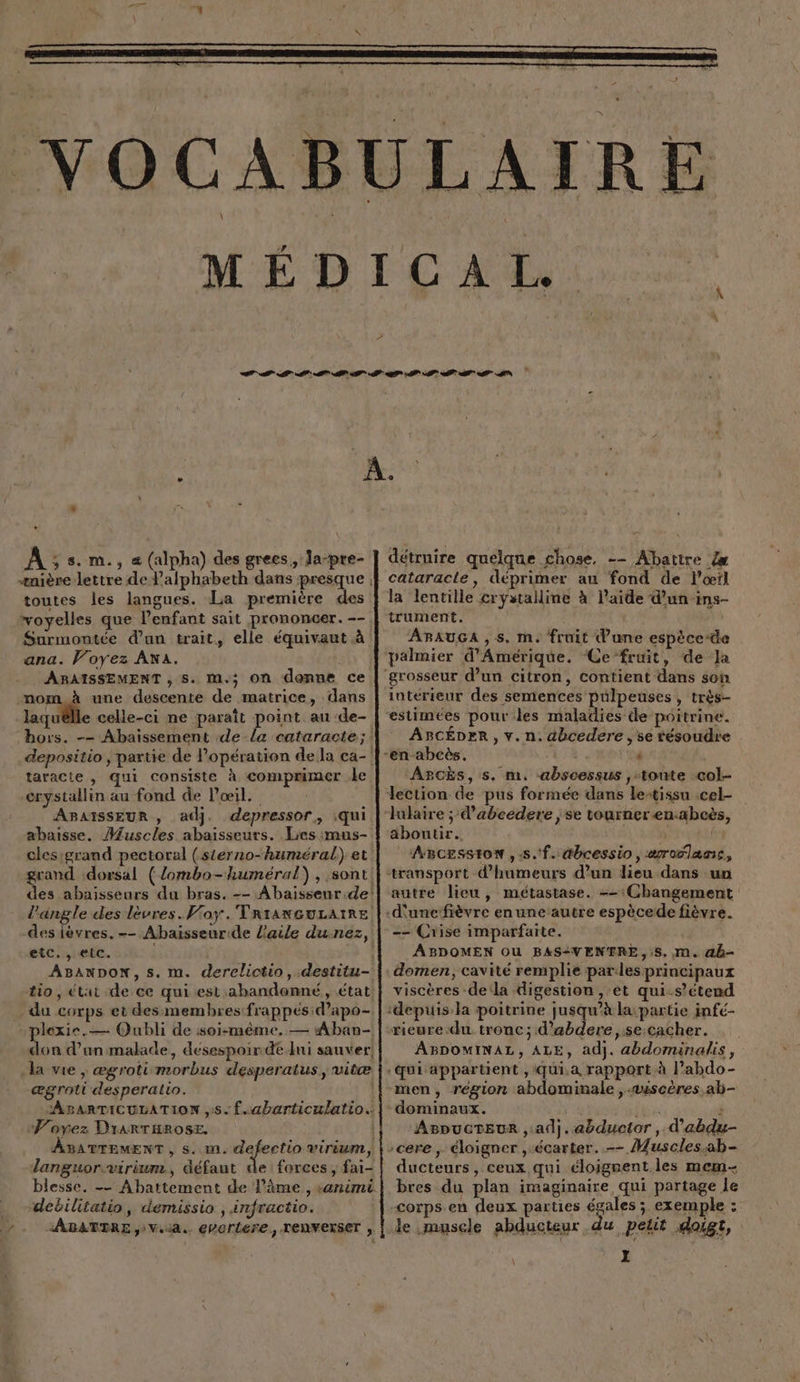VOCAB \ n AIRE ænière lettre de Palphabeth dans presque toutes les langues. La première des voyelles que l'enfant sait prononcer. -- ana. Voyez ANA. | ABAISSEMENT , S. M.; On donne ce mom. à une descente de matrice, dans laculille celle-ci ne paraît point au de- taracle , qui consiste à comprimer le erystallin au fond de Pœil. ABAISSEUR , adj. depressor, iqui abaisse. Muscles abaisseurs. Lies mus- etc. , elc. tio, état de ce qui est abandonné, état du corps et desmembres frappés :d’apo- plexie.— Oubli de soi-même. — Aban- Du d’unmalade, désespoir. déni sauver la vie |; ægrotimorbus desperatus., vitæ ægroti desperatio. | ABARTICULATION ,5. f.abarticulatio.… Voypez DrARTHROSE. ÀBATTEMENT, s. m. pré vérium, danguor.virium, défaut de forces, fai- blesse. -— Abattement de l'âme , sanimi debilitatio, demissio, infractio. BATTRE Via. EPOrLEre, TENVEXSET , détruire quelque chose, -- Abatire {æ cataracte, déprimer au fond de lœil la lentille crystalline à l’aide d’un ins- trument, ABAUGA , s. m. fruit dune espèce-de palmier d'Amérique. ‘Ce fruit, de Ja intérieur des semences pülpeuses, très- estimées pour les maladies de poitrine. ABCÉDFR , v. n. abcedere , se résoudre ABCÈS, s. m,. -abscessus ,:toute col- lection de pus formée dans letissu .cel- lulaire ; d’abcedere , se tourneren-abcès, aboutir. | :ABcEsstoN , sf. dbcessio , aroclansc, autre lieu, métastase. --:Cbangement = Crise imparfaite. ABDOMEN OU BAS#VEN®ÆRE, 5, m. @b- domen, cavité remplie parles principaux viscères -de‘la digestion , et qui-s’étend rieure-du tronc; d’abdere,se:cacher. ABDOMINAL, ALE, adj. abdominalis, men, région abdominale ,.wiscères.ab- dominaux. de ApbucTEUR ,:adj.abduotor deb ducteurs, ceux qui éloigrent.les mem- bres du plan imaginaire qui partage le pales exemple LT u pelit Aoigt, le muscle abducteur