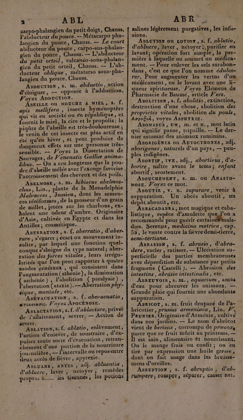 carpo-phalangien du petit doigt, Chauss. l’abducteur du pouce. -- De pha- langien du pouce, Chauss. -- Le court abducteur du pouce , carpo-sus-phalan- gien du pouce, Chauss. -— L’ab lucteur du petit orteil, calcanéo-sons-phalan- gien du petit orteil, Chauss. -- L’ab- ducteur oblique, métatarso sous: pha- langien du pouce. Chauss. ArpucrTion, s. m. abductio, action d’éloigner, -- opposée à l’'adduction. Voyez ADDuCTION. ÀBEILLE OU MOUCHE À MIEL, S. f. apis mellifera , insecte byménoptère qui vit en societé ou én république , et fournit le miel, la cire et le propolis; la iqûre de l’abeille est très-douloureuse ; L venin de cet insecte est plus actif en été qu’en hiver , et peut, produire de dangereux effets sur une personne très- sensible. -- Voyez la Dissertation de Sauvages, de Venenatis Galliæ anima- libus. -- On a cru longtems que la pou- dre d'abeille mélée avec l’axonge favorise . VPaccroissement des cheveux et des poils. ABELMOSE, s. m. hibiscus abelmos- chus, Lin., plante de la Monadeiphie Malvacées , Jussieu, dont les semeu- _ ces réniformes , de la grosseur d’un grain de millet, jetées sur les charbons, ex- halent une odeur d’ambre. Originaire d'Asie, cultivée en Egypte et dans les Antilles; cosmétique. ABERRATION , s. f. aberratio, d’aber- rare ; s’égarer ; écart ou MmOuvement In- solite, par lequel une fonction quai conque s’éloigne du type naturel ; aber- ration des forces vitales , leurs irrégu- larités que l’on peut rapporter à quatre modes généraux , qui consistent dans l'augmentation (sthénie), la diminution ( asthénie) , l'abolition ( paralysie) ,' laberration (ataxie ). -- Aberration phy- sique, mentale ; etc. A ABÉVACGUATION , S. f. abevacuatio, aronevwois. Voyez APOCÉNOSE. ABLACTATION, s.f. d’ablactare, privér de l'allaitement, sevrer. — Action de gevrer. F | ABrATion,s.f. ablatio, enlèvement, l’action d'enlever, de soustraire , d’ex- puiser toute sorte d'évacuation , retran- chement d’une portion de la nourriture journalière, -- l'intervalle ou reposentre deux accès de fièvre , apyrexie. ABLUANS, ANTES , adj. abluentia , d'abluere, laver ; neloyÿer ; remèdes propres à... ds tisannes ; les poticus # salines légèrement purgatives, les infu- sions. | | ABLUTION ou LoTIionN , s. f. ablutio, d’abluere, laver , nétoyer*, purifier en lavant; opération fort simple, la pre- mière à laquelle on soumet un médica- ment. -- Pour enlever les sels surabon= dans, c’est ce que l’on nomme édulco- rer. Pour augmenter les vertus d’un médicament , en le lavant avec une li- harmacie de Baumeé, article /’ers. ABOLITION , s. f. abolitio , extinction, destruction d’une chose, abolition des propriétés vitales, abolition du pouls, AopuËit, voyez ASPHYXIE. ABOMASUS, UM, m.et n., mot latin qui signifie panse, tripaille. -- Le der- nier estomac des animaux ruminans. ABORIGÈNES où AUTOCTHONES , adj. aborigenes , naturels d'un pays, -- peu- ples indigènes. P ABORTIF, IVE. ad}j., aborlivus, d’'a-. borire, naître avant le tems; enfant abortif , avortement. Tr ABOUCHEMENT, S. Im. OU ÂANASTO- MosE. Voyez ce mot. ABOUTIR , V. n. supurare, Venir à suppuration. Un abcès aboutit, un dépôt.aboutit, etc. ABRACADABRA, mot magique et Caba- listique, espèce d’amulette quon à recommandé pour guérir certainésmala- dies. Serenus, medicina metrica , cap. 52, le vante contre la fièvre demi-tierce, sermni-tertiana. ABRASION, s. f. abrasio, d’abra- dere , raclér , ratisser. -- Ulcération su- perficielle des parties membraneuses avec déperdition de substance par petits fragmens (Castelli ). -- Abrasion des ABREUVOIR, S. M., aquarium , amas d’eau pour abreuver les animaux. --, Grande plaie qui fournit une abondante suppuration. AgriCoT, s. m. fruit drupacé de l’a- bricotier, prunus armeniaca, Lin. F7, Prunter. Originaire d'Arménie, cultivé dans nos jardins. -- Le nom d’abricot vient de bericox , corrompu de prœcoxg arce qué ce fruit müûrit au printems. — 1 est sain, alimentaire èt nourrissant. On le mange frais ou confit; on en tire par expression une buile grasse, dont on fait usage dans les bruisse- . mens d’oreilles. | ABRUPTION , s. f. abruptio , d’ab- rumpere, rompre, SÉparer, Casser nele