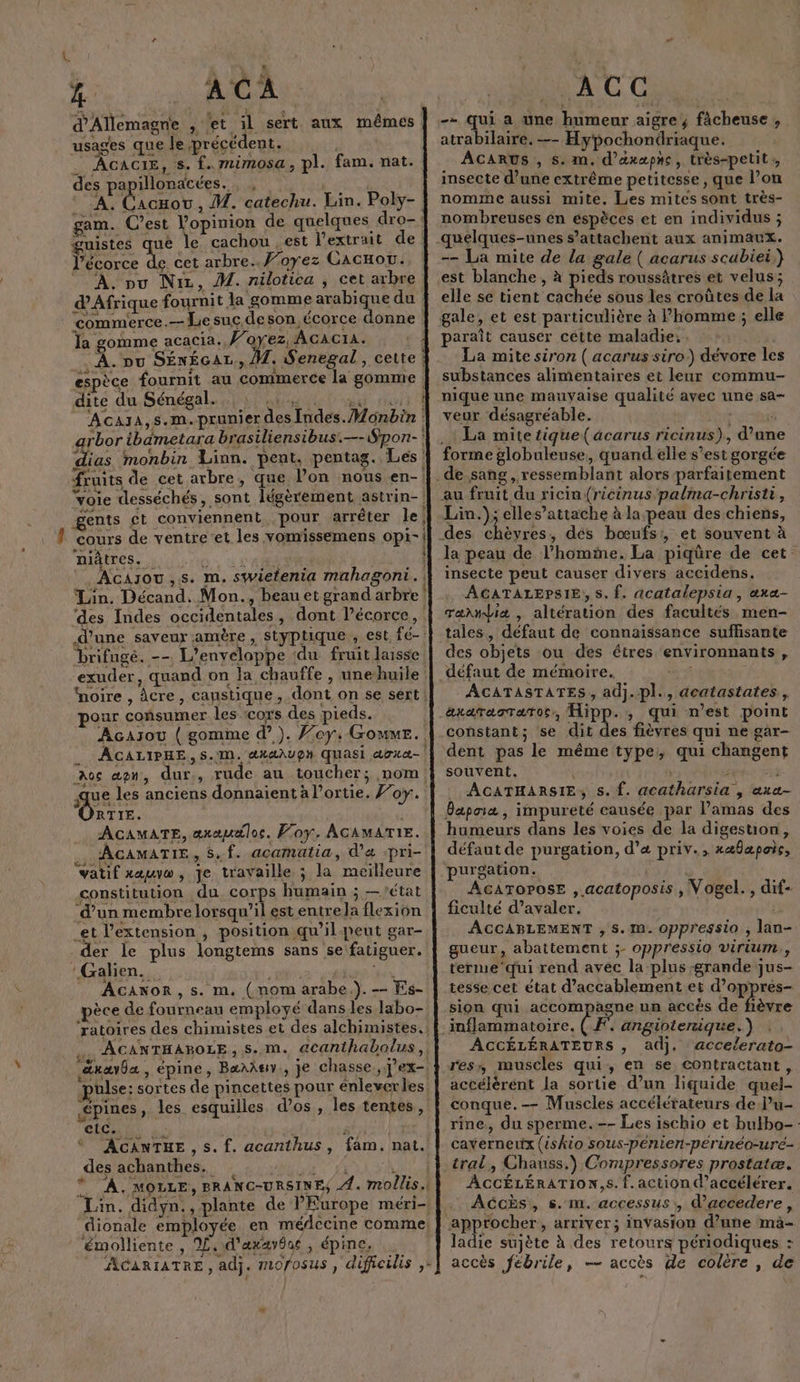 d'Allemagne , et il sert aux mêmes usages que le précédent. | . Âcacie, s. f.. mimosa, pl. fam. nat. des papillonatées. A. Cacou, M. catechu. Lin. Poly- gam. C’est Vopinion de quelques dro-: guistes que le cachou .est l'extrait de l’écorce de cet arbre. f’oyez Cacao. À, nu Ni, M. nilotica , cet arbre d'Afrique fournit la gomme arabique du : ÊE : commerce. Le suc. deson écorce donne : Ïa gomme acacia. V gere À. pu SÉNÉGAL, M. Senegal, cette : espèce fournit au commerce la gomme. dite du Sénégal., : à 2 v L- LH < EE «#1 ; Acasa,s.m.prunier des Indes. /Honbin : arbor ibametara brasiliensibus.—-$pon-! dias monbin Linn. pent, pentag. Les! fruits de cet arbre, que l’on nous en- |. voie desséchés, sont légèrement astrin-! gents £t conviennent pour arrêter le, cours de ventre‘et les vomissemens opi-{ MARS 1110, à SCENE 1 Acasou,s. m.swielenia mahagoni. | Lin. Décand. Mon., beau et grand arbre ! des Indes occidentales, dont l'écorce, : d’une saveur amère, styptique , est fé-: brifugé. --, L'enveloppe (du fruit laisse exuder, quand on la chauffe , unehuile noire , âcre, caustique, dont on se sert | pour consumer les :cors des pieds. Acasou { gomme d’). Joey: Gomme. __ AcALIPHE, S.M. axa\upn quasi aoxc- | os æpn, dur, rude au toucher; nom) ue les anciens donnaient à l’ortie. Foy. RTIE. ACAMATE, axaualos. Foy. AGAMATIE. _ AGcAMATIE, S.f. acamatia, d'a -pri- ‘vatif xauvw, je travaille ; la meilleure constitution du corps humain ; —'état ‘d’un membre Lotagul est entre la flexion et l'extension , position qu’il-peut gar- der le plus longtems sans se fatiguer. :Galien. FAMENE A . AGANOR, s. m. (nom arabe). -- Fs- pèce de fourneau employé dans les labo- ‘ratoires des chimistes et des alchimistes.! . ACANTHABOLE, s..m. acanthabolus,. &amp;xav0a , épine, Bæakav., je chasse. Pex- pulse: sortes de pincettes pour énleverles! pines, les esquilles dos, les tentes, nn ce | sh * ACGANTHE , s. f. acanthus, fam. nat. des achanthes. | -- qui a une humeur aigre; fächeuse , atrabilaire. — Hypochondriaque. ACARUS , s.m. d’axæphce, très-petit,, insecte d’une extrême petitesse , que l’on nomme aussi mite, Les mites sont très- nombreuses en éspèces et en individus ; quelques-unes s’attachent aux animaux. -— La mite de la gale ( acarus scabiei.) est blanche , à pieds roussätres et velus; elle se tient cachée sous les croûtes de la gale, et est particulière à l’homme ; elle paraît causer cétte maladie; . La mite siron ( acarus siro.) dévore les substances alimentaires et leur commu- nique une mauvaise qualité avec une sa- veur désagréable. ru . t La mite tique acarus ricinus),, d’une forme globuleuse, quand elle s’est gorgée de sang , ressemblant alors parfaitement au fruit du ricin(ricinus palma-christi, Lin.); elles’attache à la peau des chiens, des chèvres, dés bœufs:, et souvent à la peau de l’homine. La piqüre de cet insecte peut causer divers accidens. ACATALEPSIE, s. f. acatalepsia, aæxa- Tarndiæ , altération des facultés men- tales, défaut de connaissance suffisante des objets ou des êtres environnants, défaut de mémoire. ns ACATASTATES, adj.pl., dcatastates., _axaraoraros:, lipp., qui n’est point constant; se dit des fièvres qui ne gar- ‘dent pas le même type, qui changent souvent. ee us _ ACATHARSIE, s.{. acatharsia , axa- Bapoia, impureté causée par l’amas des humeurs dans les voies de la digesuon, défaut de purgation, d’a priv., xæbapois, purgation. | AcATorosE , acatoposis , Vogel. , dif- ficulté d’avaler. | ÿ ACCABLEMENT , 5. m. oppressio , lan- gueur, abattement ;- oppressio virium,, terme qui rend avec la plus grande jus- tesse cet état d’accablement et d’oppres- sion qui accompagne un accés de fièvre inflammatoire. ( F°. angiotenique.) ACCÉLÉRATEURS , adj, accelerato- resy muscles qui, en se contractant, accélérént la sortie d’un liquide quel- conque.— Muscles accélérateurs de Pu- rine, du sperme. -- Les ischio et bulbo- caverneux (iskio sous-pénien-périnéo-uré- tral, Chauss.) Compressores prostatæ. ACCÉLÉRATION,S. Î. action d'accélérer. Accès, s.m. accessus, d’accedere, ‘approcher, arriver; invasion d’une mà- ladie sujète à des retours périodiques : accès fébrile, — accès de colère , de * À. MOLLE, BRANC-URSINE, -{. mollis.| Lin. didyn., plante de l'Europe méri-| fionale employée en médecine comme émolliente , 2%, d'axavônt , épine. AGARIATRE , adj. m0/osus , dificilis ,+