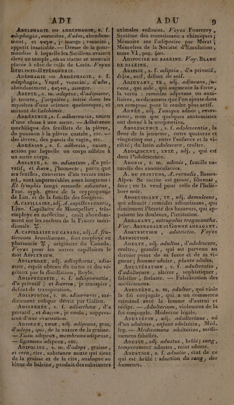 , ADI : ADELPHAGIE Où ADDEPHAGTIE, S. f. adephagia, woracitas. , d’adny, abondam- ment, et @æy®, je mange ; VOraCité ;, appetit insatiable.-— Déesse de la gour- mandise à laquelle les Siiliens.avaient élevé un temple, où sa statue se trouvait lacée à côté de celle de Cérès. /’oyez OULIMIE-HYPÉROREX1IE. | . ADÉPHAGIE OU ADDÉPHAGIE, S. f. ‘adephagia, Vogel, voracité, d’aduy, abondaniment , qay#iv, manger. . ADEPTE ,S. m.adeptus , d’adipiscor, je trouve, j'acquière; initie dans les mystères d’une science quelconque, et surtout de l’'af{chimie. Ps ADHÉRENCE,Ss. Î. adhærentia, union d’une chose à 'une autre. — Adhérenee morbilique des feuillets de la plèvre, du poumon à la plèvre çostale , etc. — des ièvres, des parois du vagin, etc.. ADHÉSION ,s. f. adhæsio, union, action par laquelle un corps adhère à un autre COrps. ADYANTE, S. m. adiantum , d’« pri- vatif, et diayæ, j’humecte ; parce que ses feuilles, couvertes d’un vernis naiu- rel, sont,.imperméables assez longtenus : Et lÿmphis tangi renueñs adiantus, Frac. syph. genre de la cryptogamje de Lin. et de la famille des fougères. ‘A. CAPILLAIRE, ad}. 4. capillus veneris, Linn. Capillaire de Montpellier , très- employé en médecine, eroît abondam- ment sur les rochers de la France méri- dionale. %. icosum brasilianum , fort employé en pharmacie % , origiñaire du Canada. Foyez pour les autres capillaires le mot ASPLENIUM. ; ADIAPHORE, adj. adiaphorus, adia- gopos , esprit obtenu du tartre ct des vé- gétaux par la distillation, Boylie. ADIAPNEUSTIE, +. Ê. odiapneustia, defaut de transpiration, dicament colique décrit par Galien. ADIARRHÉE , 5. f. adiarrhæa ; d'a privatif , et diayeæ, je coule, suppres- sion d’une évacuation. ADIPEUX, EUSE, adj. &diposus, gras, d’adeps, ipis, de la nature de la graisse. + Tissu adipeux, membrane adipeuse, — ligamens adipeux, etc. ADtpociRE, s. m. d'adeps , graisse, et cera, cire, substance mixte qui tient de la graisse et de la cire, analogue au blanc.de baleine, produi des substances + animales enfouies, #oyez Foureroy , Système des connaissances chimiques ; Mémoire sur l’adipocire par Mérat ; - ADIPOCIRE DE BALEINE. Voy.Braxa ADxpsiE , s. f. adipsiu , d’x privatif, diliæ, soif, défaut de soif. ADJUVANT, TE, adj. adjuvans, ju- vans , qui aide , qui angmente la force, la vertu : remèdes adjuvans du auxi- liaires, médicamens que l’on ajoute dans our le rendre plus actif. ADNÉE , adj. Tunique adnée ; ame guxos, nom que quelques anatomistes ont donné à la conjonetive, ADOLESCENCE , s. f. adolescentia , la fleur de la jeunesse, entre quatorze et vingt-cinq ans , entre l’enfance et la vi- rilité; da latin adolescere , croître. ADOLESCENT, ENTE , adj. , qui est dans l’adolescence. Aponis, s. m. adonis , famille na- À. DU PRINTEMS, 4. vernalis, Basses- Alpes. Sa racine est grosse, fibreuse , êcre ; on la vend pour celle de Phellé- bore noir. ADOUCISSANT , TE , adj. demulcens, qui adoucit : remèdes adoucissans, qui diminuent l’âcreté des humeurs, qui ap- paisent les douleurs, l’irritation. ADRAGANT , astragaluüs tragacantha. Foy. ASTRAGALE et GOMME ADRAGANT. AbsTrictTion , adstrictio. Woÿez ASTRICTION. ApuzTe, adj. adultus , d’'adolescere, croître, grandir, qui est. parvenu au dernier point de sa force et de sa vi- gueur ; homme adulte, plante adulte, ADULTÉRATION , s. {. adulteratio , d'adulierare ,. altérer \ sophistiquer , falsifier |, frelater. — Falsifñication des médicamens. AbuLzTÈre,s. m, adulter, qui viole la foi conjugale, qui. a un commerces: criminel avec la femme d'autrui et récipr. — Ædulterium, violement de la foi conjugale. Médecine légale. ADULTÉRIN , adj. adülterinus , né d’un adultère , enfant adultérin, Méd. leg, — Médicamens .adultérins, médi- camens falsifies. AoustTE, adj. adustus , brûlé; sang, .Abustrow, s. f. adustio , état de ce qui est brûlé : adustion du sang, des humeurs. | qe