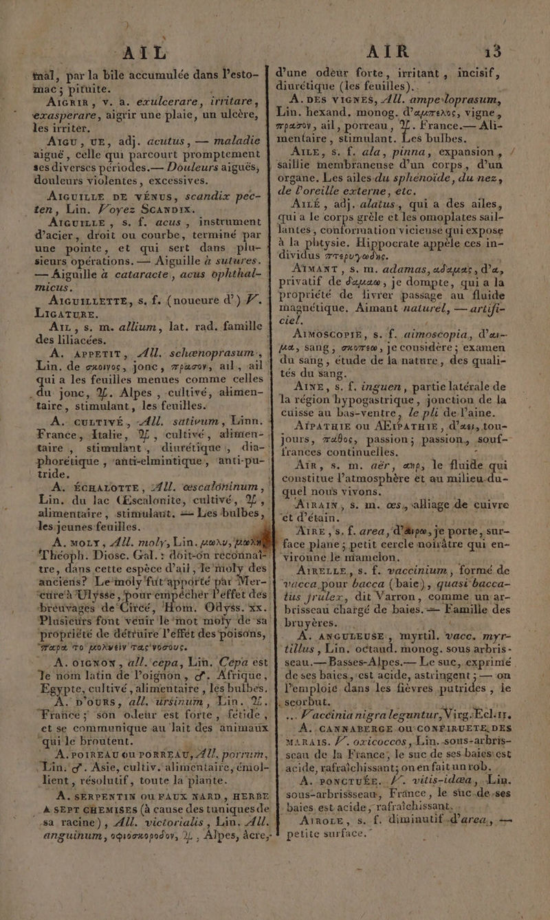 A ATL | fnal, par la bile accumulée dans l’esto- mac ; pituite. J AIGRIR, V. a. exulcerare, irritare, exasperare, aigrir une plaie, un ulcère, les irriter. ATGU, UE, adj. acutus, — maladie aiguë , celle qui parcourt promptement ses diverses périodes.— Douleurs aiguës, douleurs violentes, excessives. AIGUILLE DE VÉNUS, scandix pec- ten, Lin. J’oyez Scawoix. AIGUILLE , s. f. acus , instrument d’acier, droit ou courbe, terminé par une pointe, et qui sert dans plu- sieurs opérations. — Aiguille &amp; sutures. — Aiguille &amp; cataracte, acus ophthal- MLICUS. Sara) AIGuUILLETTE, s. f. (noueure d’) #7. : Licature. AïzL,s. m. allium, des liliacées. À. APPETIT, ll. schænoprasum,, : Lin. de cxoivos, jonc, æpaoov, ail, ail qui a les feuilles menues comme celles .du jonc, %. Alpes , -cultivé, alimen- taire, stimulant, les feuilles. A. cuvTivé, AU, sativum, Länn. : France, tale, %, cultivé, alimen-, taire , stimulant, diurétique,, dia-: phoretique , añnti-elmintique:, ‘anti-pu- tride. A. ÉCHALOTTE, :4ll. oœscaloninum, Lin. du lac CEscalonite, cultivé, %, alimentaire, stimulant. = Les bulbes, les:jeunes feuilles. _ A.mozy, AU. moly, Lin. uowav, Row Théoph. Diose. Gal. : doit-On reconnai tre, dans cette espèce d’ail , Te SE anciens? Le‘moly futappôrté par Mer-! ‘cure à Ulysse , pour éempécher l’éffet des bréuvages de Ciné, Hot. Oûyss. xx. Plusieurs font véuir le’mot moïy de sa Hat. rad. famille propriété de détruire l’éffet des poisons, “ap To jonveiy Tac VoTouc. À. o1GNON, all.'cepa, Lin. Cépa est Te nôm latin de l’oignon, d'. Afrique, Egypte, cultivé , alimentaire , lés bulbes, A. D'ours, all. ursinum , Lin. 2%. France; son odeur est forte, fetide, et se communique au lait des änimaux “qui le broutent. VAE . A.POIREAU Ou PORREAU, 47/7. porram, Lin. w. Asie, cultiv. alimentaire, éniol- lient , résolutif, toute la plante. A. SERPENTIN OU FAUX NARD, HERBE A SEPT GHEMISES (à cause des tuniques de, sa racine), AU. victorialis, Lin. AU. anguinum, oqosxooodov, 11, Alpes, àcre,- AIR 15 d’une odèur forte, irritant, incisif, diurétique (les feuilles). A.DES VIGNES, 4{l. ampeiloprasum, Lin. hexand, monog. d’aurenoc, vigne, mparov, ail, porreau, 2. France.— Ali- menfaire, stimulant. Les bulbes. AILE, S. f. ala, pinna, expansion, saillie membraneuse d’un corps, d’un organe, Les ailes du sphénoide, du nez, de l'oreille externe, etc. A1LÉ , adj, alatus, qui a des ailes, qui a Le corps grèle et les omoplates sail- lantes, conformation vicieusé quiexpose à la pltysie. Hippocrate appèle ces in- dividus 7repuyædye. je AIMANT, s. m. adamas, adauar, d'a, privatif de deuacw, je dompte, qui a la propriété de livrer passage au fluide magnétique. Aimant naturel, — artifi- ciel. ; ATMOSCOPIE, s. f. aimoscopia, d'a ba, Sang , ax0rew, je considère ; examen du sang , étude de la nature, des quali- tés du sang. AINE, s. f. inguen, partie latérale de la région hypogastrique, jonction de la cuisse au bas-ventre, le pli de laine. AÏPATHIE OU APE Te E , dx, tou- jours, #aûos, passion; passion, souf-- frances continuelles, | F ÂAïr, s. m. aër, ap; le fluide qui constitue l'atmosphère et au milieu-du- quel nous vivons. We | A1RAIN, S. m. æs, alliage de cuivre €t d’étain. | AIRE , s, f. area, d'&amp;pæ, je porte, sur- ‘vironne le niamelon. Er AIRELLE,, s. f. vaccinium, formé de vacca, pour bacca (baie), quasi bacca- tus jrulex, dit Varron, comme un ar- brisseau chargé de baies. Familie des bruyères. .. Et ON à A. ANGULEUSE, myrtil. Vacc. myr- ‘tillus , Lin. octaud. monog. sous arbris - seau.— Basses-Alpes.— Le suc, exprimé de ses baïes, ‘est acide, astringent ; — on lemploic dans les fièvres putrides , le ESCOrDUL. 1,4 j À Ni … Vaccinianigralegantur,Virg:Eclar. À. CANNABERGE OU CONFIRUETEDES “MARAIS. Ÿ”. oxicoccos , Lin.-sous-arbris- seau de Ja France; le suc de ses-baicsicst acide, rafraichissant; onenfaitunrob, À. PONCTUÉE. /. vitis-idæa, Lan. sous-arbrissseaw, Fränce, le suc.de,ses baies. est acide; rafraïchissant, . | AiRoze, s. f. diminutif.d’area., = petite surface.”