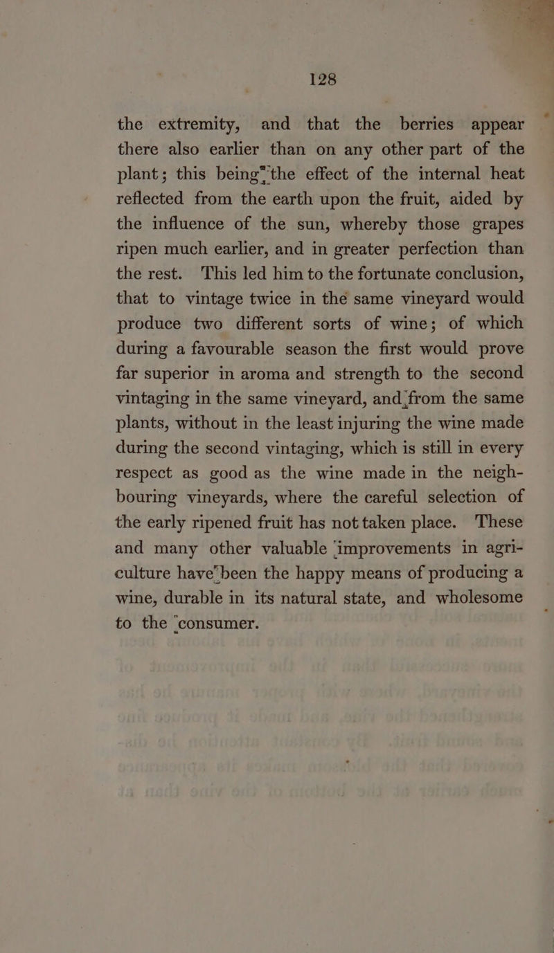 the extremity, and that the berries appear there also earlier than on any other part of the plant; this being*'the effect of the internal heat reflected from the earth upon the fruit, aided by the influence of the sun, whereby those grapes ripen much earlier, and in greater perfection than the rest. This led him to the fortunate conclusion, that to vintage twice in the same vineyard would produce two different sorts of wine; of which during a favourable season the first would prove far superior in aroma and strength to the second vintaging in the same vineyard, and,from the same plants, without in the least injuring the wine made during the second vintaging, which is still in every respect as good as the wine made in the neigh- bouring vineyards, where the careful selection of the early ripened fruit has not taken place. These and many other valuable ‘improvements in agri- culture havebeen the happy means of producing a wine, durable in its natural state, and wholesome to the ‘consumer.