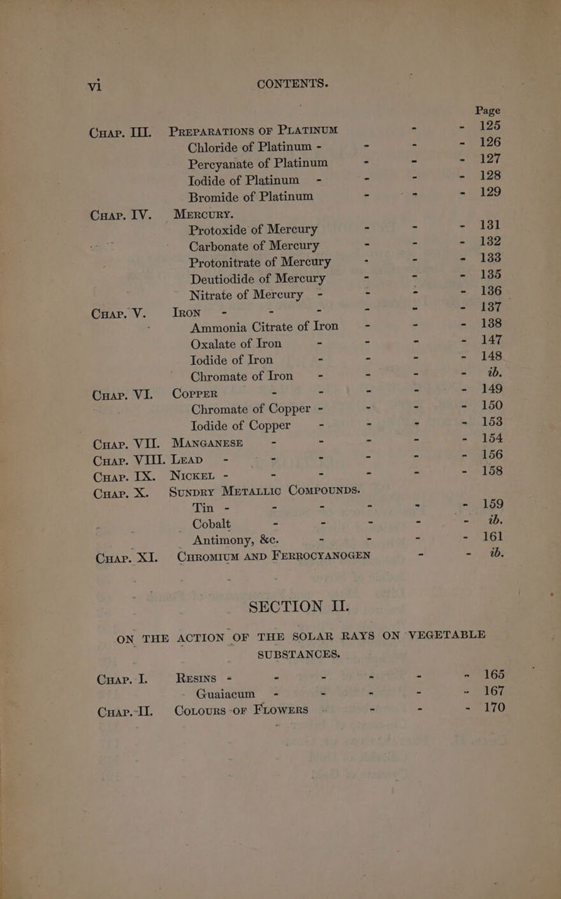 nh ae aad Page Guar. III. PREPARATIONS OF PLATINUM - - 125 Chloride of Platinum - - - - 126 Percyanate of Platinum - - - 127 Bromide of Platinum - . - 129 Protoxide of Mercury - - - 181 Carbonate of Mercury - ~ a LS Protonitrate of Mercury - - - 1383 Deutiodide of Mercury - = - 1865 Nitrate of Mercury - - - - 136. Cuap. V. IRoN - - - - « = 13T Ammonia Citrate of Iron - - - 1388 Cuap. VI. CoprER . - - - - - 149 Chromate of Copper - - - - 150 Iodide of Copper - - - - 153 Cuap. VII. MANGANESE - - - os - 154 GHar. VLL LEAD 9=- tive - - - - 156 CHap. IX. NICKEL - - - » - - 158 Cuap. X. Sunpry Metarric ComPounps. Tin - - - ~ - - 159 Cobalt - - - - erie i Bee _ Antimony, &c. -— - - - 161 Cuap. XJ. CHROMIUM AND FERROCYANOGEN - - 2b. SECTION I. ON THE ACTION OF THE SOLAR RAYS ON VEGETABLE : SUBSTANCES. Cuap. I. RESINS = - - - - - 165 Guaiacum = - x = - 167 Cuarv.-Il Cotours-or Frowers - e - ee of)