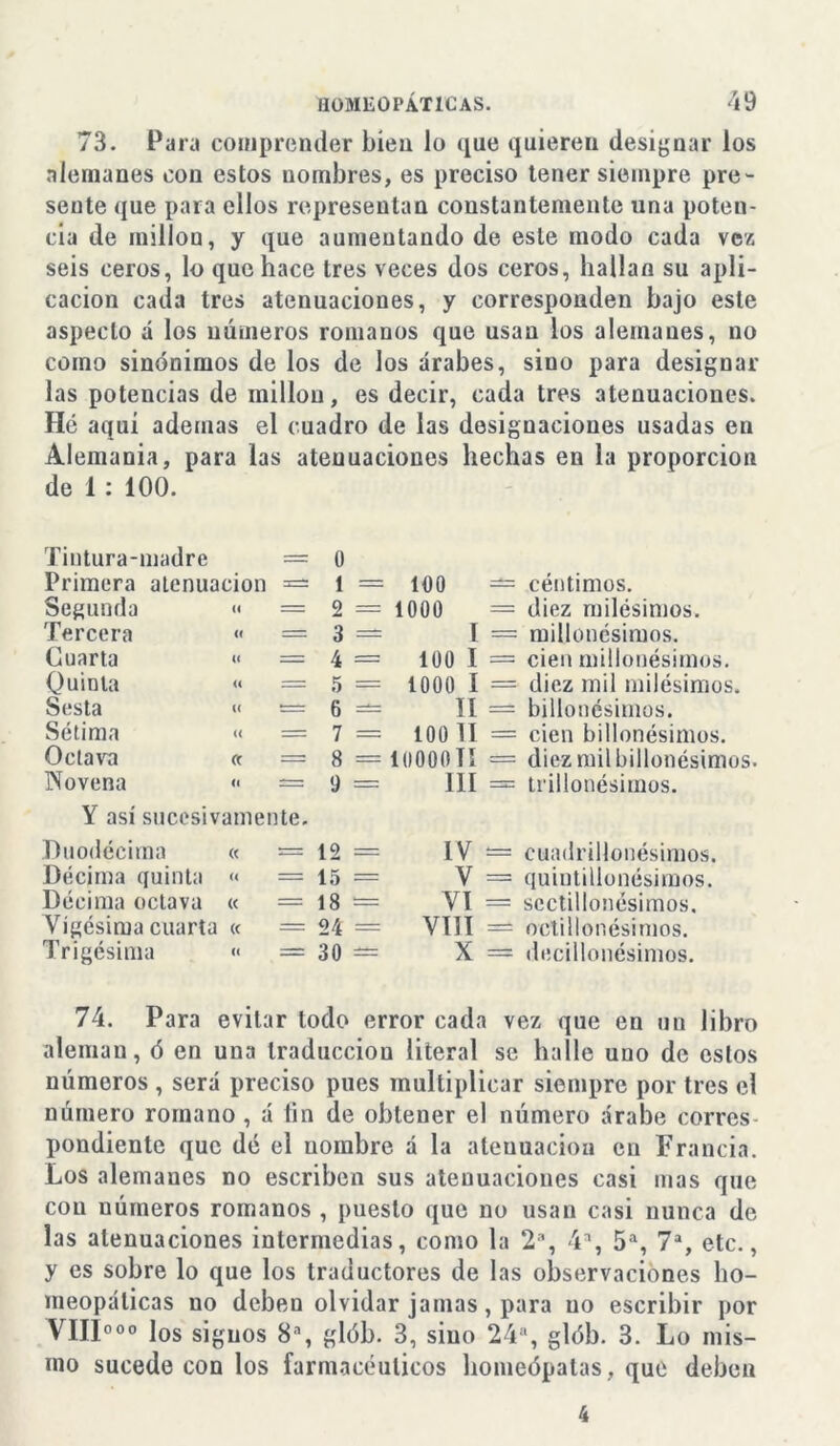 73. Para comprender bien lo que quieren designar los alemanes con estos nombres, es preciso tener siempre pre- sente que para ellos representan constantemente una poten- cia de inillou, y que aumentando de este modo cada vez seis ceros, lo que hace tres veces dos ceros, hallan su apli- cación cada tres atenuaciones, y corresponden bajo este aspecto á los números romanos que usan los alemanes, no como sinónimos de los de los árabes, sino para designar las potencias de millón, es decir, cada tres atenuaciones. Hé aquí ademas el cuadro de las designaciones usadas en Alemania, para las atenuaciones hechas en la proporción de 1 : 100. « <i 0 1 = 100 — céntimos. 2 = 1000 = diez milésimos. 3 — I = millonésimos. 4 = 100 I = cienmillonésimos. 5 = 1000 í = diez mil milésimos. 6 — II = billonésimos. 7 = 100 II = cien billonésimos. 8 == 1 o 00011 = diez mil billonésimos. 9 — III = trillonésimos. Tintura-madre Primera atenuación Segunda « Tercera « Cuarta Quinta Sesta Sétima Octava Novena Y así sucesivamente. Duodécima « « 12 Décima quinta u = 15 Décima octava « = 18 Vigésima cuarta « = 24 Trigésima o = 30 IV — cuadrillonésimos. V = quiutillonésimos. VI = sectillonésimos. VIH — octillonésimos. X — decillonésimos. 74. Para evitar lodo error cada vez que en un libro aleman, ó en una traducción literal se halle uno de estos números , será preciso pues multiplicar siempre por tres el número romano , á fin de obtener el número árabe corres- pondiente que dé el uombre á la atenuación en Francia. Los alemanes no escriben sus atenuaciones casi mas que con números romanos , puesto que no usan casi nunca de las atenuaciones intermedias, como la 2% 4a, 5a, 7a, etc., y es sobre lo que los traductores de las observaciones ho- meopáticas no deben olvidar jamas, para uo escribir por VIII000 los signos 8a, glób. 3, sino 24a, glób. 3. Lo mis- mo sucede con los farmacéuticos homeópatas, que deben 4