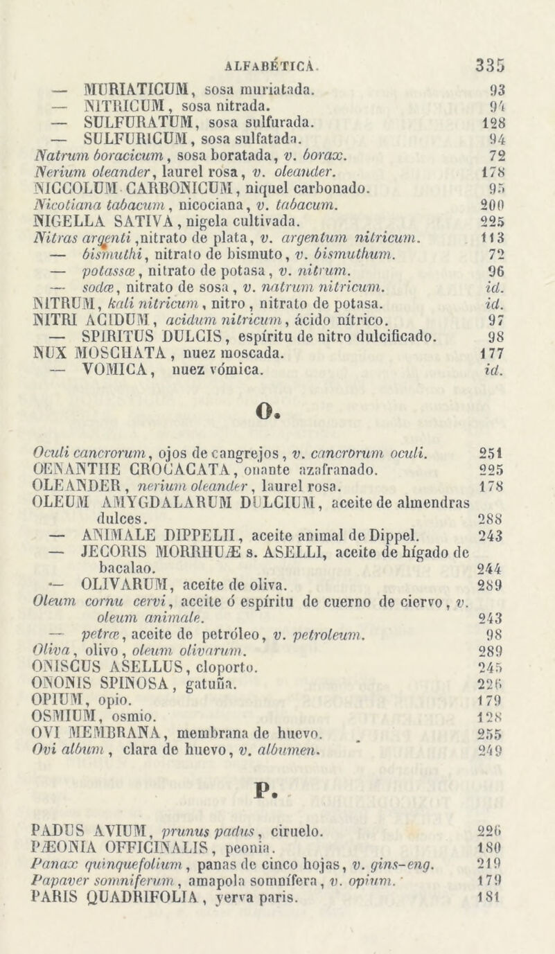 — MURIATICUM, sosa muriatada. 93 — NITRICUM, sosa nitrada. 94 — SULFURATUM, sosa sulfurada. 128 — SULFURIGUM, sosa sulfatada. 94 Natrum boracicum, sosa boratada, v. bórax. 72 Nerium oleander, laurel rosa, v. oleander. 178 NICCOLÜM CARBONICÜM, níquel carbonado. 95 Nicotiana tabacum, nicociana, v. tabacum. 200 NIGELLA SATIVA , nigela cultivada. 225 Nitras argenti,nitrato de plata, v. argentum nitricum. 113 — bismuthi, nitrato de bismuto, v. bismutkum. 72 — polassce, nitrato de potasa, v. nitrum. 96 — soda, nitrato de sosa, v. natrum nitricum. id. NITRUM, kali nitricum, nitro , nitrato de potasa. id. N1TRI ACIDUM , acidum nitricum, ácido nítrico. 97 — SP1RITUS DULCIS, espíritu de nitro dulcificado. 98 NUX MOSCIIATA, nuez moscada. 177 — VOMICA, nuez vómica. id. O. Oculi cancrorum, ojos de cangrejos, v. cancrorum oculi. 251 OENA1NTIIE GROGAGATA, onante azafranado. 225 OLEANDER , nerium oleander, laurel rosa. 178 OLEUM AMYGDALARUM Di LCIUM, aceite de almendras dulces. 288 — ANIMALE D1FPELII, aceite animal de Dippel. 243 — JECORIS MORRIIU7E s. ASELLI, aceito de hígado de bacalao. 244 — OLIVARUM, aceite de oliva. 289 Oleum cornu cervi, aceite ó espíritu de cuerno de ciervo, v. oleum anímale. 243 — petrn, aceite do petróleo, v. petroleum. 98 Oliva, olivo, oleum olivarum. 289 ONISCUS ASELLUS, cloporto. 245 ONONIS SPINOSA, gatufia. 226 OPIUM, opio. 179 OSMIUM, osmio. 128 OVI MEMBRANA, membrana de huevo. 255 Ovi álbum , clara de huevo, v. albumen. 24 9 P. PADUS AVIUM, prunus padus, ciruelo. 226 P/EONIA OFFICINALIS, peonía. 180 Panax quinquefolium, panas de cinco hojas, v. gins-eng. 219 Papaver somniferum, amapola somnífera, v. opium.' 179 PARIS QUADR1FOLIA , yerva parís. 181