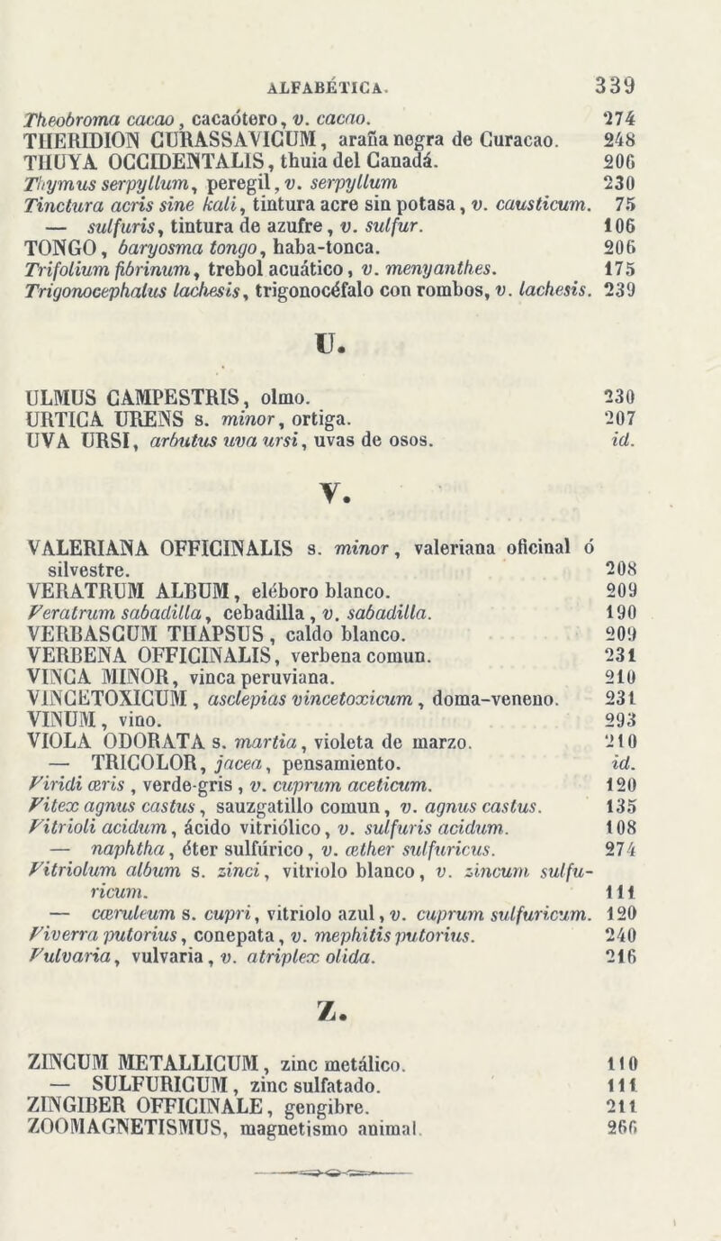 Theobroma cacao, cacaotero, v. cacao. 274 THERIDION CURASSAVIGUM, araña negra de Curacao. 248 TIIUYA OCCIDENTAL1S, thuia del Canadá. 20G Thymus serpyllum, perejil, v. serpytlum 230 Tinctura acris sine kali, tintura acre sin potasa, v. causticum. 75 — sulfuris, tintura de azufre, v. sulfur. 106 TONGO, baryosma tongo, haba-tonca. 206 Trifolium fibrinum, trébol acuático, v. menyanthes. 175 Trigonocephalus laches isy trigonocéfalo con rombos, v. lachesis. 239 u. ULMUS CAMPESTRIS, olmo. 230 URTICA URENS s. minor, ortiga. 207 UVA URSI, arbutus uva ursi, uvas de osos. id. V. VALERIANA OFFICINALIS s. minor, valeriana oficinal ó silvestre. 208 VERATRUM ALBUM, eléboro blanco. 209 Feratrum sabadillay cebadilla ,v. sabadilla. 190 VERBASGUM THAPSUS , caldo blanco. 209 VERBENA OFFICINALIS, verbena común. 231 VINCA MINOR, vinca peruviana. 210 V1NCETOXIGUM , asclepias vincetoxicum, doma-veneno. 231 VINUM, vino. 293 VIOLA ODORATA s. martia, violeta de marzo. 210 — TRICOLOR, jacea, pensamiento. id. Fir idi ceris , verde-gris , v. cuprum aceticum. 120 Fitex agnus castus, sauzgatillo común, v. agnus cas tus. 135 Fitrioli acidum, ácido vitriólico, v. sulfuris acidum. 108 — naphtha, éter sulfúrico, v. cether sulfxiricus. 274 Fitriolum álbum s. zinci, vitriolo blanco, v. zincuni sulfu- ricum. 111 — ccemleum s. cupri, vitriolo azul, v. cuprum sulfuricum. 120 Fiverra '¡mtorius, conepata, v. mephitisputorius. 240 Fulvariay vulvaria, v. atriplex olida. 216 z. ZINCUM METALLICUM, zinc metálico. 110 — SULFURICUM, zinc sulfatado. 111 ZINGIBER OFFICINALE, gengibre. 211 ZOOMAGNETISMUS, magnetismo animal 266