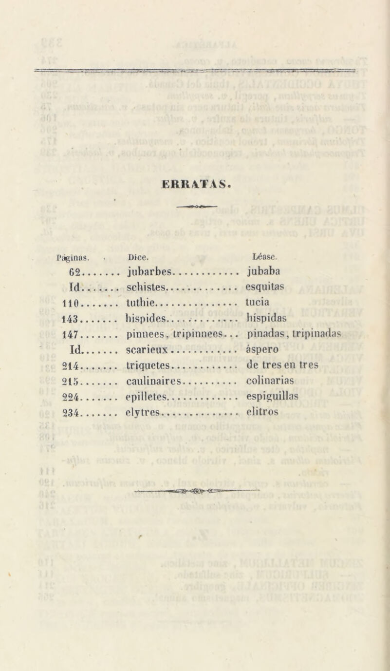 ERRATAS Páginas. . Dice. Léase. 62... jababa Id... esquitas 110... tucia 143.... híspidas 147.... pinadas, tripinadas Id scarieux áspero 214.... de tres en tres 215.... colinarias 004 . espiguillas 234.... élitros