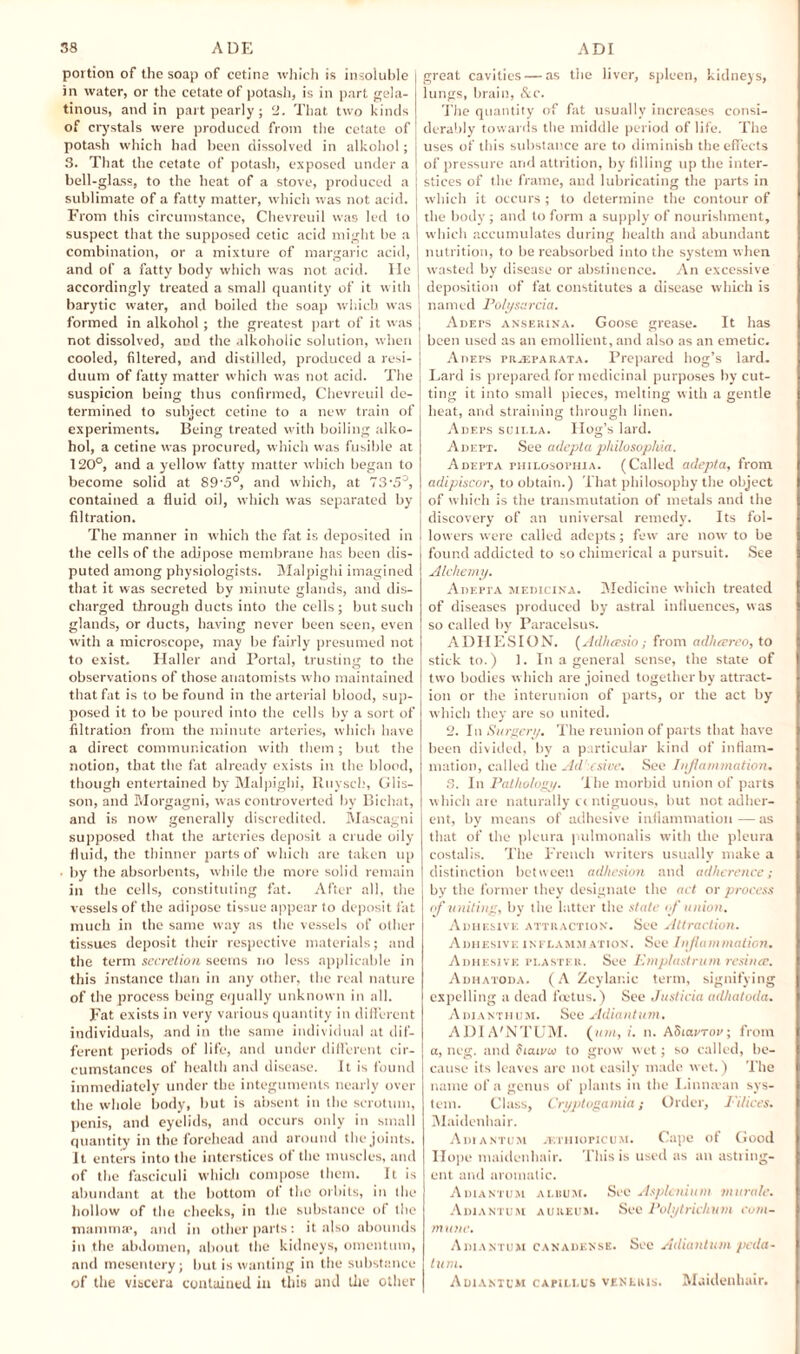 portion of the soap of cetine which is insoluble | in water, or the cetate of potash, is in part gela- j tinous, and in part pearly ; 2. That two kinds of crystals were produced from the cetate of potash which had been dissolved in alkohol; 3. That the cetate of potash, exposed under a bell-glass, to the heat of a stove, produced a j sublimate of a fatty matter, which was not acid. J From this circumstance, Chevreuil was led to j suspect that the supposed cetic acid might be a | combination, or a mixture of margaric acid, j and of a fatty body which was not acid. He I accordingly treated a small quantity of it with barytic water, and boiled the soap which was formed in alkohol; the greatest part of it was not dissolved, and the alkoholic solution, when cooled, filtered, and distilled, produced a resi¬ duum of fatty matter which was not acid. The suspicion being thus confirmed, Chevreuil de¬ termined to subject cetine to a new train of experiments. Being treated with boiling alko¬ hol, a cetine was procured, which was fusible at 120°, and a yellow fatty matter which began to become solid at 89'5°, and which, at 3'5°, contained a fluid oil, which was separated by filtration. The manner in which the fat is deposited in the cells of the adipose membrane has been dis¬ puted among physiologists. Malpighi imagined that it was secreted by minute glands, and dis¬ charged through ducts into the cells; but such glands, or ducts, having never been seen, even with a microscope, may be fairly presumed not to exist. Haller and Portal, trusting to the observations of those anatomists who maintained that fat is to be found in the arterial blood, sup¬ posed it to be poured into the cells by a sort of filtration from the minute arteries, which have a direct communication with them; but the notion, that the fat already exists in the blood, though entertained by Malpighi, Ruysch, Glis- son, and Morgagni, was controverted by Bichat, and is now generally discredited. Mascagni supposed that the arteries deposit a crude oily fluid, the thinner parts of which are taken up by the absorbents, while the more solid remain in the cells, constituting fat. After all, the vessels of the adipose tissue appear to deposit fat much in the same way as the vessels of other tissues deposit their respective materials; and the term secretion seems no less applicable in this instance than in any other, the real nature of the process being equally unknown in all. Fat exists in very various quantity in different individuals, and in the same individual at dif¬ ferent periods of life, and under different cir¬ cumstances of health and disease. It is found immediately under the integuments nearly over the whole body, but is absent in the scrotum, penis, and eyelids, and occurs only in small quantity in the forehead and around the joints. It enters into the interstices of the muscles, and of the fasciculi which compose them. It is abundant at the bottom of the orbits, in the hollow of the cheeks, in the substance of the mamma', and in other parts: it also abounds in the abdomen, about the kidneys, omentum, and mesentery; but is wanting in the substance of the viscera contained in this and the other great cavities — as the liver, spleen, kidneys, lungs, brain, &c. The quantity of fat usually increases consi¬ derably towards the middle period of life. The uses of this substance are to diminish the effects of pressure arid attrition, by filling up the inter¬ stices of the frame, and lubricating the parts in which it occurs ; to determine the contour of the body ; and to form a supply of nourishment, which accumulates during health and abundant nutrition, to be reabsorbed into the system when wasted by disease or abstinence. An excessive deposition of fat constitutes a disease which is named Polysarcia. Adeps ansekina. Goose grease. It has been used as an emollient, and also as an emetic. A peps pra2pa rata. Prepared hog’s lard. Lard is prepared for medicinal purposes by cut¬ ting it into small pieces, melting with a gentle heat, and straining through linen. Adeps suilla. Hog’s lard. Adept. See ailcpta philosopliia. Adepta philosophia. (Called adepta, from adipiscor, to obtain.) That philosophy the object of which is the transmutation of metals and the discovery of an universal remedy. Its fol¬ lowers were called adepts; few are now to be found addicted to so chimerical a pursuit. See Alchemy. Adepta medicina. Medicine which treated of diseases produced by astral influences, was so called by Paracelsus. ADHESION. (Adhessio; from adheereo, to stick to.) 1. In a general sense, the state of two bodies which are joined together by attract¬ ion or the interunion of parts, or the act by which they are so united. 2. In iSurgery. The reunion of parts that have been divided, by a particular kind of inflam¬ mation, called the Adhesive. See Inflammation. 3. In Pathology. The morbid union of parts which are naturally ct ntiguous, but not adher¬ ent, by means of adhesive inflammation — as that of the pleura pulmonalis with the pleura costalis. The French writers usually make a distinction between adhesion and adherence; by the former they designate the act or process of uniting, by the latter the stale of union. Adhesive attraction. See Attraction. Adhesive inflammation. See Inflammation. Adhesive plaster. See Emplastrum resinee. Adhatoda. (A Zeylauic term, signifying expelling a dead foetus.) See Justicia adhatoda. Adianthum. See Adiantum. ADIA'NTUM. (mu, i. n. ASiavroi’; from a, neg. and diairai to grow wet; so called, be¬ cause its leaves are not easily made wet.) The name of a genus of plants in the Linna'an sys¬ tem. Class, Cryptogamia; Order, J-dices. Maidenhair. Adiantum vethiopicum. Cape of Good Hope maidenhair. This is used as an astring¬ ent and aromatic. Adiantum album. See Asplcnium morale. Adiantum aurkum. See Polytrichum com¬ mune. Adiantum canadense. See Adiantum peda- tum. Adiantum capillus venluis. Maidenhair.