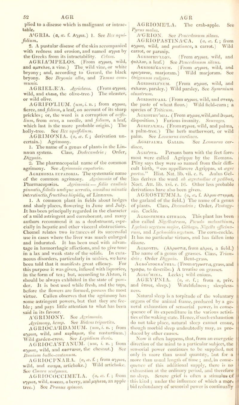 plied to a disease which is malignant or intrac¬ table. A'GRIA. (a, cc. f. Aypta.) 1. See Ilex aqui- folium. 2. A pustular disease of the skin accompanied with redness and erosion, and named crypto, by the Greeks from its intractability. Cclsus. AGRIA'MPELOS. (From ayptos, wild, and ap.ireAos, a vine.) The wild vine, or white bryony; and, according to Gerard, the black bryony. See Bryonia alba, and Tamus com¬ munis. AGRIEL/E'A. Agrielccos. (From ayptos, wild, and eAata, the olive-tree.) The oleaster, or wild olive. AGRIFO'LIUIVI. (urn, i. n.; from ayptos, fierce, and folium, a leaf, on account of its sharp prickles; or, the word is a corruption of acifo- Hum, from acus, a needle, and folium, a leaf, which last is the more probable origin.) The liolly-tree. See Ilex aqu folium. AGRIMO'NIA. (a, re. f.; derivation un¬ certain.) Agrimony. 1. The name of a genus of plants in the Lin- mean system. Class, Dodecandria; Order, Bigynia. 2. The pharmacopocial name of the common agrimony. See Agrimonia eupatoria. Agrimonia eupatoria. The systematic name of the common agrimony. Agrimonia of the Pharmacopoeias. Agrimonia —• foliis caulinis pinnatis,foliolis undique serratis, omnibus minutis interstinctisfructibus hispidis, of Linnams. 1. A common plant in fields about hedges and shady places, flowering in June and July. It has been principally regarded in the character of a tnild astringent and corroborant, and many authors recommend it as a deobstruent, espe¬ cially in hepatic and other visceral obstructions. Chomel relates two instances of its successful use in cases where the liver was much enlarged and indurated. It has been used with advan¬ tage in haemorrhagic affections, and to give tone in a las and weak state of the solids, in cuta¬ neous disorders, particularly in scabies, we have been told that it manifests great efficacy. For this purpose it was given, infused with liquorice, in the form of tea; but, according to Alston, it should be always exhibited in the state of pow¬ der. It is best used while fresh, and the tops, before the (lowers are formed, possess the most virtue. Cullen observes that the agrimony has some astringent powers, but that they are fee¬ ble ; and pays little attention to what has been said in its favour. A'GRIMONY. See Agrimonia. Agrimony, hemp. See liidens tripartita. AGRIOCA'RDAMUM. (um,i. n. ; from ayptos, wild, and icapSapov, the nasturtium.) Wild garden-cress. See Lepidium iberis. AGRIOC A'STANUM. (ian, i. n. ; from ayptos, wild, and Kaaravou, the chesnut.) See Bitni um bulbo-castan u m. AGRIOCI'NARA. (a, ce. f. ; from ayptos, wild, and ittvapa, artichoke.) \V ild artichoke. See Cinara scolymus. AGRIOCdCCIME'LA. (a, cc. f. ; from tryptos, wild, kokicos, a berry, and priAesa, an apple tree.) See Prunus spinosa. AGRIOME'LA. The crab-apple. See Pyrus malus. A'GRION. See Peucedanum silaus. AGRIOPASTINA'CA. (a, cc. f. ; from ayptos, wild, and pastinaca, a carrot.) Wild carrot, or parsnip. Agriophy'llon. (From ayptos, wild, and ipuAAor, a leaf.) See Peucedanum silaus. Agkiori'ganum. (From ayptos, wild, and opayavov, marjoram.) Wild marjoram. See Origanum vulgare. Agrioseli'num. (From ayptos, wild, and crcAtvov, parsley.) Wild parsley, See Symmium olusatrum. Agrioste'ari. (From ayptos, wild, and err cap, the paste of wheat flour.) Wild field-corn; a species of Triticum. Agriotuy'mia. (From ayptos,wild,andbvpos, disposition.) Furious insanity. Sauvages. Agrip.vlma. (Froma7pios, wild, and palma, a palm-tree.) The herb motherwort, or wild palm. See Leonurus cardiaca. Ac air alma G allis. See Leonurus car¬ diaca. Agri'ppa. Persons born with the feet fore¬ most were called Agrippae by the Romans. Pliny says they were so named from their diffi¬ cult birth, “ eos appellavere Agrippas, ut cegre partos. Hist. Nat. lib. vii. c. 8. Aulus Gel- lius derives the word ab cegretudine el pedibus, Noet. Att. lib. xvi. c. Iff. Other less probable derivations have also been given. AGROSTE'MM A. (a, cc. f. AApou arcupa, the garland of the field.) The name of a genus of plants. Class, Decandria ; Order, Pentagy- nia. Cockle. Agrostemma gituago. This plant has been also called Nigellastrum, Pseudo melanthium. Lychnis segetum major, Gilhago, AUgella ojjicina- rum, and Lychnoides segetum. The corn-cockle. It has no particular virtues, and has fallen into disuse. Acro/stis. (AApwcTTts, from aApos, a field.) The name of a genus of grasses. Class, Trian- dria; Order Digynia. Bent-grass. Agro'stogra'phia. (From aypeuans, grass, and ypacpu, to describe.) A treatise on grasses. Agru'aiina. Leeks; wild onions. AGRY'PNIA. {a, cc. f.; from a, priv. and uncos, sleep.) Watchfulness; sleepless¬ ness. Natural sleep is a torpitude of the voluntary organs of the animal frame, produced by a ge¬ neral exhaustion of sensorial power, in conse¬ quence of its expenditure in the various activi¬ ties olthe waking state. Hence, if such exhaustion do not take place, natural sleep cannot ensue, though morbid sleep undoubtedly may, as pro¬ duced by other causes. Now it often happens, that, from an energetic direction of the mind to a particular subject, the sensorial power continues to be supplied, not only in more than usual quantity, but for a more than usual length of time ; and, in conse¬ quence of this additional supply, there is no exhaustion at the ordinary period, and therefore no sleep. Severe grief is often a stimulus of this kind ; under the influence of which a mor. bid redundancy of sensorial power is continually