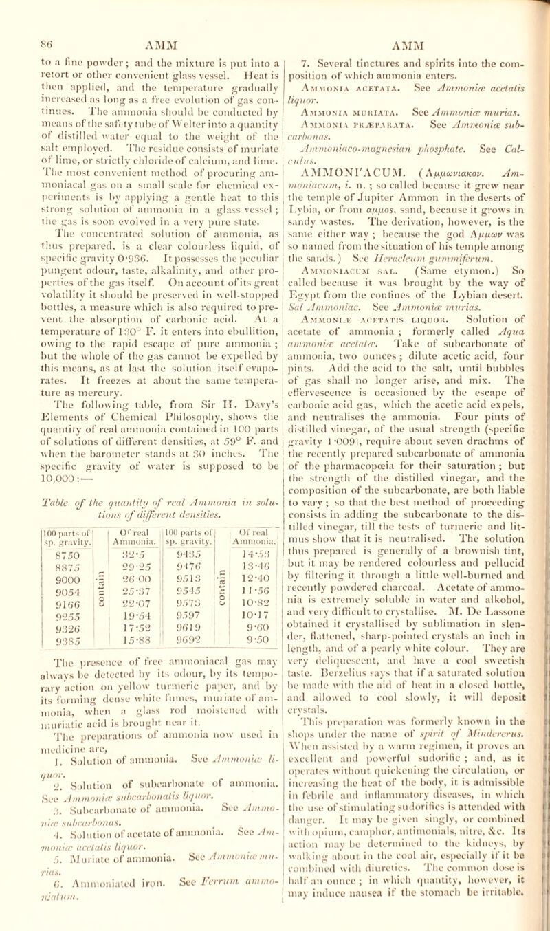 to a fine powder; and the mixture is put into a retort or other convenient glass vessel. Heat is then applied, and the temperature gradually increased as long as a free evolution of gas con ¬ tinues. The ammonia should he conducted by means of the safety tube of Welter into a quantity ol distilled water equal to the weight of the salt employed. The residue consists of muriate ot lime, or strictly chloride of calcium, and lime. The most convenient method of procuring am- moniacal gas on a small scale for chemical ex¬ periments is by applying a gentle heat to this strong solution of ammonia in a glass vessel; the gas is soon evolved in a very pure state. The concentrated solution of ammonia, as thus prepared, is a clear colourless liquid, of specific gravity 0*936. It possesses the peculiar pungent odour, taste, alkalinity, and other pro¬ perties of the gas itself. On account of its great volatility it should be preserved in well-stopped bottles, a measure which is also required to pre¬ vent the absorption of carbonic acid. At a temperature of 130 F. it enters into ebullition, owing to the rapid escape of pure ammonia ; but the whole of the gas cannot be expelled by this means, as at last the solution itself evapo¬ rates. It freezes at about the same tempera¬ ture as mercury. The following table, from Sir II. Davy’s Elements of Chemical Philosophy, shows the quantity of real ammonia contained in 100 parts of solutions of different densities, at 59° F. and \\ hen the barometer stands at 30 inches. The specific gravity of water is supposed to be 10,000:— Table of the quantity of real Ammonia in solu¬ tions of different densit ies. 100 parts of sp. gravity. Or real Ammonia. 100 parts oft sp. gravity, j Of real Ammonia. 8750 32*5 9435 14*53 8875 29'25 9176 13*46 9000 * — 26*00 9513 • = 12*40 9054 25*87 9545 c 11*56 ’ 9166 U 22*07 9573 o 10*82 9255 19*54 9597 10*17 9326 17*52 9619 9*60 9385 15'88 9692 9*50 The presence of free ammoniacal gas may always be detected by its odour, by its tempo¬ rary action on yellow turmeric paper, and by its forming dense white fumes, muriate of am¬ monia, when a glass rod moistened with muriatic acid is brought near it. The preparations of ammonia now used in medicine are, 1. Solution of ammonia. See Ammonite li¬ quor. 2. Solution of subcarbonate of ammonia. See Ammonite subccirbonatis liquor. 3. Subcarbonate of ammonia. See Ammo- vim subr.arbonas. •I. Solution of acetate of ammonia. See Am¬ monite acetatis liquor. ,5. Muriate of ammonia. See Ammonite mu. rius. (>. Ammoniated iron. See Ferrum ammo- niatum. 7. Several tinctures and spirits into the com¬ position of which ammonia enters. Ammonia acetata. See Ammonite acetatis | liquor. Ammonia muriata. See Ammonite murias. Ammonia przefarata. See Ammonite sub- carbonas. Ammoniaco-magnesian phosphate. See Cal¬ culus. AM MONT A CUM. (Apyuvi aitov. Am- moniacum, i. n. ; so called because it grew near the temple of Jupiter Ammon in the deserts of Lybia, or from a/xyos. sand, because it grows in sandy wastes. The derivation, however, is the j same either way ; because the god Aypaiv was so named from the situation of his temple among the sands.) See Heracleum gummiferum. Ammoniacum sal. (Same etymon.) So called because it was brought by the way of Egypt from the confines of the Lybian desert. | Sal Ammoniac. See Ammonite murias. J Ammoni.e acetatis liquor. Solution of ] acetate of ammonia ; formerly called Aqua t ammonite acclalte. Take of subcarbonate of ammonia, two ounces ; dilute acetic acid, four { pints. Add the acid to the salt, until bubbles , of gas shall no longer arise, and mix. The j effervescence is occasioned by the escape of carbonic acid gas, which the acetic acid expels, ' and neutralises the ammonia. Four pints of , distilled vinegar, of the usual strength (specific j gravity 1*009;, require about seven drachms of | the recently prepared subcarbonate of ammonia J of the pharmacopoeia for their saturation ; but j the strength of the distilled vinegar, and the j composition of the subcarbonate, are both liable to vary ; so that the best method of proceeding consists in adding the subcarbonate to the dis¬ tilled vinegar, till the tests of turmeric and lit¬ mus show that it is neutralised. The solution thus prepared is generally of a brownish tint, but it may be rendered colourless and pellucid by filtering it through a little well-burned and recently powdered charcoal. Acetate of ammo¬ nia is extremely soluble in water and alkohol, i and very difficult to crystallise. M. De Lassone ; obtained it crystallised by sublimation in slen- j der, flattened, sharp-pointed crystals an inch in { length, and of a pearly white colour. They are very deliquescent, and have a cool sweetish taste. Berzelius says that if a saturated solution be made with the aid of heat in a closed bottle, J and allowed to cool slowly, it will deposit 1 crystals. This preparation was formerly known in the j shops under the name of spirit iff Mindcrcrus. \ When assisted by a warm regimen, it proves an excellent and powerful sudorific ; and, as it operates without quickening the circulation, or increasing the heat of the body, it is admissible in febrile and inflammatory diseases, in which the use of stimulating sudorifics is attended with danger. It may be given singly, or combined with opium, camphor, antimonials, nitre, &c. Its j action may be determined to the kidneys, by I walking about in the cool air, especially if it be ■ combined with diuretics. The common dose is | half an ounce; in which quantity, however, it may induce nausea if the stomach be irritable.