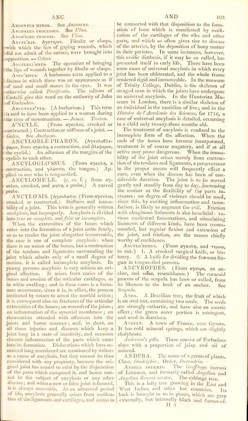ANC Anconeus minor. Sec Anconeus. Anconeus processus. See Ulna. Anco'noid i’Rocess. See Ulna. Ancte'hes. Kyicriipes. Fibulae or clasps, iwitli which the lips of gaping wounds, which did not admit of the suture, were brought into lapposition. — Celsus. Ancteria'smus. The operation of bringing the lips of wounds together by fibulae or clasps. Ancu'bitus. A barbarous term applied to a disease in which there was an appearance as it of sand and small stones in the eyes. It was otherwise called Petrificatio. The editors ot Castelli give this word on the authority of John of Gadesden. Ancunule'nta. (A barbarism.) This term is said to have been applied to a woman during i the time of menstruation. — James. Turton. A'NCYLE. (From ayuvAos, crooked or •contracted.) Contraction or stiffness of a joint. — Galen. See Ancli/osis. ANCYLOBLEPHARON. (AyicvAoGAe- epapov, from aynuAy, a contraction, and /3Aeipapov, the eyelid.) An adhesion of the margins of the eyelids to each other. ANCYLOGLO'SSUS. (From ayKuAy, a contraction, and yAaaaa, the tongue.) Ap¬ plied to one who is tongue-tied. ANCYLOME'LE. (e, es. f. ; from ay- kvAos, crooked, and pyAy, a probe.) A curved probe. ANCYLO'SIS. (AyitvAaieis. (FromaynvAos, crooked or contracted.) Stiffness and immo¬ bility of a joint. This term is generally w ritten anchylosis, but improperly. Ancylosis is divided into true or complete, and false or incomplete. When the extremities of the bones which enter into the formation of a joint unite firmly, so as to render the joint altogether immoveable, the case is one of complete ancylosis: when there is no union of the bones, but a contraction of the tendons and ligaments surrounding the joint which admits only of a small degree of motion, it is called incomplete ancylosis. In young persons ancylosis is very seldom an ori¬ ginal affection. It arises from caries of the bones and erosion of the articular cartilages, as in white swelling; and in these cases is a fortu¬ nate occurrence, since it is, in effect, the process instituted by nature to arrest the morbid action; it is consequent also on fractures of the articular extremities of the bones; on woundsof the joints; on inflammation of the synovial membrane ; on rheumatism attended with affusions into the joints and bursa: mucosa:; and, in short, on all those injuries and diseases which keep a joint long in a state of inactivity, and occasion chronic inflammation of the parts which enter into its formation. Dislocations which have re¬ mained long unreduced are mentioned by writers as a cause of ancylosis, but they cannot be thus considered with any propriety, because the ori¬ ginal joint has ceased to exist by the disjunction of the parts which composed it, and hence can¬ not be the subject of ancylosis or any other disease ; and when a new or false joint is formed, it is always moveable. At an advanced period of life, ancylosis generally arises from ossifica¬ tion of the ligaments and cartilages, and seems to AND 103 be connected with that disposition to the form¬ ation of bone which is manifested by ossifi¬ cation of the cartilages of the ribs and other parts, and which so often gives rise to disease of the arteries, by the deposition of bony matter in their parietes. In some instances, however, this ossific diathesis, if it may be so called, has presented itself in early life. There have been some cases of universal ancylosis in which every joint has been obliterated, and the whole frame rendered rigid and immoveable. In the museum of Trinity College, Dublin, is the skeleton of an aged man in which the joints have undergone an universal ancylosis. In the Hunterian Mu¬ seum in London, there is a similar skeleton of an individual in the meridian of live; and in the Ihstoire de V Acaclemie des Sciences, for 1716, a case of universal ancylosis is detailed, occurring in a child only twenty-three months old. The treatment of ancylosis is confined to the incomplete form of the affection. When the ends of the bones have become incorporated, treatment is of course nugatory, and if at all active may prove dangerous. When the immo¬ bility of the joint arises merely from contrac¬ tion of the tendons and ligaments, a perseverance in the proper means will frequently effect a cure, even when the disease has been of con¬ siderable duration. The joint is to be moved gently and steadily from day to day, increasing the motion as the flexibility of th,e parts in¬ creases: no degree of violence should be used, since this, by exciting inflammation and tume¬ faction, is likely to augment the evil. Friction with oleaginous liniments is also beneficial: va¬ rious medicated fomentations, and stimulating liniments of different kinds, have been recom¬ mended, but regular flexion and extension of the joint, and friction, are the means chiefly worthy of confidence. Ancylo'tomus. (From aynuA-q, and repvw, to cut.) 1. A crooked surgical knife, or bis¬ toury. 2. A knife for dividing the framum lin¬ guae in tongue-tied persons. ANCYROI'DES. (From ayicvpa, an an¬ chor, and etSos, resemblance.) The coracoid process of the scapula has been so called, front | its likeness to the beak of an anchor. See Scapula. Anda. A Brazilian tree, the fruit of which is an oval nut, containing two seeds. The seeds are strongly cathartic, and have also an emetic , effect; the green outer portion is astringent, and used in diarrhoea. Andely. A town of France, near Gysors. It has cold mineral springs, which are slightly | chalybeate. Anderson's pills. These consist of Barbadoes | aloes with a proportion of jalap and oil of | aniseed. AND FRA. The name of a genus of plants. Class, Diadelphia; Order, Decandria. Andira inkrmis. The Geoffroya inermis of Linnaeus, and formerly called Angelina and Angelina Zanoni acostee. The cabbage tree. This is a lofty tree growing in the East and West Indies, and other hot countries. Its I bark is brought to us in pieces, which are grey j externally, but internally black and furrowed II 1