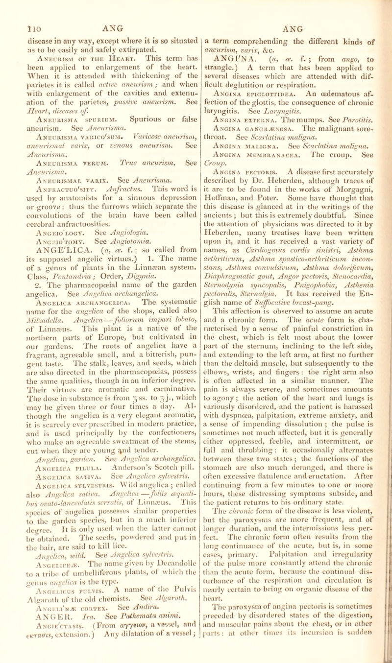 disease in any way, except where it is so situated as to be easily and safely extirpated. Aneurism of the Heart. This term has been applied to enlargement of the heart. When it is attended with thickening of the parietes it is called active aneurism; and when with enlargement of the cavities and extenu¬ ation of the parietes, passive aneurism. See Heart, diseases of. Aneurisma spurium. Spurious or false aneurism. See Aneurisma. Aneurisma vaiiico'sum. Varicose aneurism, aneurismal varix, or venous aneurism. See Aneurisma. Aneurisma verum. True aneurism. See Aneurisma. Aneurism at. varix. See Aneurisma. Anfractuo'sitv. Anfractus. This word is used by anatomists for a sinuous depression or groove : thus the furrows which separate the convolutions of the brain have been called cerebral anfractuosities. Angeio'logy. See Angiologia. Angkio’tomy. See Angiotomia. ANGE'LICA. (a, cc. f. : so called from its supposed angelic virtues.) 1. The name of a genus of plants in the Linnaean system. Class, Pentandria; Order, Digynia. 2. The pharmacopceial name of the garden angelica. See Angelica archangelica. Ancelica archangelica. The systematic name for the angelica of the shops, called also Milzadella. Angelica—foliorum impari lohato, of Linnaeus. This plant is a native of the northern parts of Europe, but cultivated in our gardens. The roots of angelica have a fragrant, agreeable smell, and a bitterish, pun¬ gent taste. The stalk, leaves, and seeds, which are also directed in the pharmacopoeias, possess the same qualities, though in an inferior degree. Their virtues are aromatic and carminative. The dose in substance is from 5 ss. to 5 j., which may be given three or four times a day. Al¬ though the angelica is a very elegant aromatic, it is scarcely ever prescribed in modern practice, and is used principally by the confectioners, who make an agreeable sweatmeat of the stems, cut when they are young qiul tender. Angelica, garden. See Angelica archangelica. Angelica pilula. Anderson’s Scotch pill. Angelica sativa. See Angelica sylvestris. Angelica sylvestris. Wild angelica ; called also Angelica sativa. Angelica —•foliis ccquati- hus ovato-lanceolatis serralis, of Linnanis. This species of angelica possesses similar properties to the garden species, but in a much inferior degree. It is only used when the latter cannot be obtained. The seeds, powdered and put in the hair, are said to kill lice. Angelica, wild. See Angelica sylvestris. Angelicejs. The name given by Decandolle to a tribe of umbelliferous plants, of which the genus angelica is the type. Anoelicus 1-ulvis. A name of the Pulvis Algaroth of the old chemists. See Algaroth. Angeli'njk cortex. See Andira. ANGER. Ira. See Put hem at a animi. Angik'ctasis. (From ayyewv, a vessel, and (KTCuris, extension.) Any dilatation ot n vessel; a term comprehending the different kinds of aneurism, varix, &c. ANGI'NA. (a, rr. f. ; from ango, to strangle.) A term that has been applied to several diseases which are attended with dif¬ ficult deglutition or respiration. Angina eitglottidea. An cedematous af¬ fection of the glottis, the consequence of chronic laryngitis. See Laryngitis. Angina externa. The mumps. See Parotitis. Angina gangrhsnosa. The malignant sore- throat. See Scarlatina maligna. Angina maligna. See Scarlatina maligna. Angina membranacea. The croup. See Croup. Angina pectoris. A disease first accurately described by Ur. Heberden, although traces of it are to be found in the works of Morgagni, Hoffman, and Poter. Some have thought that this disease is glanced at in the writings of the ancients; but this is extremely doubtful. Since the attention of physicians was directed to it by Heberden, many treatises have been written upon it, and it has received a vast variety of names, as Cardiogmus cordis sinistri, Asthma arthriticum. Asthma spastico-arthrilicum incon- stans, Asthma convulsivum, Asthma dolorificum, Diaphragmatic gout, Angor pectoris, Stenocardia, Stemodynia syncopalis, Pnigophobia, Asthenia pectoralis, Sterna/gia. It has received the En¬ glish name of Suffocative breast-pang. This affection is observed to assume an acute and a chronic form. The acute form is cha¬ racterised by a sense of painful constriction in the chest, which is felt most about the lower part of the sternum, inclining to the left side, and extending to the left arm, at first no further than the deltoid muscle, hut subsequently to the elbows, wrists, and fingers : the right arm also is often affected in a similar manner. The pain is always severe, and sometimes amounts to agony ; the action of the heart and lungs is variously disordered, and the patient is harassed with dyspnoea, palpitation, extreme anxiety, and a sense of impending dissolution ; the pulse is sometimes not much affected, but it is generally either oppressed, feeble, and intermittent, or full and throbbing: it occasionally alternates between these two states; the functions of the stomach are also much deranged, and there is often excessive flatulence and eructation. After continuing from a few minutes to one or more hours, these distressing symptoms subside, and the patient returns to his ordinary state. The chronic form of the disease is less violent, hut the paroxysms are more frequent, and of longer duration, and the intermissions less per¬ fect. The chronic form often results from the long continuance of the acute, but is, in some cases, primary. Palpitation and irregularity of the pulse more constantly attend the chronic than the acute form, because the continual dis¬ turbance of the respiration and circulation is nearly certain to bring on organic disease of the heart. The paroxysm of angina pectoris is sometimes preceded by disordered states of the digestion, and muscular pains about the chest, or in other parts: at other times its incursion is sudden
