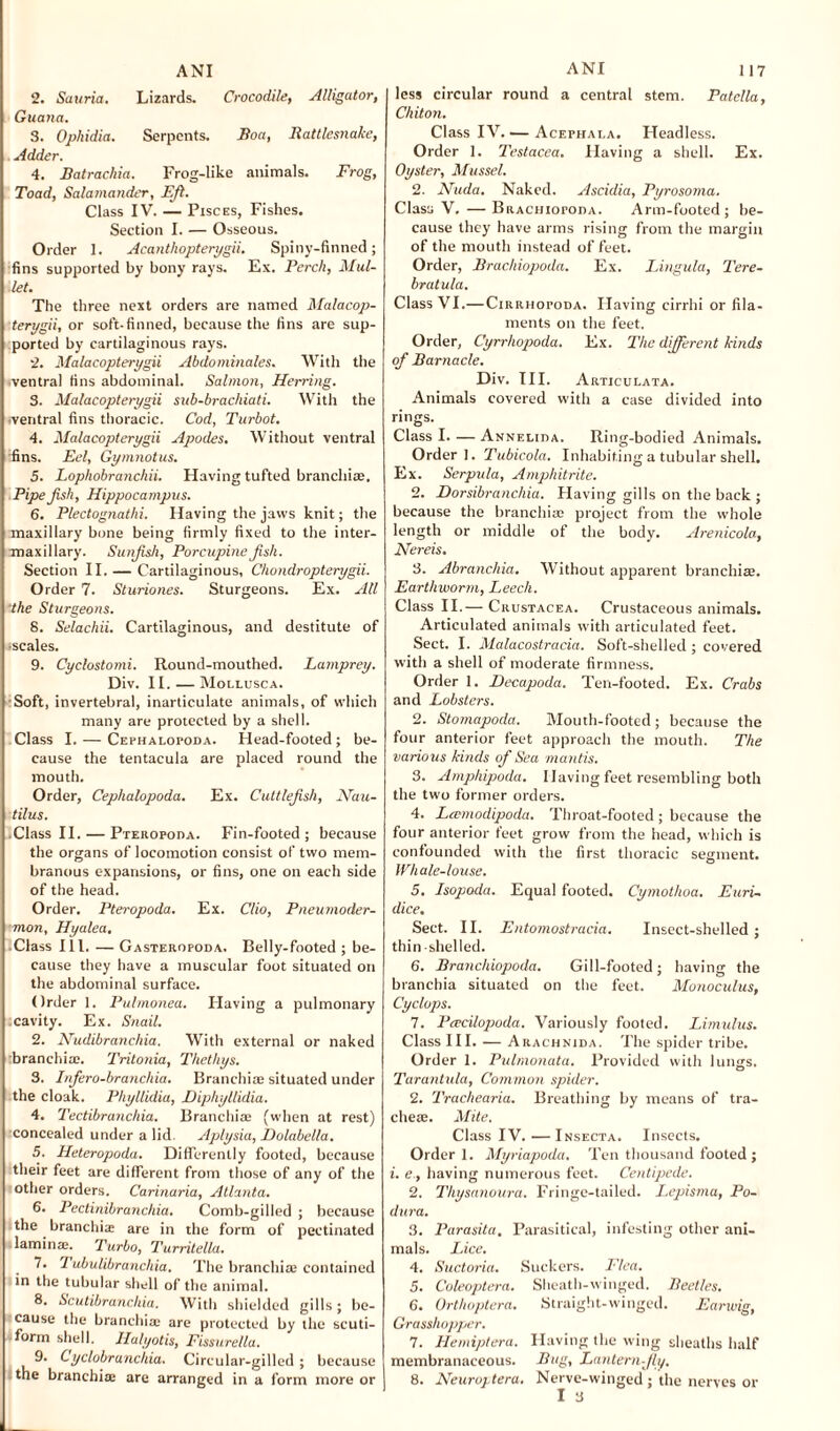 2. Sauria. Lizards. Crocodile, Alligator, Guana. 3. Ophidia. Serpents. Boa, Rattlesnake, Adder. 4. Batrachia. Frog-like animals. Frog, Toad, Salamander, Eft. Class IV. — Pisces, Fishes. Section I. — Osseous. Order I. Acanthopterygii. Spiny-finned; fins supported by bony rays. Ex. Perch, Mul¬ let. The three next orders are named Malacop¬ terygii, or soft-finned, because the fins are sup¬ ported by cartilaginous rays. 2. Malacopterygii Abdominales. With the ventral fins abdominal. Salmon, Herring. 3. Malacopterygii sub-brachiati. With the iventral fins thoracic. Cod, Turbot. 4. Malacopterygii Apocles. Without ventral fins. Eel, Gymnotus. 5. Lophobranchii. Having tufted branchiae. Pipe fish. Hippocampus. 6. Plectognathi. Having the jaws knit; the maxillary bone being firmly fixed to the inter¬ maxillary. Sunfish, Porcupine fish. Section II. — Cartilaginous, Chondropterygii. Order 7. Sturiones. Sturgeons. Ex. All ‘the Sturgeons. 8. Selachii. Cartilaginous, and destitute of •scales. 9. Cyclostomi. Round-mouthed. Lamprey. Div. II. — Mollusc a. Soft, invertebral, inarticulate animals, of which many are protected by a shell. Class I. — Cephalopoda. Head-footed; be¬ cause the tentacula are placed round the mouth. Order, Cephalopoda. Ex. Cuttlefish, Nau¬ tilus. Class II. — Pteropoda. Fin-footed; because the organs of locomotion consist of two mem¬ branous expansions, or fins, one on each side of the head. Order. Pteropoda. Ex. Clio, Pneumoder- mon, Hyalea, Class III. — Gasteropoda. Belly-footed ; be¬ cause they have a muscular foot situated on the abdominal surface. Order 1. Pulmonea. Flaving a pulmonary ;cavity. Ex. Snail. 2. Nudibranchia. With external or naked branchia?. Tritonia, Thethys. 3. Infero-branchia. Branchia; situated under the cloak. Phyllidia, Diphyllidia. 4. Tectibranchia. Branchia; (when at rest) concealed under a lid Aplysia, Holabella. 5. Heteropoda. Differently footed, because their feet are different from those of any of the other orders. Carinaria, Atlanta. 6. Pectinibranchia. Comb-gilled ; because the branchia; are in the form of pectinated laminae. Turbo, Turritella. 7. 1 ubulibranchia. The branchia; contained in the tubular shell of the animal. 8. Scutibranchia. With shielded gills; be¬ cause the branchiae are protected by the scuti- form shell. Halyotis, Fissure/la. 9. Cyclobranchia. Circular-gilled ; because the branchiae are arranged in a form more or less circular round a central stem. Patella, Chiton. Class IV. — Acephala. Headless. Order 1. Testacea. Having a shell. Ex. Oyster, Mussel. 2. Nuda. Naked. Ascidia, Pyrosoma. Class V.—Brachiopoda. Arm-footed; be¬ cause they have arms rising from the margin of the mouth instead of feet. Order, Brachiopoda. Ex. Lingula, Tere- bratula. Class VI.—Cirrhopoda. Having cirrhi or fila¬ ments on the feet. Order, C'yrrhopoda. Ex. The different kinds of Barnacle. Div. III. Articulata. Animals covered with a case divided into rings. Class I. — Annelida. Ring-bodied Animals. Order!. Tubicola. Inhabiting a tubular shell. Ex. Serpula, Amphitrite. 2. Horsibranchia. Having gills on the back ; because the branchia; project from the whole length or middle of the body. Arenicola, Nereis. 3. Abranchia. Without apparent branchiae. Earthworm, Leech. Class II.— Crustacea. Crustaceous animals. Articulated animals with articulated feet. Sect. I. Malacostracia. Soft-shelled ; covered with a shell of moderate firmness. Order 1. Decapoda. Ten-footed. Ex. Crabs and Lobsters. 2. Stomapoda. Mouth-footed; because the four anterior feet approach the mouth. The various kinds of Sea mantis. 3. Amphipoda. Having feet resembling both the two former orders. 4. Lcemodipoda. Throat-footed ; because the four anterior feet grow from the head, which is confounded with the first thoracic segment. Whale-louse. 5. Isopoda. Equal footed. Cymothoa. Euri- dice. Sect. 11. Entomostracia. Insect-shelled ; thin-shelled. 6. Branchiopoda. Gill-footed; having the branchia situated on the feet. Monoculus, Cyclops. 7. Pcecilopoda. Variously footed. Limulus. Class III. — Arachnida. The spider tribe. Order 1. Pulmonata. Provided with lungs. Tarantula, Common spider. 2. Trachearia. Breathing by means of tra- chete. Mite. Class IV. — Insecta. Insects. Order 1. Myriapoda. Ten thousand footed ; i. e, having numerous feet. Centipede. 2. Thysanoura. Fringe-tailed. Lepisma, Po- dura. 3. Parasita. Parasitical, infesting other ani¬ mals. Lice. 4. Suctoria. Suckers. Flea. 5. Coleoptera. Sheath-winged. Beetles. 6. Orthoptera. Straight-winged. Earwig, Grasshopper. 7. Hemiptera. Having the wing sheaths half membranaceous. Bug, Lantern-fly. 8. Neuroptera. Nerve-winged ; the nerves or