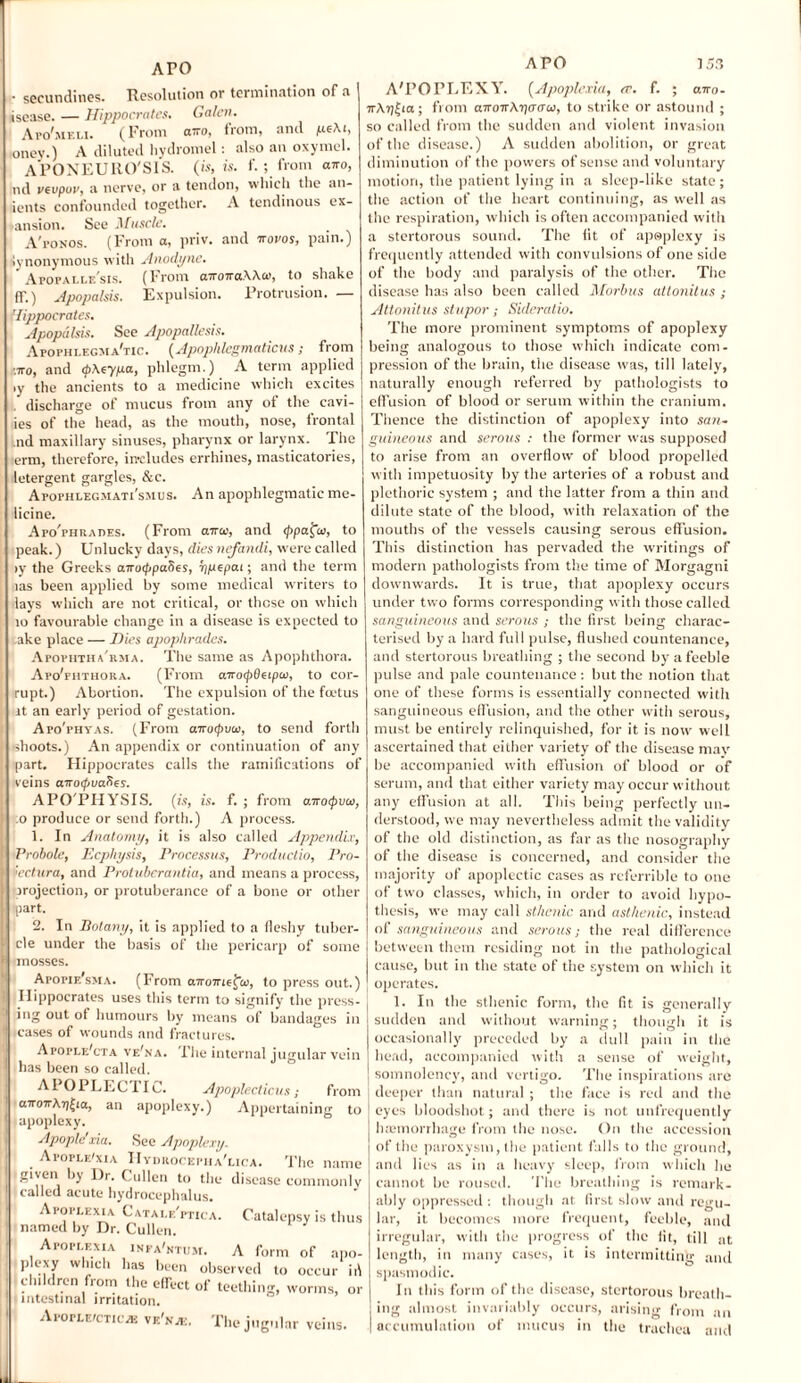 • secundines. Resolution or termination of a isease. — Hippocrates. Galen. Apo'jiew. (prom euro, from, and oney.) A diluted hydromel: also an oxymel. APONEURO'SIS. (is, is. f. ; from otto, nd vevpov, a nerve, or a tendon, which the an- ients confounded together. A tendinous ex- ansion. See Muscle. A'fonos. (From a, priv. and irovos, pain.) Synonymous with Anodyne. Apopalle'sis. (From atrotraWw, to shake flf.) Apopalsis. Expulsion. Protrusion. • Hippocrates. Apopalsis. See Apopallesis. Apophlegma'tic. (Apophlegmaticus; from ’.iro, and (p\eypa, phlegm.) A term applied iy the ancients to a medicine which excites . discharge of mucus from any of the cavi- ies of the head, as the mouth, nose, frontal nd maxillary sinuses, pharynx or larynx. The erm, therefore, includes errhines, masticatories, letergent gargles, &c. Apophlegmati'smus. An apophlegmatic me- licine. ApoThrades. (From airce, and tppa^ui, to peak.) Unlucky days, diesnefandi, w'ere called >y the Greeks airotppaSes, rjpepai; and the term las been applied by some medical writers to lays which are not critical, or those on which to favourable change in a disease is expected to ake place — Hies apophrades. Apophtha'rma. The same as Apophthora. Apo'fhthora. (From airotpBeipin, to cor¬ rupt.) Abortion. The expulsion of the foetus at an early period of gestation. Apo'phyas. (From anucpucc, to send forth shoots.) An appendix or continuation of any part. Hippocrates calls the ramifications of veins avoipvalies. APO'PIIYSIS. (is, is. f. ; from o.iroipuw, :o produce or send forth.) A process. 1. In Anatomy, it is also called Appendix, Probole, Ecphysis, Processus, Productio, Pro- 'cctura, and Protuberantia, and means a process, projection, or protuberance of a bone or other part. 2. In Botany, it is applied to a fleshy tuber¬ cle under the basis of the pericarp of sorni .mosses. Apopie'sma. (From aironiefa, to press out. Hippocrates uses this term to signify the press ing out of humours by means of bandages ii icases of wounds and fractures. Apople'cta ve'na. The internal jugul ar ven has been so called. APOPLECTIC. Apoplecticus; fron ano-irX-q^ia, an apoplexy.) Appertaining ti apoplexy. Apople'xia. See Apoplexy. Apople'xia Hydrocepha'lica. The nam .given by Dr. Cullen to the ! called acute hydrocephalus. Apoplexia Catale,ptica. named by Dr. Cullen. Apoplexia infa'ntum. A form of apr p exy Which lias been observed to occur i children from the efTect of teething, worms, c intestinal irritation. AporLE/cnc.® vf.'na:. The jugular veins. disease commonl Catalepsy is thu A'POPLEXY. (Apoplexia, <v. f. ; coro- 7tAt)|ia; from a-noitXpcrau, to strike or astound ; so called from the sudden and violent invasion of the disease.) A sudden abolition, or great diminution of the powers of sense and voluntary motion, the patient lying in a sleep-like state ; the action of the heart continuing, as well as the respiration, which is often accompanied with a stertorous sound. The lit of apoplexy is frequently attended with convulsions of one side of the body and paralysis of the other. The disease has also been called Morbus atlonitus ; Attonitus stupor; Sideralio. The more prominent symptoms of apoplexy being analogous to those which indicate com¬ pression of the brain, the disease was, till lately, naturally enough referred by pathologists to effusion of blood or serum within the cranium. Thence the distinction of apoplexy into san¬ guineous and serous : the former was supposed to arise from an overflow of blood propelled with impetuosity by the arteries of a robust and plethoric system ; and the latter from a thin and dilute state of the blood, with relaxation of the mouths of the vessels causing serous effusion. This distinction has pervaded the writings of modern pathologists from the time of Morgagni downwards. It is true, that apoplexy occurs under two forms corresponding with those called sanguineous and serous ; the first being charac¬ terised by a hard full pulse, flushed countenance, and stertorous breathing ; the second by a feeble pulse and pale countenance : but the notion that one of these forms is essentially connected with sanguineous effusion, and the other with serous, must be entirely relinquished, for it is now well ascertained that either variety of the disease may¬ be accompanied with effusion of blood or of serum, and that either variety may occur without any effusion at all. This being perfectly un¬ derstood, we may nevertheless admit the validity of the old distinction, as far as the nosography of the disease is concerned, and consider the majority of apoplectic cases as referrible to one of two classes, which, in order to avoid hypo¬ thesis, we may call sthenic and asthenic, instead of sanguineous and serous; the real difference between them residing not in the pathological cause, but in the state of the system on which it operates. 1. In the sthenic form, the fit is generally sudden and without warning; though it is occasionally preceded by a dull pain in the head, accompanied with a sense of weight, ! somnolency, and vertigo. The inspirations are deeper than natural ; the face is red and the eyes bloodshot; and there is not unfrequently hasmorrhage from the nose. On the accession of the paroxysm, the patient falls to the ground, and lies as in a heavy sleep, from which he cannot be roused. The breathing is remark¬ ably oppressed : though at first slow and regu¬ lar, it becomes more frequent, feeble, and irregular, with the progress of the fit, till at length, in many cases, it is intermitting and spasmodic. In this form of the disease, stertorous breath¬ ing almost invariably occurs, arising from an accumulation of mucus in the trachea and