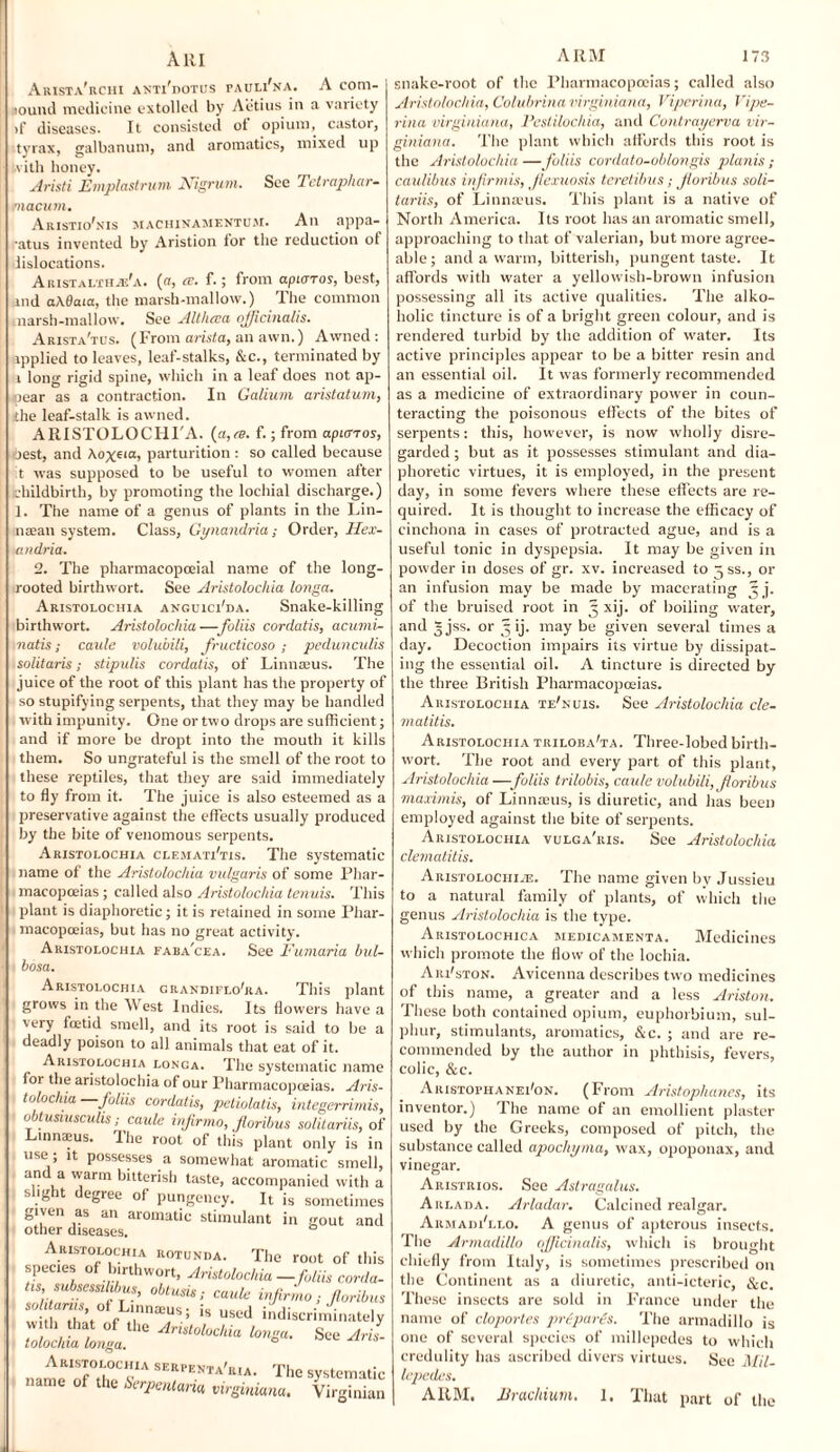 Arista'rchi ANTl'nOTUS PAULINA. A com- iound medicine extolled by Aetius in a variety >f diseases. It consisted of opium, castor, tyrax, galbanum, and aromatics, mixed up villi honey. Aristi Emplastrum Nigrum. See Tetraphar- tnacum. Aristio'nis machinamentum. An appa¬ ratus invented by Aristion for the reduction of lislocations. Aristalth.e'a. (or, cc. f.; from apurros, best, and a\6aia, the marsh-mallow.) The common marsh-mallow. See Althaea officinalis. Arista'tus. (From arista, an awn.) Awned: applied to leaves, leaf-stalks, &c., terminated by j long rigid spine, which in a leaf does not ap¬ pear as a contraction. In Galium aristatum, the leaf-stalk is awned. ARISTOLOCHI'A. (a,ce. f. • from apurros, best, and Aox«ur> parturition: so called because :t was supposed to be useful to women after nhildbirth, by promoting the lochial discharge.) 1. The name of a genus of plants in the Lin- nsean system. Class, Gynandria; Order, Hex- andria. 2. The pharmacopceial name of the long- rooted birthwort. See Aristolochia longa. Aristolochia anguici'da. Snake-killing birthwort. Aristolochia — foliis cordatis, acumi- natis; caule volubili, fructicoso ; pedunculis solitaris; stipulis cordatis, of Linnaeus. The juice of the root of this plant has the property of so stupifying serpents, that they may be handled with impunity. One or two drops are sufficient; and if more be dropt into the mouth it kills them. So ungrateful is the smell of the root to these reptiles, that they are said immediately to fly from it. The juice is also esteemed as a preservative against the effects usually produced by the bite of venomous serpents. Aristolochia clemati'tis. The systematic name of the Aristolochia vulgaris of some Phar¬ macopoeias ; called also Aristolochia tenuis. This plant is diaphoretic; it is retained in some Phar¬ macopoeias, but has no great activity. Aristolochia faba'cea. See Fumaria bul¬ losa. Aristolochia grandiflo'ra. This plar grows in the West Indies. Its flowers have very foetid smell, and its root is said to be deadly poison to all animals that eat of it. Aristolochia longa. The systematic nam lor the aristolochia of our Pharmacopoeias. Ari: tolochia—foliis cordatis, petiolatis, integerrimi. obtusiusculis; caule infir mo, floribus solilariis, c Linnaeus. The root of this plant only is i use ; it possesses a somewhat aromatic smel and a warm bitterish taste, accompanied with slight degree of pungency. It is sometime given as an aromatic stimulant in gout an other diseases. Aristolochia rotunda. The root of th species of birthwort, Aristolochia —foliis cordc tis, subsessihbus, obtusis; caule infir mo; floribi hi; fLrSUS; is used indiscriminate! w th that of the Aristolochia longa. See Ari tolochia longa. ° Aristolochia serpenta'ria. The systemat: name of the Serpentaria virginiana. Virginia . snake-root of the Pharmacopoeias; called also Aristolochia, Colubrina virginiana, Viperina, Vipe- rina virginiana, Pestilockia, and Contrayerva vir¬ giniana. The plant which affords this root is the Aristolochia —foliis cordato-oblongis planis ; caulibus injirmis, fiexuosis teretibus; fioribus soli- tariis, of Linnaeus. This plant is a native of North America. Its root has an aromatic smell, approaching to that of valerian, but more agree¬ able ; and a warm, bitterish, pungent taste. It affords with water a yellowish-brown infusion possessing all its active qualities. The alko- liolic tincture is of a bright green colour, and is rendered turbid by the addition of water. Its active principles appear to be a bitter resin and an essential oil. It was formerly recommended as a medicine of extraordinary power in coun¬ teracting the poisonous effects of the bites of serpents: this, however, is now wholly disre¬ garded ; but as it possesses stimulant and dia¬ phoretic virtues, it is employed, in the present day, in some fevers where these effects are re¬ quired. It is thought to increase the efficacy of cinchona in cases of protracted ague, and is a useful tonic in dyspepsia. It may be given in powder in doses of gr. xv. increased to jss., or an infusion may be made by macerating 3 j. of the bruised root in 3 xij. of boiling water, and §jss. or 3 ij. may be given several times a day. Decoction impairs its virtue by dissipat¬ ing the essential oil. A tincture is directed by the three British Pharmacopoeias. Aristolochia te'nuis. See Aristolochia cle- matitis. Aristolochia triloba'ta. Three-lobed birth¬ wort. The root and every part of this plant, Aristolochia —-foliis trilobis, caule volubili, fioribus maximis, of Linnaeus, is diuretic, and has been employed against the bite of serpents. Aristolochia vulga'ris. See Aristolochia clematitis. Aristolochi-e. The name given by Jussieu to a natural family of plants, of which the genus Aristolochia is the type. Aristolochica medicamenta. Medicines which promote the flow of the lochia. Aiu'ston. Avicenna describes two medicines of this name, a greater and a less Ariston. These both contained opium, euphorbium, sul¬ phur, stimulants, aromatics, &c. ; and are re¬ commended by the author in phthisis, fevers, colic, &c. Aristofhanei'on. (From Aristophanes, its inventor.) The name of an emollient plaster used by the Greeks, composed of pitch, the substance called apochynia, wax, opoponax, and vinegar. Aristrios. See Astragalus. Arlada. Arladar. Calcined realgar. Armaih'i.lo. A genus of apterous insects. The Armadillo officinalis, which is brought chiefly from Italy, is sometimes prescribed on the Continent as a diuretic, anti-icteric, &c. These insects are sold in France under the name of cloportes prepares. The armadillo is one of several species of millepedes to which credulity has ascribed divers virtues. See Mil¬ lepedes. ARM. Erachium. 1. That part of the