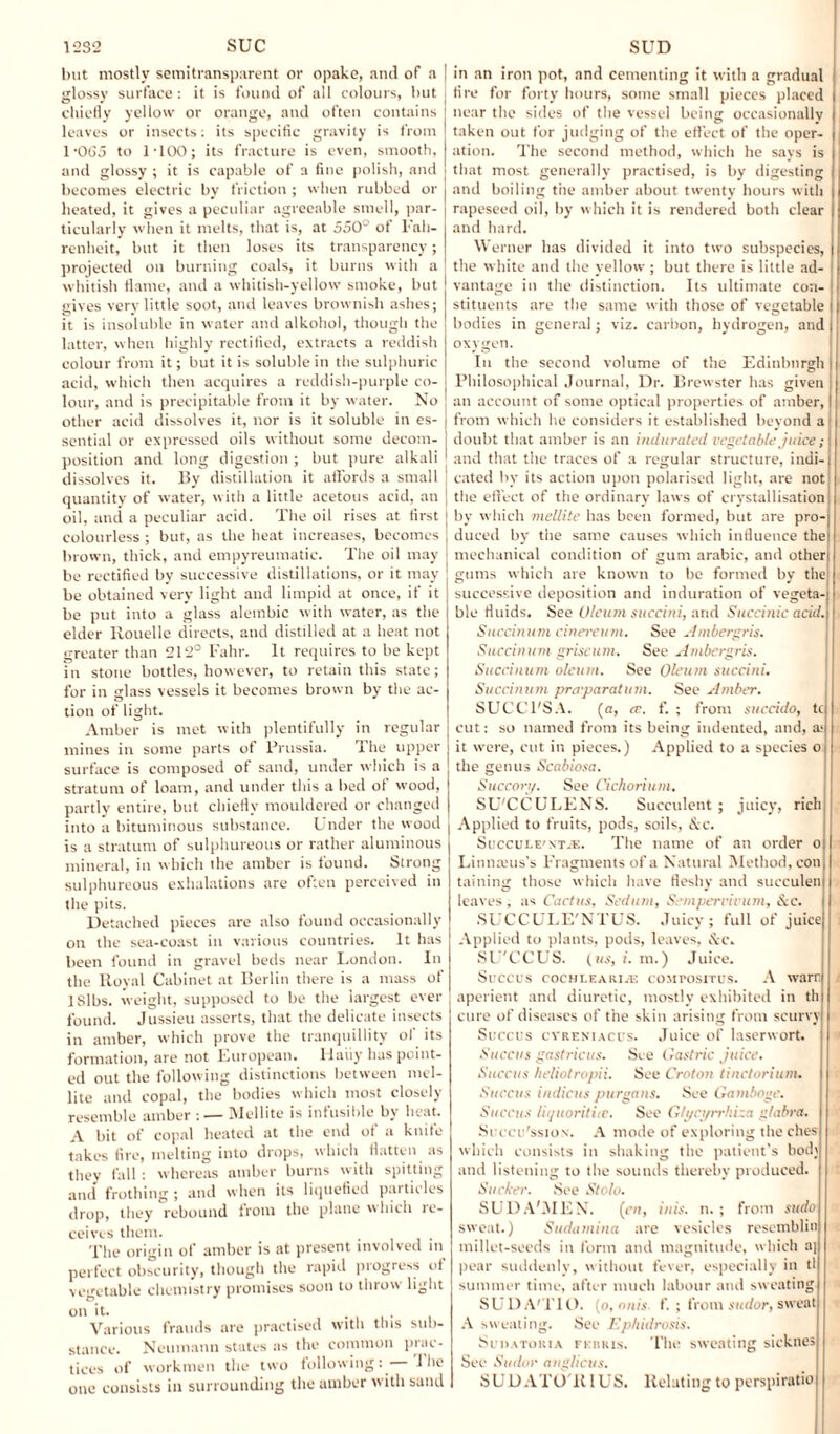 but mostly semitransparent or opake, and of a glossy surface: it is found of all colours, but chiefly yellow or orange, and often contains leaves or insects: its specific gravity is from 1-065 to 1-100; its fracture is even, smooth, and glossy ; it is capable of a fine polish, and becomes electric by friction ; when rubbed or heated, it gives a peculiar agreeable smell, par¬ ticularly when it melts, that is, at 550° of Fah¬ renheit, but it then loses its transparency; projected on burning coals, it burns with a whitish flame, and a whitish-yellow smoke, but gives very little soot, and leaves brownish ashes; it is insoluble in water and alkohol, though the latter, when highly rectified, extracts a reddish colour from it; but it is soluble in the sulphuric acid, which then acquires a reddish-purple co¬ lour, and is precipitable from it by water. No other acid dissolves it, nor is it soluble in es¬ sential or expressed oils without some decom¬ position and long digestion ; but pure alkali dissolves it. By distillation it affords a small quantity of water, with a little acetous acid, an oil, and a peculiar acid. The oil rises at first colourless ; but, as the heat increases, becomes brown, thick, and empyreumatic. The oil may be rectified by successive distillations, or it may¬ be obtained very light and limpid at once, if it be put into a glass alembic with water, as the elder llouelle directs, and distilled at a heat not greater than 212° Fahr. It requires to be kept in stone bottles, however, to retain this state; for in glass vessels it becomes brown by the ac¬ tion of light. Amber is met with plentifully in regular mines in some parts of Prussia. The upper surface is composed of sand, under which is a stratum of loam, and under this a bed of wood, partly entire, but chiefly mouldered or changed into a bituminous substance. Under the wood is a stratum of sulphureous or rather aluminous mineral, in which the amber is found. Strong sulphureous exhalations are often perceived in the pits. Detached pieces are also found occasionally on the sea-coast in various countries. It has been found in gravel beds near London. In the Royal Cabinet at Berlin there is a mass of ISlbs. weight, supposed to be the largest ever found. Jussieu asserts, that the delicate insects in amber, which prove the tranquillity of its formation, are not European. Haiiy has point¬ ed out the following distinctions between incl¬ ine and copal, the bodies which most closely resemble amber :— Mellite is infusible by heat. A bit of copal heated at the end of a knife takes fire, melting into drops, which flatten as they fall : whereas amber burns with spitting and frothing ; and when its liquefied particles drop, they rebound from the plane which re¬ ceives them. The origin of amber is at present involved m perfect obscurity, though the rapid progress ot vegetable chemistry promises soon to throw light on it. Various frauds are practised with this sub¬ stance. Neumann states as the common prac¬ tices of workmen the two following: 1 lie one consists in surrounding the amber with sand in an iron pot, and cementing it with a gradual fire for forty hours, some small pieces placed near the sides of the vessel being occasionally taken out for judging of the effect of the oper¬ ation. The second method, which he says is that most generally practised, is by digesting and boiling the amber about twenty hours with rapeseed oil, by which it is rendered both clear and hard. Werner has divided it into two subspecies, the white and the yellow ; but there is little ad¬ vantage in the distinction. Its ultimate con¬ stituents are the same with those of vegetable bodies in general; viz. carbon, hydrogen, and ; oxygen. In the second volume of the Edinburgh Philosophical Journal, Dr. Brewster has given an account of some optical properties of amber, from which he considers it established beyond a doubt that amber is an indurated vegetable juice; and that the traces of a regular structure, indi-j cated by its action upon polarised light, are not the effect of the ordinary laws of crystallisation by which mellite has been formed, but are pro-| dueed by the same causes which influence the mechanical condition of gum arabic, and other gums which are known to be formed by the successive deposition and induration of vegeta¬ ble fluids. See Oleum succini, and Succinic acid. Succinum cinereum. See Ambergris. Succinum griscum. See Ambergris. Succinum oleum. See Oleum succini. Succinum praparatum. See Amber. SUCCl'SA. (a, re. f. ; from succido, tc cut: so named from its being indented, and, a< it were, cut in pieces.) Applied to a species o the genus Scabiosa. Succor)/. See Cichorium. SU'CCULENS. Succulent; juicy, rich Applied to fruits, pods, soils, &c. Succl-le'nt-e. The name of an order o Linnams’s Fragments of a Natural Method, con tabling those which have fleshy and succulen leaves, as Cactus, Sedum, Semperrivum, Sc. SUCCULE'NTUS. Juicy; full of juice Applied to plants, pods, leaves, &c. SU'CCUS. (us, i. m.) Juice. Succus cochlea ri.e compositus. A warn aperient and diuretic, mostly exhibited in th cure of diseases of the skin arising from scurvy Succus cvreniacus. Juice of laserwort. Succus gastricus. See Gastric juice. Succus heliotropii. See Croton tinctorium. Succus indicus purgans. See Gamboge. Succus iii/uorititc. See G/gn/rrki :rt glabra. Succu'ssion. A mode of exploring theches which consists in shaking the patient’s bod) and listening to the sounds thereby produced. Sucker. See Stolo. SUDA'MEN. (<-», inis. n.; from sudo sweat.) Sudamina are vesicles resemblin millet-seeds in form and magnitude, which a| pear suddenly, without fever, especially in tl summer time, after much labour ami sweating SUDA'TlO. (o,onis f. ; from sudor, sweat A sweating. See Ephidrosis. Sudatoria fkiihis. The sweating sicknes See Sudor anglicus. SUDATOTIIUS. Relating to perspiratio