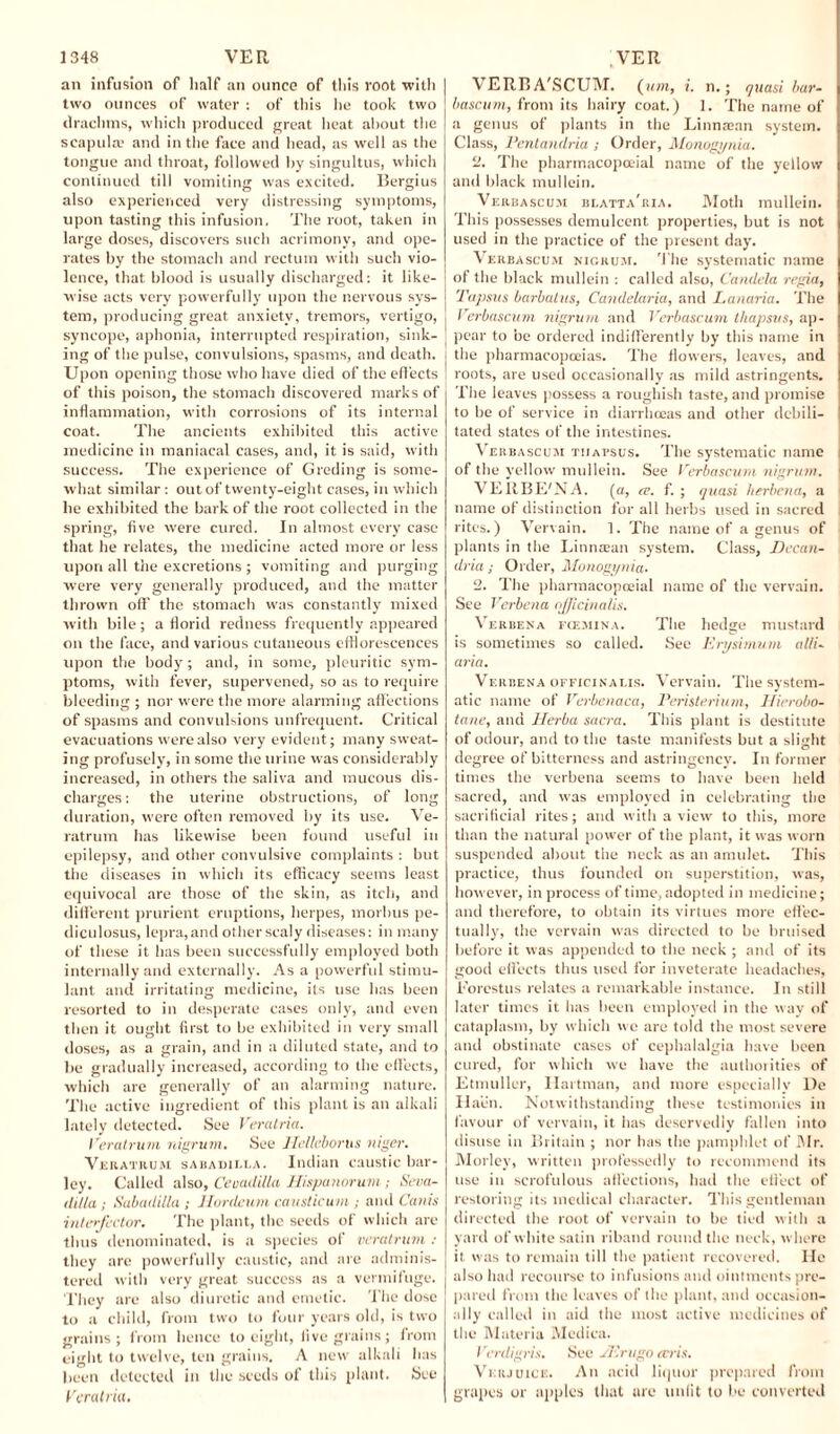 an infusion of lialf an ounce of this root with two ounces of water : of this he took two drachms, which produced great heat about the scapula’ and in the face and head, as well as the tongue and throat, followed by singultus, which continued till vomiting was excited. Bergius also experienced very distressing symptoms, upon tasting this infusion. The root, taken in large doses, discovers such acrimony, and ope¬ rates by the stomach and rectum with such vio¬ lence, that blood is usually discharged: it like¬ wise acts very powerfully upon the nervous sys¬ tem, producing great anxiety, tremors, vertigo, syncope, aphonia, interrupted respiration, sink¬ ing of the pulse, convulsions, spasms, and death. Upon opening those who have died of the effects of this poison, the stomach discovered marks of inflammation, with corrosions of its internal coat. The ancients exhibited this active medicine in maniacal cases, and, it is said, with success. The experience of Greding is some¬ what similar: out of twenty-eight cases, in which he exhibited the bark of the root collected in the spring, five were cured. In almost every case that he relates, the medicine acted more or less upon all the excretions ; vomiting and purging were very generally produced, and the matter thrown off the stomach was constantly mixed with bile; a florid redness frequently appeared on the face, and various cutaneous efflorescences upon the body; and, in some, pleuritic sym¬ ptoms, with fever, supervened, so as to require bleeding ; nor were the more alarming affections of spasms and convulsions unfrequent. Critical evacuations were also very evident; many sweat¬ ing profusely, in some the urine was considerably increased, in others the saliva and mucous dis¬ charges: the uterine obstructions, of long duration, were often removed by its use. Ve- ratrum has likewise been found useful in epilepsy, and other convulsive complaints : but the diseases in which its efficacy seems least equivocal are those of the skin, as itch, and different prurient eruptions, herpes, morbus pe- diculosus, lepra,and other scaly diseases: in many of these it has been successfully employed both internally and externally. As a powerful stimu¬ lant and irritating medicine, its use has been resorted to in desperate cases only, and even then it ought first to be exhibited in very small doses, as a grain, and in a diluted state, and to be gradually increased, according to the effects, which are generally of an alarming nature. The active ingredient of this plant is an alkali lately detected. See Veratria. Veralrum nigrum. See Helleborus niger. Veuatrum sabadilla. Indian caustic bar¬ ley. Called also, Ceoadilla Hispanorum ; Seva- tlilla; Sabadilla ; Honleum causticum ; and Cams intcrfector. The plant, the seeds of which are thus denominated, is a species of veralrum : they are powerfully caustic, and are adminis¬ tered with very great success as a vermifuge. They are also diuretic and emetic. The dose to a child, from two to four years old, is two grains; from hence to eight, five grains; from eight to twelve, ten grains. A new alkali has been detected in the seeds of this plant. See Veralria. VERB A'SCUM. ( um, i. n.; quasi bar- bascum, from its hairy coat.) 1. The name of a genus of plants in the Linnaean system. Class, Pentandria ; Order, Monogynia. ‘2. The pharmacopoeial name of the yellow and black mullein. Verbascum blatta'ria. Moth mullein. This possesses demulcent properties, but is not used in the practice of the present day. Verbascum nigrum. The systematic name of the black mullein : called also, Candela regia, Tapsus barbatus, Candelaria, and Lanaria. The Verbascum nigrum and Verbascum lhapsus, ap¬ pear to be ordered indifferently by this name in the pharmacopoeias. The flowers, leaves, and roots, are used occasionally as mild astringents. The leaves possess a roughish taste, and promise to be of service in diarrhoeas and other debili¬ tated states of the intestines. Verbascum tiiapsus. The systematic name of the yellow mullein. See Verbascum nigrum. VEUBE'NA. (a, re. f. ; quasi herbena, a name of distinction for all herbs used in sacred rites.) Vervain. 1. The name of a genus of plants in the Linnaean system. Class, Decan- dria; Order, Monogynia. 2. The pharmacopoeial name of the vervain. See Verbena officinalis. Verbena fcemina. The hedge mustard is sometimes so called. See Erysimum alii- aria. Verbena officinalis. Vervain. The system¬ atic name of Verbenaca, Peristerium, Hierobo- tane, and Herba sacra. This plant is destitute of odour, and to the taste manifests but a slight degree of bitterness and astringency. In former times the verbena seems to have been held sacred, and was employed in celebrating the sacrificial rites; and with a view to this, more than the natural power of the plant, it was worn suspended about the neck as an amulet. This practice, thus founded on superstition, was, however, in process of time, adopted in medicine; and therefore, to obtain its virtues more effec¬ tually, the vervain was directed to be bruised before it was appended to the neck ; and of its good effects thus used for inveterate headaches, Forestus relates a remarkable instance. In still later times it has been employed in the way of cataplasm, by which we are told the most severe and obstinate cases of cephalalgia have been cured, for which we have the authorities of Etmuller, Ilartman, and more especially De Haen. Notwithstanding these testimonies in favour of vervain, it has deservedly fallen into disuse in Britain ; nor has the pamphlet of Air. Morley, written professedly to recommend its use in scrofulous affections, had the effect of restoring its medical character. This gentleman directed the root of vervain to be tied with a yard of white satin riband round the neck, where it was to remain till the patient recovered. He also had recourse to infusions and ointments pre¬ pared from the leaves of the plant, and occasion¬ ally called in aid the most active medicines of the Materia Mediea. I 'erdigris. See JErugo amis. Verjuice. An acid liquor prepared from grapes or apples that are unfit to be converted