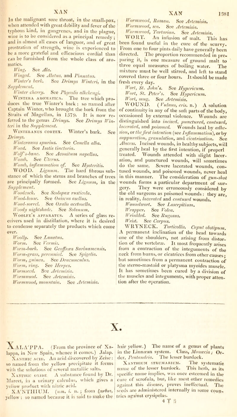 XAN Jn the malignant sore throat, in the small-pox, i when attended with great debility and fever of the ( typhous kind, in gangrenes, and in the plague, wine is to be considered as a principal remedy ; | and in almost all cases of languor, and of great prostration of strength, wine is experienced to be a more grateful and efficacious cordial than can be furnished from the whole class of aro¬ matics. fl ing- See Ala. Winged. See Alat us, and Pinnatus. II inter's bark. See Drimys Winteri, in the Supplement. Winter cherry. See P/iysalis alkckengi. Winter a aromatica. The tree which pro¬ duces the true Winter’s bark : so named after Captain Winter, who brought the bark from the Straits of Magellan, in 1579. It is now re¬ ferred to the genus Drimys. See Drimys Win- tcri in the Supplement. W interanus cortex. Winter’s bark. See Drimys. Winteranus spurius. See Canella alba. Wood. See Isatis linctoria. Wolf s-bane. See Aconitum napellus. Womb. See Uterus. Womb, inflammation of. See Husteritis. WOOD. Lignum. The hard fibrous sub¬ stance of which the stems and branches of trees are principally formed. See Lignum, in the Supplement. Woodcock. See Scolopax rusticola. Wood-louse. See Oniscns asellus. Wood-sorrel. See Oxalis acetosella. Woody nightshade. See Solatium. Woolfe’s apraratus. A series of glass re¬ ceivers used in distillation, where it is desired to condense separately the products which come over. Woolly. See Lanatus. Worm. See Vermis. Worm-bark. See Geoffrrea Surinamensis. Worm-grass, perennial. See Spigelia. Worm, guinea. See Dracunculus. Worm, ring. See Herpes. Wormseed. See Artemisia. Wormwood. See Artemisia. Wormwood, mountain. See Artemisia. XAN 1381 II ormwood, Homan. See Artemisia, II orm wood, sea. See Artemisia. Wormwood, Tartarian. See Artemisia. WORT. An infusion of malt. This has been found useful in the cure of the scurvy. From one to four pints daily have generally been directed. The proportion recommended in pre¬ paring it, is one measure of ground malt to three equal measures of boiling water. The mixture must be well stirred, and left to stand covered three or four hours. It should be made fresh every day. If ort, St. John's. See Hypericum. Wort, St. Peter’s. See Hypericum. Wort, mug. See Artemisia. AV OUN1). ( Vulnus, eris. n.) A solution of continuity in any of the soft parts of the body, occasioned by external violence. Wounds are distinguished into incised, punctured, contused, lacerated, and poisoned. Wounds heal by adhe¬ sion, or the first intention (see Inflammation), or by suppuration, granulation, and cicatrisation. See Abscess. Incised wounds, in healthy subjects, will generally heal by the first intention, if properl treated. Wounds attended with slight lacer¬ ation, and punctured wounds, will sometimes do the same. Severe lacerated wounds, con¬ tused wounds, and poisoned wounds, never heal in this manner. The consideration of gun-shot wounds forms a particular department of sur¬ gery. They were erroneously considered by the old surgeons as poisoned wounds : they are, in reality, lacerated and contused wounds. Woundwort. See Laserpitium. Wrapper. See Volva. Wrinkled. See Hugosus. Wrist. See Carpus. WRYNECK. Torticollis. Caput obstipum. A permanent inclination of the head towards one of the shoulders, not arising from distor¬ tion of the vertebrae. It most frequently arises from a contraction of the integuments of the neck from burns, or cicatrices from other causes- but sometimes from a permanent contraction of the sterno-mastoid or platysma myoides muscle. It has sometimes been cured by a division of the muscles and integuments, with proper atten¬ tion after the operation. X ALA'I’PA. (From the province of Xa- lappa, in New Spain, whence it comes.) Jalap. Xanthic acid. An acid discovered by Zeise: so named from the yellow precipitate it forms with the solutions of several metallic salts. Xanthic oxide A substance found by Dr. Marcet, in a urinary calculus, which gives a yellow product with nitric acid. XA'NTIIIUM. {uni, i. n. ; from (arOos, yellow : so named because it is said to make the hair yellow.) The name of a genus of plants in the Linmean system. Class, Moncccia; Or¬ der. Fentandria. The lesser burdock. Xanthium strumarium. The systematic name of the lesser burdock. This herb, as its specific name implies, was once esteemed in the cure of scrofula, but, like most other remedies against this disease, proves ineffectual. The seeds are administered internally in some coup- tries against erysipelas.