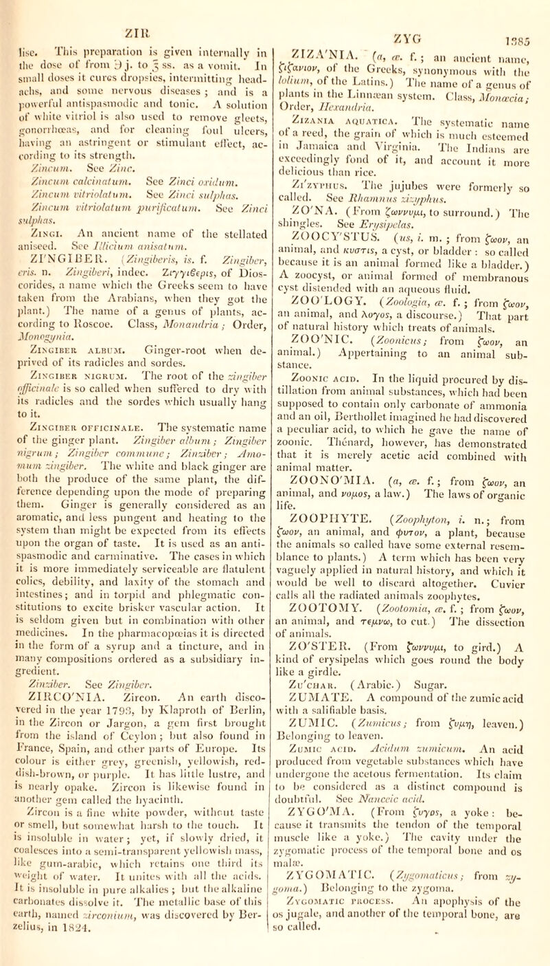 zir lise. This preparation is given internally in the dose of from y j. to 3 ss. as a vomit. In small doses it cures dropsies, intermitting head- achs, and some nervous diseases ; and is a powerful antispasmodic and tonic. A solution of white vitriol is also used to remove gleets, gonorrhoeas, and for cleaning foul ulcers, having an astringent or stimulant effect, ac¬ cording to its strength. Zincum. See Zinc. Zincum calcinatum. See Zinci oxidum. Zincum vitriolatum. See Zinci sulphas. Zincum vitriolatum purificatum. See Zinci sulphas. Zingi. An ancient name of the stellated aniseed. See Illicium anisatum. ZI'N'GIUER. (Zingiberis, is. f. Zingiber, eris. n. Zingiberi, indec. ZiyyiSepis, of Dios- corides, a name which the Greeks seem to have taken from the Arabians, when they got the plant.) The name of a genus of plants, ac¬ cording to Roscoe. Class, Monandria; Order, Monogynia. Zingiber album. Ginger-root when de¬ prived of its radicles and sordes. Zingiber nigrum. The root of the zingiber officinale is so called when suffered to dry with its radicles and the sordes which usually hang to it. Zingiber officinale. The systematic name of the ginger plant. Zingiber album; Zingiber nigrum; Zingiber commune; Zinziber; Amo- mum zingiber. The white and black ginger are both the produce of the same plant, the dif¬ ference depending upon the mode of preparing them. Ginger is generally considered as an aromatic, and less pungent and heating to the system than might be expected from its effects upon the organ of taste. It is used as an anti¬ spasmodic and carminative. The cases in which it is more immediately serviceable are flatulent colics, debility, and laxity of the stomach and intestines; and in torpid and phlegmatic con¬ stitutions to excite brisker vascular action. It is seldom given but in combination with other medicines. In the pharmacopoeias it is directed in the form of a syrup and a tincture, and in many compositions ordered as a subsidiary in¬ gredient. Zinziber. See Zingiber. ZIRCO'NIA. Zircon. An earth disco¬ vered in the year 1793, by Klaproth of Berlin, in the Zircon or Jargon, a gem first brought from the island of Ceylon ; but also found in France, Spain, and other parts of Europe. Its colour is either grey, greenish, yellowish, red¬ dish-brown, or purple. It has little lustre, and is nearly opake. Zircon is likewise found in another gem called the hyacinth. Zircon is a fine white powder, without taste or smell, but somewhat harsh to the touch. It is insoluble in water ; yet, if slowly dried, it coalesces into a semi-transparent yellowish mass, like gum-arabic, which retains one third its weight of water. It unites with all the acids. It is insoluble in pure alkalies ; but the alkaline carbonates dissolve it. The metallic base of this earth, named zirconium, was discovered by Ber¬ zelius, in 1824. ZYG 1385 ZIZANIA, (a, ce. f. ; an ancient name, fifarw, of the Greeks, synonymous with the loliian, of the Latins.) The name of a genus of plants in the Linnrean system. Class, Moncecia; Order, Hexandria. Zizania aquatica. The systematic name of a reed, the grain of which is much esteemed in Jamaica and Virginia. The Indians are exceedingly fond of it, and account it more delicious than rice. Zi'zyphus. The jujubes were formerly so called. See Rhamnus zizyphus. ZO'NA. (From ^aivi/upt, to surround.) The shingles. See Erysipelas. ZOOCY'STUS. (us, i. m. ; from fow, an animal, and kuotis, a cyst, or bladder : so called because it is an animal formed like a bladder.) A zoocyst, or animal formed of membranous cyst distended with an aqueous fluid. ZOO LOGY. (Zoologia, a. f. ; from fow, an animal, and Aoyos, a discourse.) That part of natural history which treats of animals. ZOQ'NIC. (Zoonicus; from (aw, an animal.) Appertaining to an animal sub¬ stance. Zoonic acid. In the liquid procured by dis¬ tillation from animal substances, which had been supposed to contain only carbonate of ammonia and an oil, Berthollet imagined he had discovered a peculiar acid, to which he gave the name of zoonic. Thenard, however, has demonstrated that it is merely acetic acid combined with animal matter. ZOONO MIA. (a, ce. f. ; from (awv, an animal, and vopos, a law.) The laws of organic life. ZOOPHYTE. (Zoophyton, i. n.; from (ow, an animal, and cpxnov, a plant, because the animals so called have some external resem¬ blance to plants.) A term which has been very vaguely applied in natural history, and which ft would be well to discard altogether. Cuvier calls all the radiated animals zoophytes, ZOOTOMY. (Zootomia, ce. f. ; from (ow, an animal, and repva, to cut.) The dissection of animals. ZO'STER. (From faivvvpi, to gird.) A kind of erysipelas which goes round the body like a girdle. Zu'char. (Arabic.) Sugar. ZUMATE. A compound of the zumicacid with a salifiable basis. ZUMIC. (Zumicits; from fvpy, leaven.) Belonging to leaven. Zumic acid. Acidurn zumicum. An acid produced from vegetable substances which have undergone the acetous fermentation. Its claim to be considered as a distinct compound is doubtful. See Nanceic acid. ZYG O'M A. (From firyoj, a yoke: be¬ cause it transmits the tendon of the temporal muscle like a yoke.) The cavity under the zygomatic process of the temporal bone and os mala;. ZYGOMATIC. (Zygomaticus; from zy¬ goma.) Belonging to the zygoma. Zygomatic process. An apophysis of the os jugale, and another of the temporal bone, are so called.