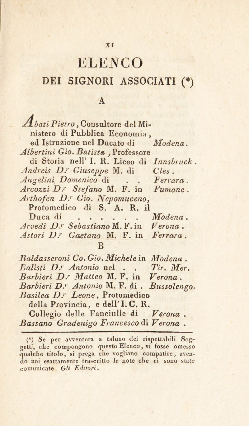 ELENCO DEI SIGNORI ASSOCIATI (*) A Abati Pietro , Consultore del Mi» nistero di Pubblica Economia , ed Istruzione nel Ducato di Modena. Albertini Gio. Batista P Professore di Storia nell5 I. R. Liceo di Innsbruck . Andreis D.r Giuseppe M. di Cles . Angelirii. Domenico di . . Ferrara. Arcozzi D,r Stefano M. F» in Fumane. Arthofen D.r Gio. iVepomuceno> Protomedico di S. A* R, il Duca di Modena. Accedi D.r Sebastiano M. F« in Verona , Astori D.r Gaetano M. F. in Ferrara . B Baldasseroni Co. Gio. Michele in Modena . Balis ti D.r Antonio nel . . Tir. Mer. Barbieri D.r Matteo M. F, in Verona. Barbieri D.r Antonio M. F. di . Bussolengo* Basilea D.r Leone, Protomedico della Provincia, e dell’I. C. R. Collegio delle Fanciulle di Verona . Bussano Gradenigo Francesco di Verona . {*) Se per avventura a taluno dei rispettabili Sog- getti, che compongono questo Elenco, vi fosse omesso ^qualche titolo, si prega che vogliano compatire, aven- do noi esattamente trascritto le note che ci sono state comunicate. Gli Editori»
