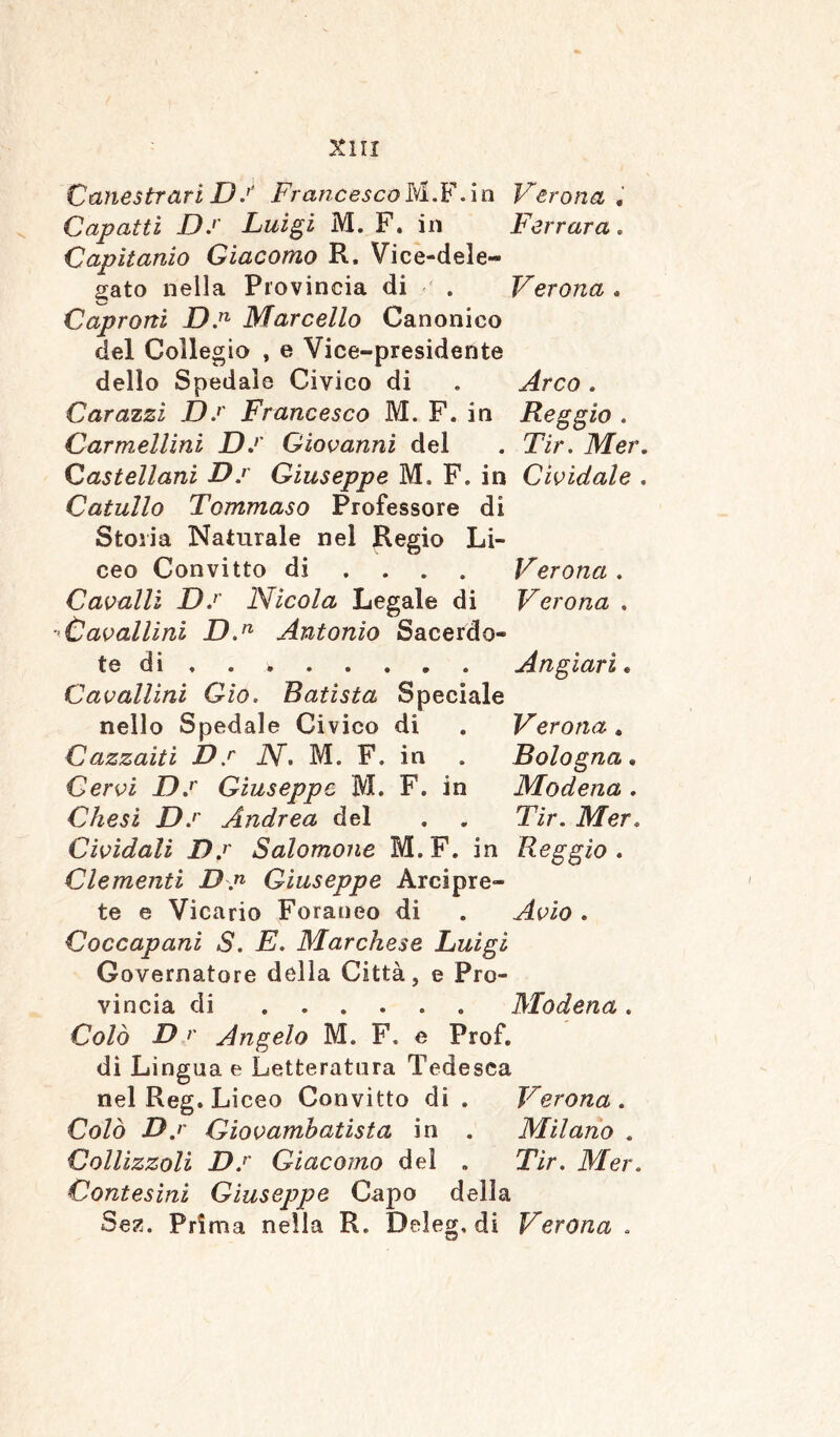 Canestrari D / Francesco M.F.in Verona, Capatti Dj Luigi M. F. in Ferrara. Capitanio Giacomo R. Vice-dele- gato nella Provincia di . Verona. Caproni D.n Marcello Canonico del Collegio , e Vice-presidente dello Spedale Civico di . Arco. Corazzi D.r Francesco M. F. in Reggio . Carmellini D.r Giovanni del . Tir. Mer. Castellani Dp Giuseppe M. F. in Cividale . Catullo Tommaso Professore di Storia Naturale nel Regio Li- ceo Convitto di ... Verona . Cavalli D.r Nicola Legale di Verona . -Cavallini D.n Antonio Sacerdo- te di , . Angiarì « Cavallini Gìo. Batista Speciale nello Spedale Civico di . Verona. Cazzaiti Dp N. M. F. in . Bologna« Cervi Dp Giuseppe M. F. in Modena . Chesi D.r Andrea del . Tir. Mer« Cividali Dp Salomone M.F. in Reggio. Clementi Dp Giuseppe Arcipre- te e Vicario Foraneo di . Avio . Coccapani S. E. Marchese Luigi Governatore della Città, e Pro- vincia di Modena. Colò D r Angelo M. F. e Prof, di Lingua e Letteratura Tedesca nel Reg. Liceo Convitto di . Verona. Colò Dp Qiovambatista in . Milano . Collizzoli D.r Giacomo del . Tir. Mer. Contestai Giuseppe Capo della Sez. Prima nella R. Deleg, di Verona .