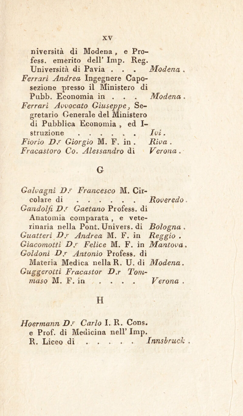niversità di Modena, e Pro- fess. emerito dell’ Imp. Reg. Università di Pavia . . . Modena , Ferrari Andrea Ingegnere Capo- sezione presso il Ministero di Pubb. Economia in . . . Modena. Ferrari Avvocato Giuseppe, Se- gretario Generale del Ministero di Pubblica Economia , ed I- struzione ...... Ivi. Fiorio Ds Giorgio M. F. in . Riva . Fracastoro Co, Alessandro di Verona .- G Galvagni Ds Francesco M. Cir- colare di ...... Roveredo. Gandolfi Ds Gaetano Profess, di Anatomia comparata , e vete- rinaria nella Pont. Univers. di Bologna . Guati eri Ds Andrea M. F. in Reggio » Giacomotti Ds Felice M. F. in Mantova• Goldoni Ds Antonio Profess, di Materia Medica nella R. U. dì Modena. Guggerottì Fracastor Ds Tom- maso M. F. in . . . . Verona . H Hoermann Ds Carlo I. R. Cons. e Prof, di Medicina nell' Imp. R. Liceo di ..... Innsbruck