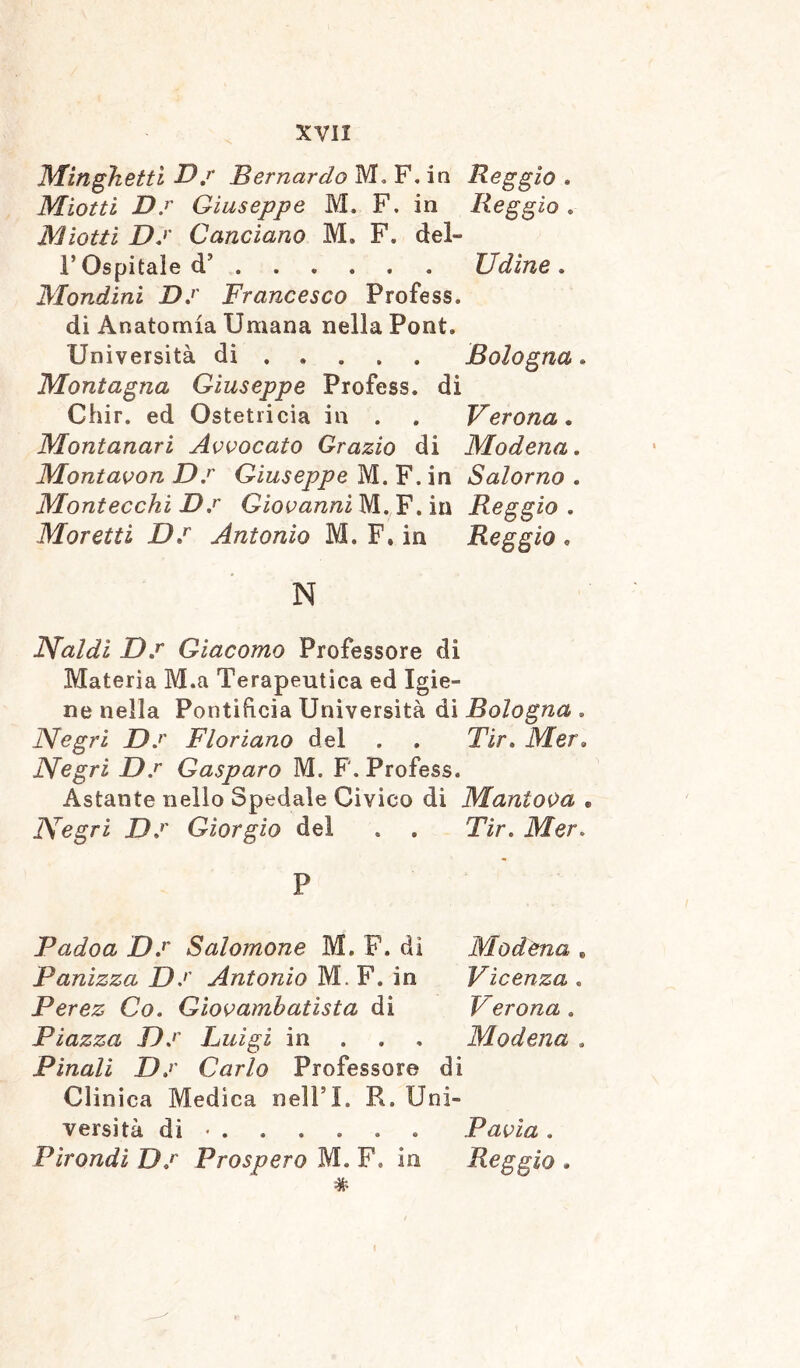 Min ghetti D / Bernardo M. F, io Reggio . Miotti D.r Giuseppe M. F. in Reggio . Miotti D.r Canciano 3VL F. del- F Ospitale d’ Udine . Mondini D.r Francesco Profess, di Anatomia Umana nella Pont. Università di Bologna. Montagna Giuseppe Profess, di Chir. ed Ostetricia in . . Verona. Montanari Avvocato Grazio di Modena. Montavon D.r Giuseppe M. F. in Salorno . Montecchi D.r Giovanni M. F. in Reggio . Moretti D*r Antonio M. F. in Reggio . N Naldì Ds Giacomo Professore di Materia M.a Terapeutica ed Igie- ne nella Pontifìcia Università di Bologna . Negri D.r Floriano del . » Tir. Mer\ Negri D.r Gasparo M. F. Profess. Astante nello Spedale Civico di Mantova . Negri D.r Giorgio del . . Tir. Mer. P Padoa D.r Salomone M. F. di Panizza D.r Antonio M. F. in Perez Co. Giovamhatista di Piazza D.r Luigi in Finali Df Carlo Professore di Clinica Medica nelPI. R. Uni- versità di « ..... . Pìrondì D.r Prospero M. F, in Modena , Vicenza . V erona . Modena . Pavia . Reggio .