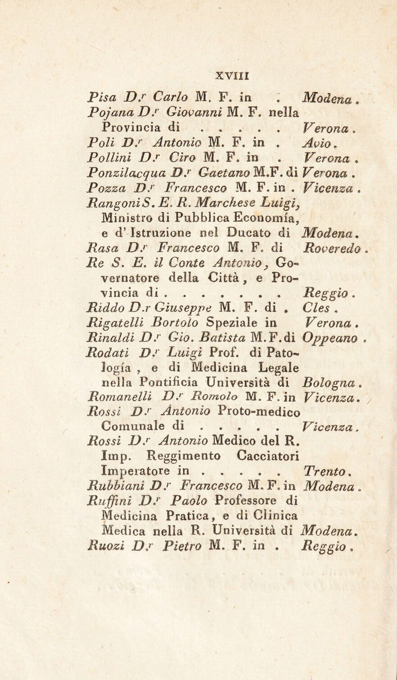 Pisa Ds Carlo M. P. in . Modena. Pojana Ds Giovanni M. F. nella Provincia di ..... Verona. Poli D.r Antonio M. F. in . Avio. Pollini Ds Ciro M. F. in . Verona . Ponzilacqua Ds Gaetano M.F. di Verona . Pozza Ds Francesco M. F. in . Vicenza . Rangoni S. E. R. Marchese Luigia Ministro di Pubblica Economia, e d’ istruzione nel Ducato di Modena. Rasa Ds Francesco M, F. di Roveredo. Re S. E. il Conte AntonioGo« vernatore della Città, e Pro- vìncia di . . . . . . . Reggio. Riddo D.r Giuseppe M. F. di . Cles . Rigatela Bortolo Speziale in Verona . Rinaldi Ds Gio. Batista M.F.di Oppeano . Rodati Ds Luigi Prof, di Pato- logia , e dì Medicina Legale nella Pontificia Università di Bologna , Romanelli Ds Romolo M. F. in Vicenza. Rossi Ds Antonio Proto-medico Comunale di .... Vicenza. Rossi Ds Antonio Medico del R. Imp. Reggimento Cacciatori Imperatore in Trento. Rubòiani D s Francesco M. F. in Modena . Raffini Ds Paolo Professore di Medicina Pratica, e di Clinica Medica nella R. Università di Modena. Ruozi Ds Pietro M. F. in . Reggio, i