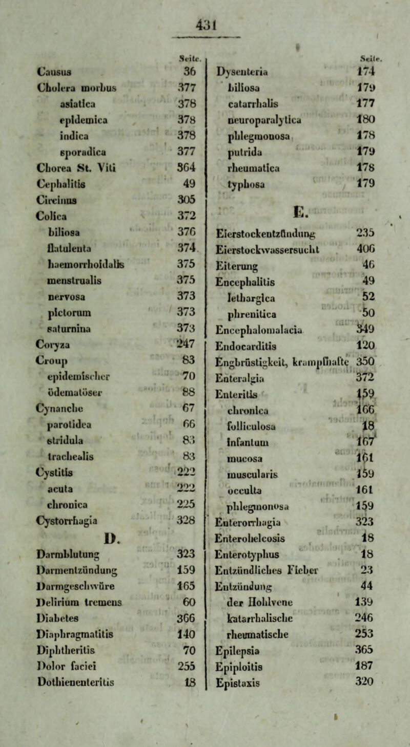 I 5i'itc. Seile. (Jausua 36 Dyseuteria 174 Chulfra moi'Lus .377 biliosa 179 asiatica 378 catarrhalis 177 rplJcuiica 378 oeuroparaly tica 180 indica ' 378 phlegmonosa, 178 sporudica 377 putrida 179 Cborea St. Vili 3G4 rheumatica 178 Ceplialitts 49 typhosa 179 Ciifiiins 305 ColSca 372 Ei« biliosa ' 37G EierstoekentzQiidun^ 235 flatuleuta 374 Eierstockwassersuebt 406 Iiaemorrlioiduiki 375 Eiterung 46 menstnialis 375 Encephalitis 49 nervosa 373 lelharglca 52 piclorum 373 phreuiüca 4 dr O satumiiia 373 Enccphalomalacia 349 Coiyza 247 Endocarditis 120 Croup 83 Engbrüstigkeit, krainpfliaftc 350 epideinlsi'licr ■' 70 Enteralgia 372 ödema loser .gg Enteritis Cynanclic G7 cbronlca ^ ’1G6 parolidea 66 folliculosa 18 fitridula • ’ 83 infantum ^■167' trachcalis 83 inucosa ioi Cystitb ’ - >222 luuscularis ■.ßy acuta 222 occulta 161 chronica 225 pblegiuonosa ■159 Cyston-hagia • 328 Euterorrliagia 323 D. Enterolielcosis 18 Darmblutung 323 Enterotyphus 18 Darnienlziindung ^ 159 Entzündliches rkher 23 Darmgeschwüre 465 Entzündung 44 Delirium tremens 60 der Iloblvene 139 Diabetes 366 katarrhalische 246 Diaphragmatitis 140 rheumatische 253 Diphlherilis 70 Epilcpsia 365 l>olor faciei 255 Epiploitis 187 Dothiencuterltis 18 Epistaxis 320 I