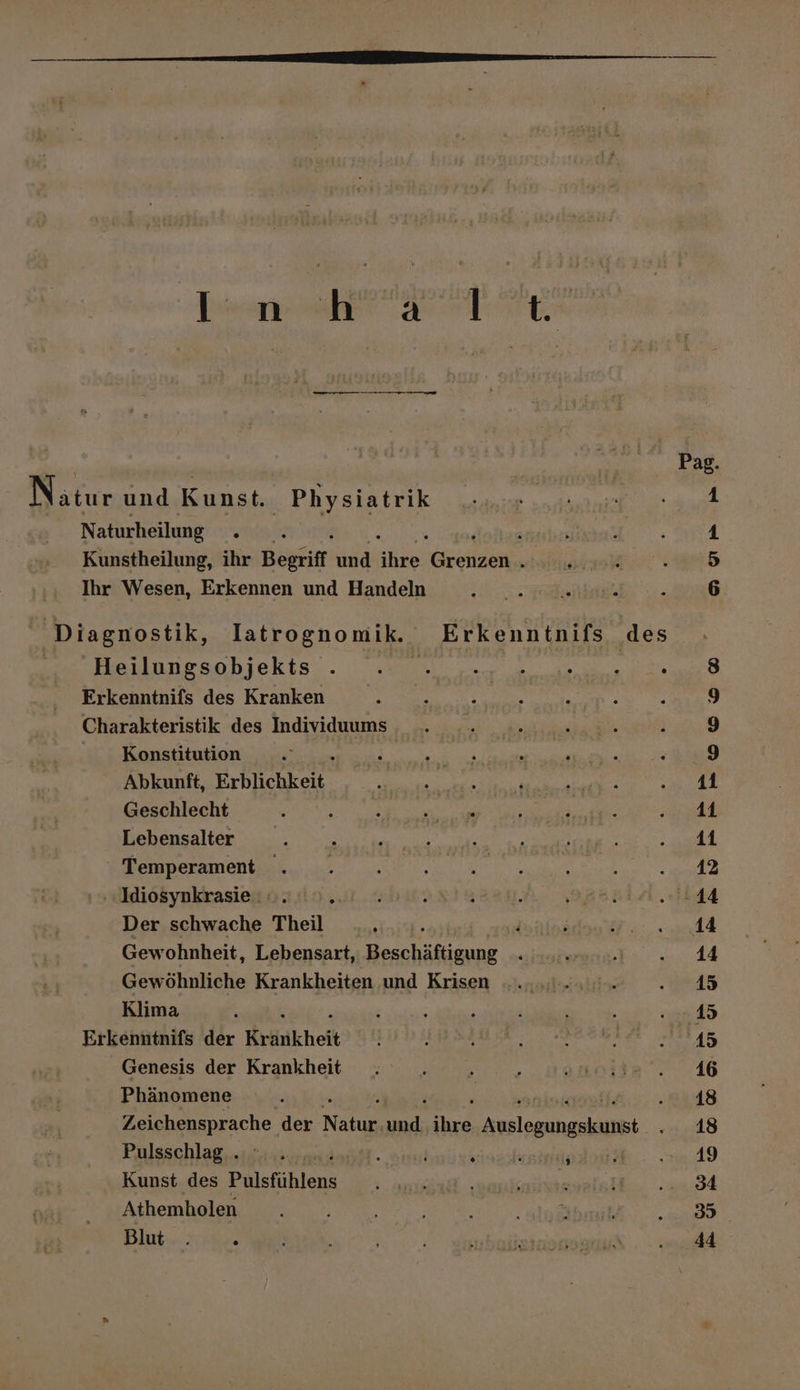 a a U une SEE BE | Pag. Natur und Kunst. Physiatrik 1 Naturheilung . r 1 Kunstheilung, ihr Begriff und Als Gerz » 5 Ihr Wesen, Erkennen und Handeln 6 Diagnostik, Iatrognomik. Erkenntnifs des Meilaneschjekts-. mem 2. 00 220 Erkenntnifs des Kranken &amp; : N ; 9 Charakteristik des Individuums . .. 2 02.020.209 Konstitution 9 1 Abkunft, Erblichkeit ERFREUT INNEN SERIEN | Geschlecht o : : a Naar da 4 rl Lebensalter E i ? i } } \ ; u EEE Een ae Idiosynkrasie v0... ? : ae ..'1414 Der schwache Theil : ; iaifas ERROR! Gewohnheit, Lebensart, Beschäftigung insbe Ne E. | Gewöhnliche Krankheiten und Krisen .......- . 45 Klima garni Aka et er Erkenntnifs der Krankheit } N RUN rd 0 Genesis der Krankheit . f ; ä anotie. 16 Phänomene j | | Et. Aeisheuspräche der Nat a; ae. Be eng: +94 Pulsschlag . Kb s ! ; allein air 19 Kunst des Phlefihlens Aue , ine Hu Athemholen . . 2, sh. . Bii S . e