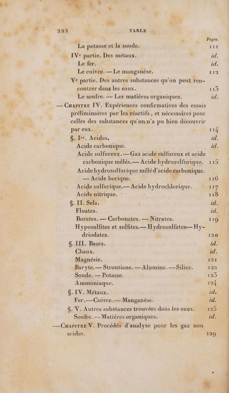 ù 222 TABLE me potasse et la soude. IV: partie. Des métaux. Le fer. Le cuivre. — Le manganèse. Ve partie. Des autres substances qu’on peut ren- contrer dans les eaux. Le soufre. — Les matières organiques. par eux. $. Ier. Acides. id. Acide carbonique. id. Acide sulfureux. Gaz acide Éd Éieurx et acide carbonique mêlés. — Acide hydrosulfurique. 115 Acide hydrosulfurique mêlé d’acide carbonique. — Acide borique. 116 Acide sulfurique.— Acide hydrochlorique. 117 Acide nitrique. 118 $. II. Sels. id. Fluates. id. Borates. — Carbonates. — Nitrates. 119 Hyposulfites et sulfites.— Hydrosulfates— Hy- driodates. 120 $. LIT. Bases. id. Chaux. id. Magnésie. OX Baryte. — Strontiane. — À fumine.—Silice. 122 Soude.— Potasse. 123 Ammoniaque. 124 $. LV. Métaux. id. Fer.—Cuivre.— Manganèse. id. $. V. Autres substances trouvées dans les eaux. 125 Soufre.—Matières organiques. id. -— CHAPITRE V. Procédés d'analyse pour les gaz non acides. 129