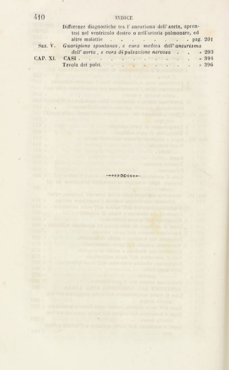 Differenze diagnostiche ira l'aneurisma dell'aorta, apren* tesi nel ventricolo destro o nell’arteria polmonare, ed altre malattie pag. 201 Sez. V. Guarigione spontanea , e cura medica dell' aneurisma dell’ aorta , e cura di pulsazione nervosa . . » 293 CAP. XI. CASI » 39ì Tavola dei polsi « 390