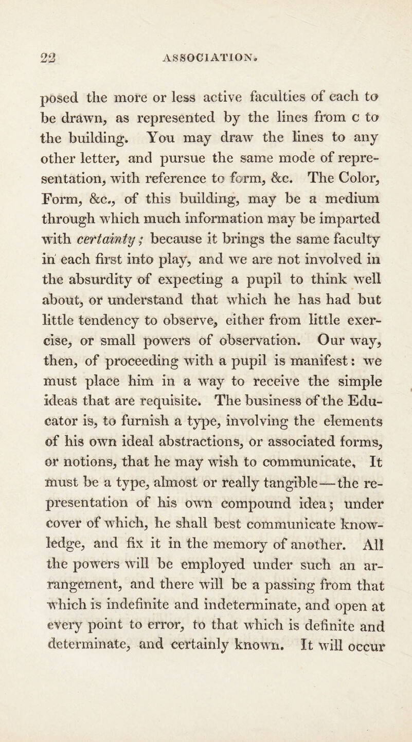 posed the more or less active faculties of each to be drawn, as represented by the lines from c to the building. You may draw the lines to any other letter, and pursue the same mode of repre- sentation, with reference to form, Sec. The Color, Form, &c., of this building, may be a medium through which much information may be imparted with certainty; because it brings the same faculty in each first into play, and we are not involved in the absurdity of expecting a pupil to think well about, or understand that which he has had but little tendency to observe, either from little exer- cise, or small powers of observation. Our wTay, then, of proceeding with a pupil is manifest: we must place him in a way to receive the simple ideas that are requisite. The business of the Edu- cator is, to furnish a type, involving the elements of his own ideal abstractions, or associated forms, or notions, that he may wish to communicate. It must be a type, almost or really tangible—-the re- presentation of his own compound idea; under cover of which, he shall best communicate know- ledge, and fix it in the memory of another. All the powers will be employed under such an ar- rangement, and there will be a passing from that which is indefinite and indeterminate, and open at every point to error, to that which is definite and determinate, and certainly known. It will occur