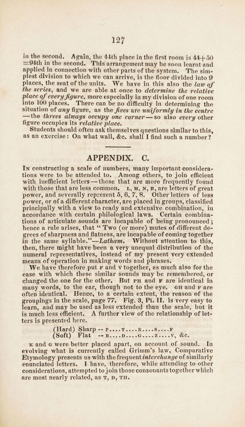 in the second. Again, the 44th place in the first room is 44+50 —94th in the second. This arrangement may be soon learnt and applied in connection with other parts of the system. The sim- plest division to which we can arrive, is the floor divided into 9 places, the seat of the units. We have in this also the law of the series, and we are able at once to determine the relative place of every figure, more especially in my division of one room into 100 places. There can be no difficulty in determining the situation of any figure, as thejfaics are uniformly in the centre — the threes always occupy one corner—so also every other figure occupies its relative place. Students should often ask themselves questions similar to this, as an exercise: On what wall, &c. shall I find such a number? APPENDIX. C. In constructing a scale of numbers, many important considera- tions were to be attended to. Among others, to join efficient with inefficient letters — those that are more frequently found with those that are less common, l, m, n, it, are letters of great power, and severally represent 5, 6, 7, 8. Other letters of less power, or of a different character, are placed in groups, classified principally with a view to ready and extensive combination, in accordance with certain philological laws. Certain combina- tions of articulate sounds are incapable of being pronounced; hence a rule arises, that “ Two (or more) mutes of different de- grees of sharpness and flatness, are incapable of coming together in the same syllable.”—Latham. Without attention to this, then, there might have been a very unequal distribution of the numeral representatives, instead of my present very extended means of operation in making words and phrases. We have therefore put f and v together, as much also for the ease with which these similar sounds may be remembered, or changed the one for the other. But ph and f are identical in many words, to the ear, though not to the eye. gh and f are often identical. Hence, to a certain extent, the reason of the groupings in the scale, page 77. Fig. 3, Pi. II. is very easy to learn, and may be used as less extended than the scale, but it is much less efficient. A further view of the relationship of let- ters is presented here. (Hard) Sharp —p....t k 8....F (Soft) Flat --b d g Z....V, &c. k and g were belter placed apart, on account of sound. In evolving what is currently called Grimm’s law, Comparative Etymology presents us with the frequent interchange of similarly enunciated letters. I have, therefore, while attending to other considerations, attempted to join those consonants together which are most nearly related, as t, d, tii.