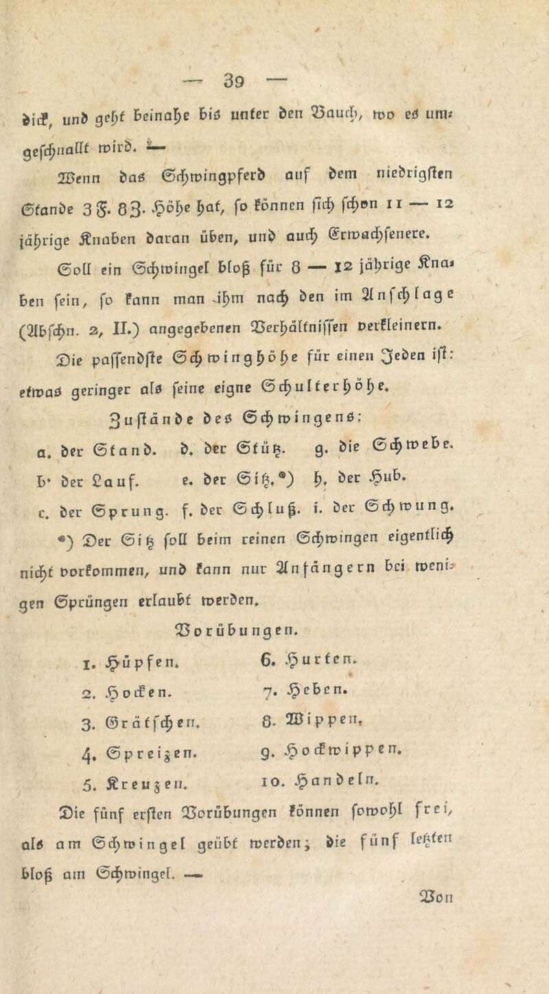 fcidP, unb getjf beinahe biß unter ben Vaurb, rpo eß um« gefdjimdf roirb. *— 21>enn baß ©d)tt>ingpferb auf bem niebrigfien ©tanbe 3 & 83* £H;e J>af, fo Fonncn fid; fd;em n — 12 jährige Änaben baran üben, unb aud) @rtt>ad;fenere. ©oU ein ©d)toinger Hof} für 8 — I2 jährige ^nai ben fein, fo Fann man df)m nad> ben im 2in)d>Iage (2I5fd^n. 2, II.) angegebenen Verfjcüfniffen DerFIeinern. Sie paffenbffe ©djtpingfjofje für einen ^jeben ifl: eitvaö geringer al& feine eigne ©d)ulterf)öf)e. 3ufldnbe beß ©djtningenß; a. ber ©fanb. b, ber ©fü§. g. bie ©djroebe. b* ber 2a uf. e. ber ©i£.®) f>. ber £ub. c. ber ©prung. f. ber 6d>Iu$. i. ber ©d>mung. «) Ser ©i£ foll beim reinen ©d)tt>mgen eigenfiid> nid)f Dorfommen, unb Fann nur Anfängern bei roeni- gen ©prüngen erlaubt tnerben, Vorübungen. 1. J^üpfen. 2. Reifen. 3. ©raffdjen. 4. ©preisen. 5. Äreujen. 6. gurten. 7. £ebcn. 8. 2B i p peuf g. J^ocEtoippen. 10. ^anbcln. Sic fünf erfien Vorübungen Fonnen foroofjl frei, alß am ©ctyroingel geübt roerben; bie fünf legten Hof} am ©d)n>ingel. —. Von