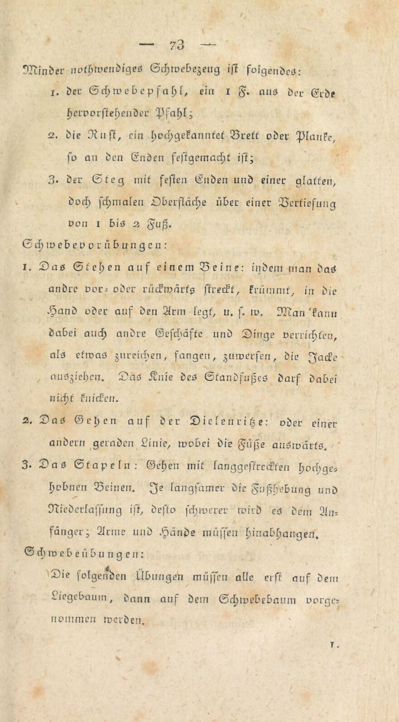 ?Tiinber notwendiges <5d)tvebe'öeug iff folgende*: 1. dev (Scfywebepfaljl, ein i g. aus der gebe f>ei:DDrf(ef)eiiÖt.T 2. bie 3? uff, ein boiijgeEannfef Vreft ober pimiFc, fo au ben ©nben feffgernadjt ift; 3* der Steg mit feffen Silben unb einer glatten, boif> (Id^maleu ÜbberflädFje über einer Vertiefung Don i bis z ßuß. GrfjiDebeDornbnngen: 1. ©aß Gfe^en auf einem 53 e ine: indem man baS anbre Der- ober ruifrodrfp ffreift, Friimmf, in bie Vanb ober auf ben 3frm fegt, u. f. re. DTian 'Farin dabei and) anbre ©efdbäfte unb Singe Dcrrirfjfcn, als etroaS gureicben, fangen, juroerfen, bie fjaefe nuS^icbcu. Sas Äuie des ©tandfupes darf dabei nid)t Fuitfen. 2. Dad ©el)en auf ber Siefen rige: ober einer anbern geraden £inie, n?obci die gtife auStuarfs. 3* Sad ßfapefn: ©cf)eu mit fanggeffredrfen fjornges f)cbnen Seinen. fangfamer die gnfjfyebung und Diiedcrlaffung ifr, deffo frl;nxrer roiib cd dem 21 n= fängcr; 21rnic unb .<pdnde muffen f)inabf)augen, © cb ro e b e ü b u n g c n: Sie folgenden Übungen muffen alle er ff auf dein Ciegebaum, bann auf dem ©rfjiDebebaum Dorges nommen meiden. T.