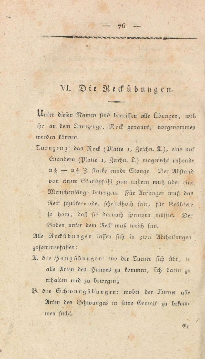 U nfer biefen Dramen fi’nb Begriffen ade Übungen, it»eB rf'c an bem Surnjeuge, 9?eif genannf, D.Drgenpmmen merben Fännen. .^urnjeug: baß D'cecf Cfilaife i, $eid}n. R.), eine auf (Ständern (Tßlatte i, 3c*r^11- £•) n>agereel)f rubenbe 2 I — 2f 3- ftarFe rnnbe ©fange. Ser 2ibffanb £>dii einem ßfanbpfaBI jutri anbern mufj über eine ÜJIieuirfjenlänge Beilagen, $ür Anfänger muß baß 3Jeif fcf;uffcr-- ober fdjeitelhorf> fein, für ©en Biere fo fyocl), ba(i |ie barnaa) fpriugcn miiffert. Ser 23oben unfer bern 3?cif muß meid) fein. 2111c 9? cif üb ungen [affen fid^ in £tr>ci aiBffjeilungen jufammenfaffen: 21. bie Jpangübungen: roo ber Snrner fidj übf, hi abe 2[rfen befi .Piangcß gn Fommen, fid) barin erhalten unb $u Bcrrcgcn; 33. bie ß d) tu u n g ii B u n g e n: roobei ber Surner affr SIrfen beß ©djtcungcß in feine ©cmalf $u BcFom* men fnrf)f. ' / <*r