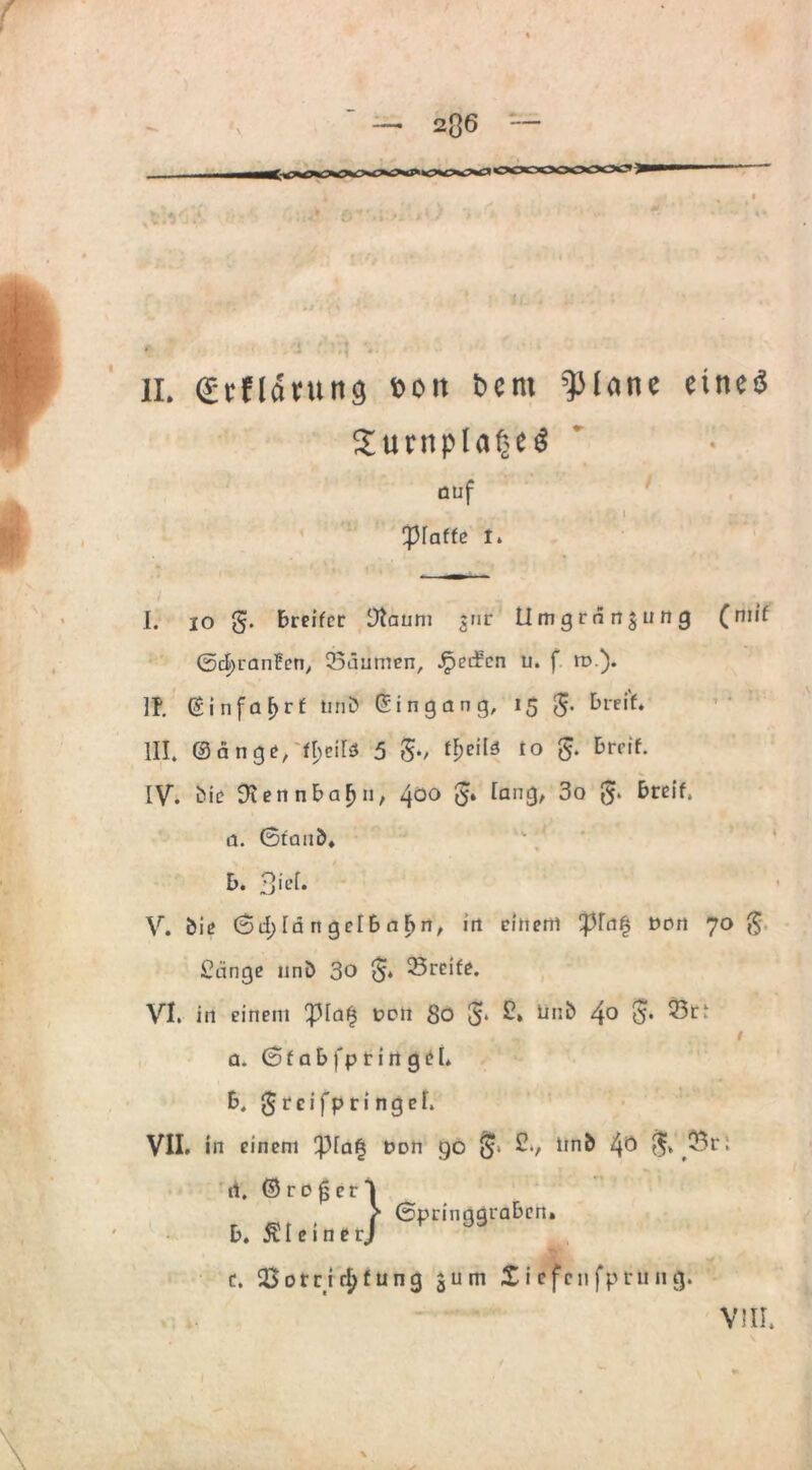 II. gtflontng »oit bcnt ’Plnne eines SurnplafjeS • auf glatte i. I. io g. breifcc Dtaum jnr Umgrnnjung (mif 0cl)ranl?cn, Säumen, Reifen u. f ro). 3f. @infaf>rf und (Eingang, 15 $. breif* III. ©änge, fl;eite 5 5‘/ 10 5- &re>f- IV. die DiennbaF)ii, 400 t> ^an3> 3o 5* breif. a. 0taiid. b. 3ief. V. die 0cl; lä n gelb fl f)n, in einem Tßln£ ttem 70 $ £änge und 3o 5* Sreife. VI. in einem !piafj t>on So 3* £* und 40 $• 53r- # a. 01 a b f p t i rt g e I* b, greifpr ingd. VII. in einem !pfa| t?on 90 Cv lind 4° rt. ©rojjerl b. kleiner/ d. 2>otci$fung jum £iefcnfptung. VIII. ©pringgraben.