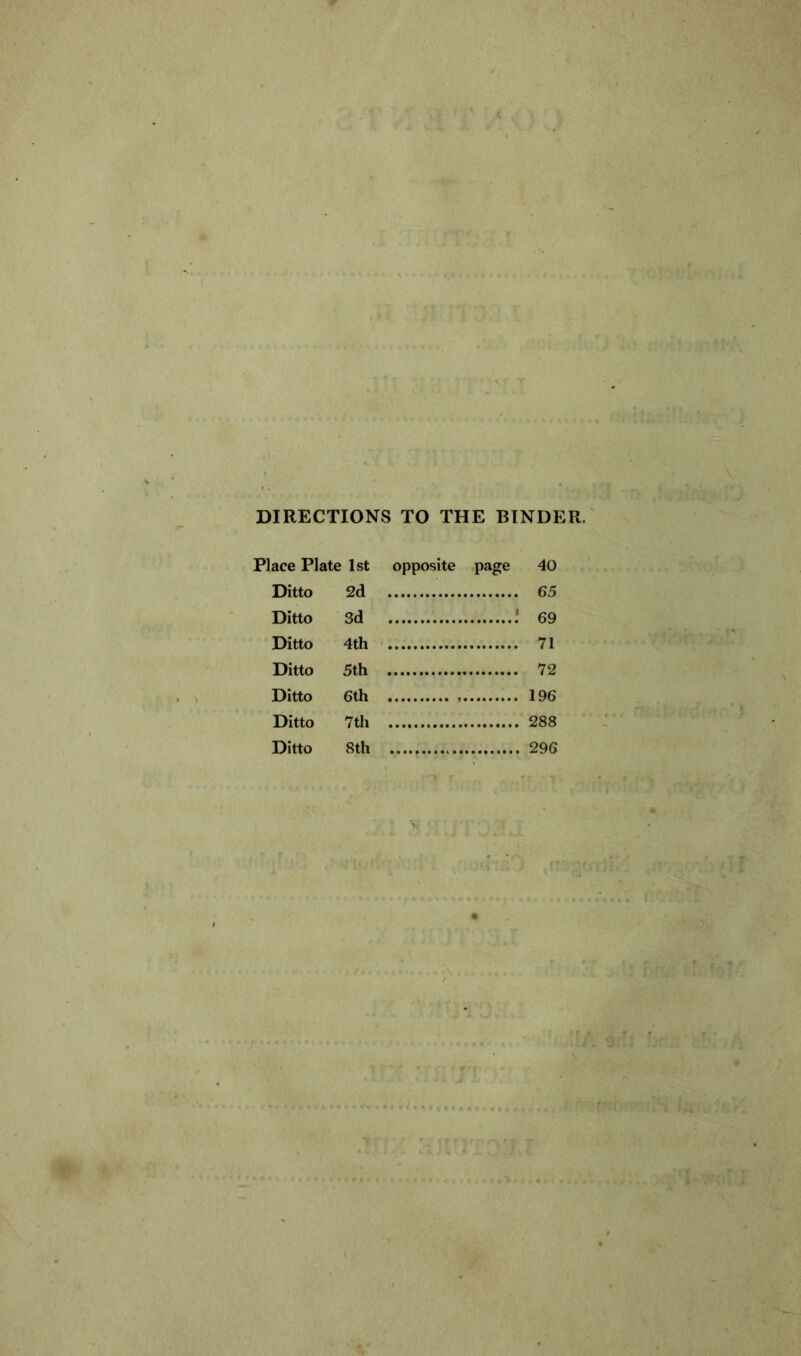 DIRECTIONS TO THE BINDER. Place Plate 1st opposite page 40 Ditto 2d 65 Ditto 3d I 69 Ditto 4th 71 Ditto 5th 72 Ditto 6th 196 Ditto 7th 288 Ditto 8th 296