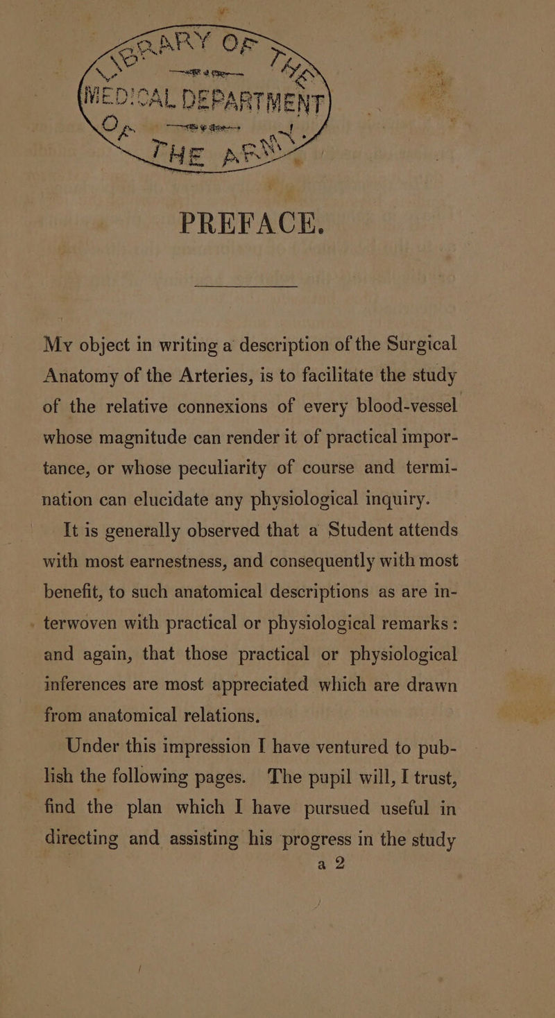 ii isis WIE D&gt;: CAL DEPARTMENT wt fo Mpa nam 15, Eng papi . PREFACE. My object in writing a description of the Surgical Anatomy of the Arteries, is to facilitate the study of the relative connexions of every blood-vessel whose magnitude can render it of practical impor- tance, or whose peculiarity of course and termi- nation can elucidate any physiological inquiry. It is generally observed that a Student attends with most earnestness, and consequently with most benefit, to such anatomical descriptions as are in- . terwoven with practical or physiological remarks : and again, that those practical or physiological inferences are most appreciated which are drawn from anatomical relations. Under this impression I have ventured to pub- lish the following pages. The pupil will, I trust, find the plan which I have pursued useful in directing and assisting his progress in the study a 2