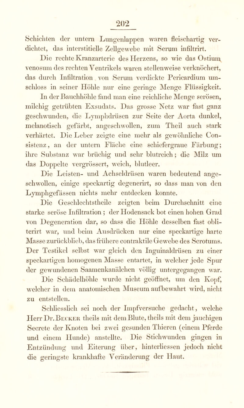 Schiciiten der untern Lungenlappen waren fleischartig ver¬ dichtet, das interstitielle Zellgewebe mit Serum infiltrirt. Die reclite Kranzarterie des Herzens, so wie das Ostium venosum des rechten Ventrikels waren stellenweise verknöchert, das durch Infiltration von Serum verdickte Pericardium um¬ schloss in seiner Höhle nur eine geringe Menge Flüssigkeit. In der Bauchhöhle fand man eine reichliche Menge serösen, milchig getrübten Exsudats. Das grosse Netz war fast ganz geschwunden, die Lymphdrüsen zur Seite der Aorta dunkel, melanotisch gefärbt, angeschwollen, zum Thcil auch stark verhärtet. Die Leber zeigte eine mehr als gewöhnliche Con- sistenz, an der untern Fläche eine schiefergraue Färbung; ihre Substanz war brüchig und sehr blutreich; die Milz um das Doppelte vergrössert, weich, blutleer. Die Leisten- und Achseldrüsen waren bedeutend ange¬ schwollen, einige speckartig degenerirt, so dass man von den Lymphgefässen nichts mehr entdecken konnte. Die Geschleehtstheile zeigten beim Durchschnitt eine starke seröse Infiltration ; der Hodensack bot einen hohen Grad von Degeneration dar, so dass die Höhle desselben fast obli- terirt war, und beim Ausdrücken nur eine speckartige harte Masse zurückblieb, das frühere contraktile Gewebe des Scrotums. Der Testikel selbst war gleich den Inguinaldrüsen zu einer speckartigen homogenen Masse entartet, in welcher jede Spur der gewundenen Saamenkanälchen völlig untergegangen war. Die Schädelhöhle wurde nicht geöffnet, um den Kopf, welcher in dem anatomischen Museum aufbewahrt wird, nicht zu entstellen. Schliesslich sei noch der Impfversuche gedacht, welche Herr Dr. Becker thcils mit dem Blute, theils mit dem jauchigen Secrete der Knoten bei zwei gesunden Thieren (einem Pferde und einem Hunde) anstellte. Die Stichwunden gingen in Entzündung und Eiterung über, hinterliessen jedoch nicht die geringste krankhafte Veränderung der Haut.