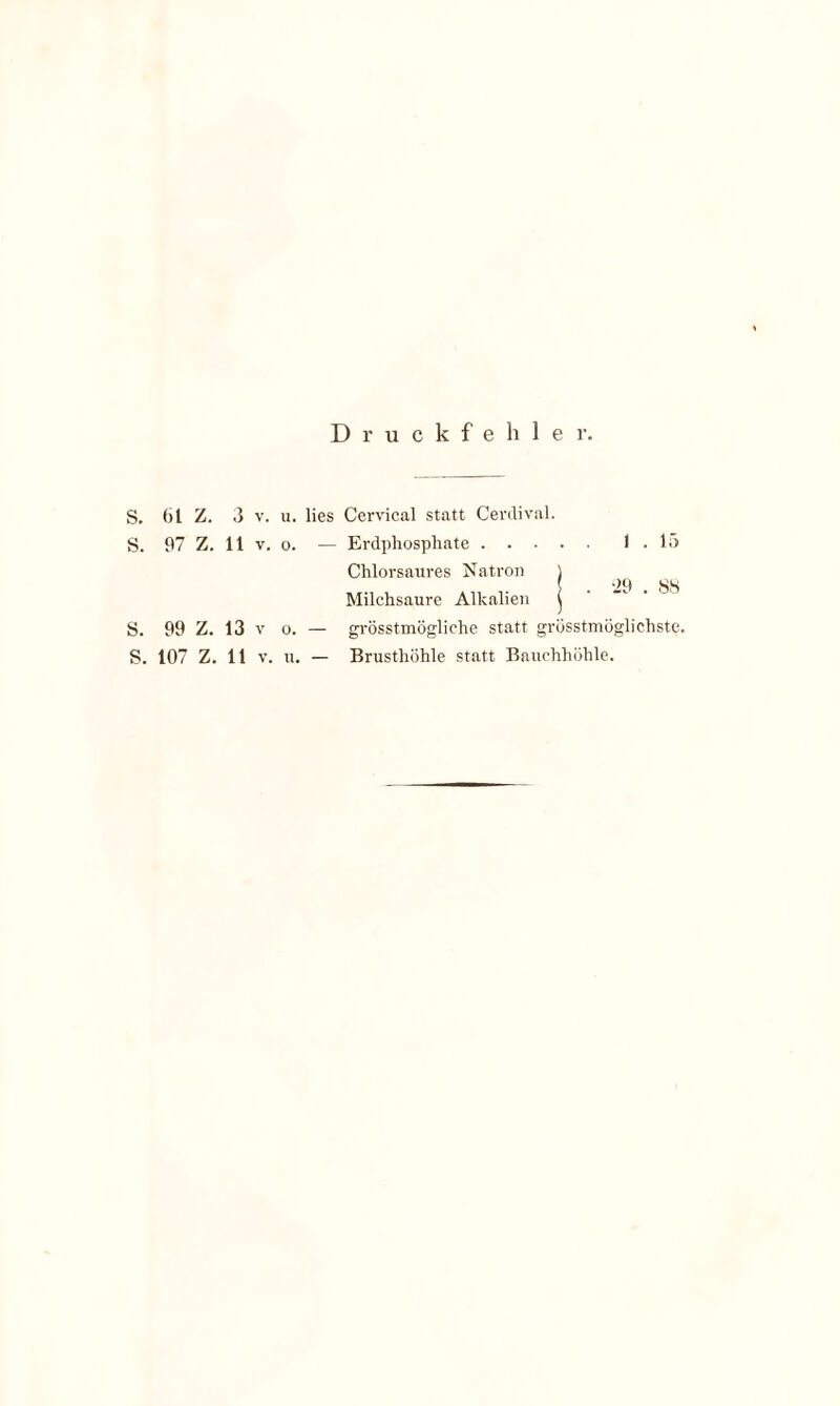 Druckfehler. S. 6t Z. 3 v. u. lies Cervical statt Cerdival. S. 97 Z. 11 v. o. — Erdphosphate.I . 15 Chlorsaures Natron Milchsäure Alkalien S. 107 Z. 11 v. u. — Brusthöhle statt Bauchhöhle. . -29 . 88