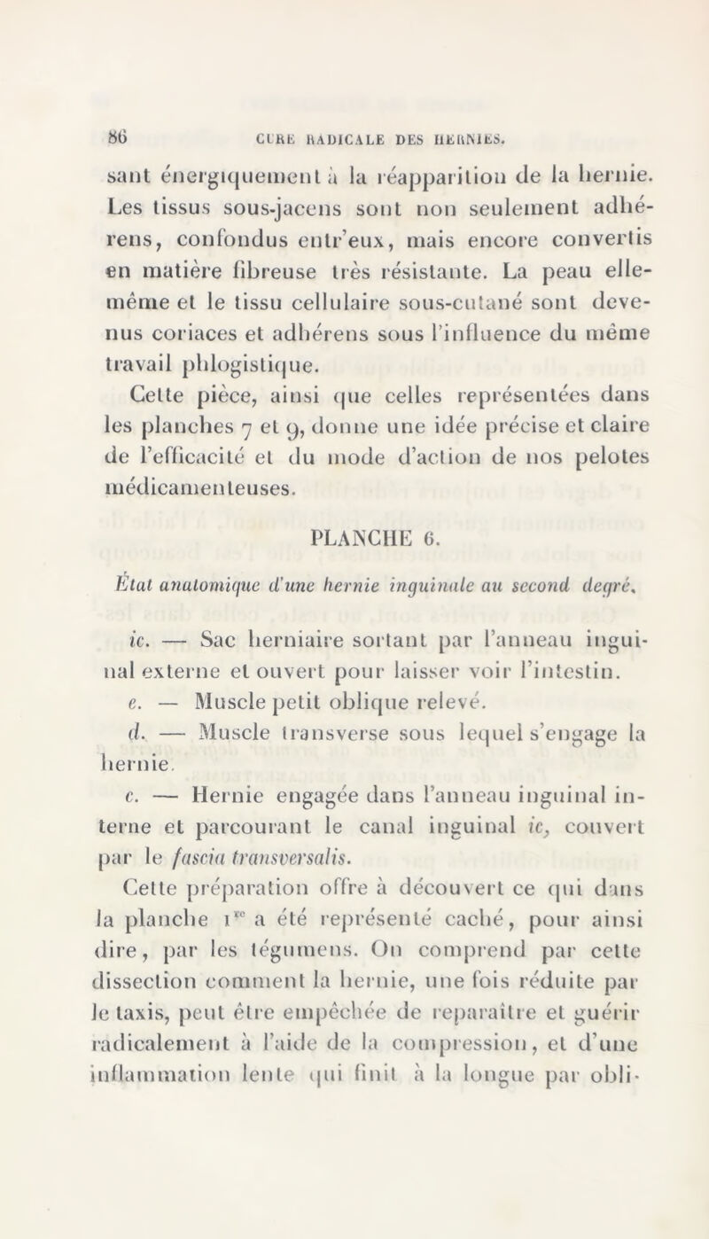 ao saut énergiquement à la réapparition de la hernie. Les tissus sous-jacens sont non seulement adlié- rens, confondus entreux, mais encore convertis en matière fibreuse très résistante. La peau elle- même et le tissu cellulaire sous-cutané sont deve- nus coriaces et adhérens sous l’influence du même travail phlogistique. Celte pièce, ainsi que celles représentées dans les planches 7 et 9, donne une idée précise et claire de l’efficacité et du mode d’action de nos pelotes médicamenteuses. PLANCHE 6. État anatomique d’une hernie inguinale au second degré. ic. — Sac herniaire sortant par l’anneau ingui- nal externe et ouvert pour laisser voir l’intestin. e. — Muscle petit oblique relevé. (/. — Muscle transverse sous lequel s’engage la hernie. c. — Hernie engagée dans l’anneau inguinal in- terne et parcourant le canal inguinal ic, couvert par le fascia transversalis. Cette préparation offre à découvert ce qui dans la planche i*° a été représenté caché, pour ainsi dire, par les tégurnens. On comprend par celte dissection comment la hernie, une fois réduite par Je taxis, peut être empêchée de reparaître et guérir radicalement à l’aide de la compression, et d’une inflammation lente qui finit à la longue par obli-