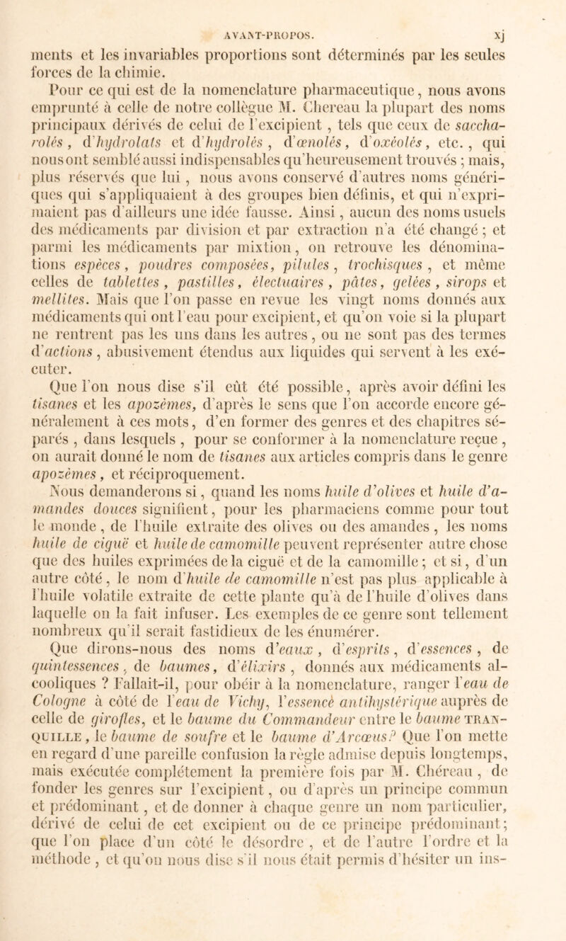 XJ inciits et les invariables proportions sont déterminés par les seules forces de la chimie. Pour ce qui est de la nomenclature pharmaceutique, nous avons em])rünté à celle de notre collègue M. (diereau la ])lupart des noms principaux dérivés de celui de l’excipient, tels que ceux de saccha- rolés , d'hijdrolats et dlnjdroJès , d'œnolés, d'oxèolés, etc., qui nous ont semblé aussi indispensables qu’heureusement trouvés ; mais, plus réservés que lui, nous avons conservé d’autres noms généri¬ ques qui s’appliquaient à des groupes bien définis, et qui n’expri¬ maient pas d’ailleurs une idée fausse. Ainsi, aucun des noms usuels des médicaments par division et par extraction n’a été changé ; et jiarmi les médicaments par mixtion, on retrouve les dénomina¬ tions espèces, poudres composées, pilules^ trochisqiies ^ et même celles de tablettes, pastilles, électuaires , pâtes, gelées, sirops et mellites. Mais que l’on passe en revue les vingt noms donnés aux médicaments qui ont l’eau pour excipient, et qu’on voie si la plupart ne rentrent pas les uns dans les autres, ou ne sont pas des termes d'actions , abusivement étendus aux liquides qui servent' à les exé¬ cuter. Que l’on nous dise s’il eût été possible, après avoir défini les tisanes et les apozèmes, d’après le sens que l’on accorde encore gé¬ néralement à ces mots, d’en former des genres et des chapitres sé- })arés , dans lesquels , pour se conformer à la nomenclature reçue , 011 aurait donné le nom de tisanes aux articles conijiris dans le genre apozèmes, et réciproquement. Aoiis demanderons si, quand les noms huile d’olives et huile d’a¬ mandes douces signiüent, pour les pharmaciens comme pour tout le monde , de l’huile extraite des olives ou des amandes , les noms huile de ciguë et /uu7e de peuvent représenter autre chose que des huiles exprimées de la ciguë et de la camomille ; et si, d’un autre côté , le nom d'huile de camomille n’est pas plus applicable à l’huile volatile extraite de cette plante qu’à de l’huile d’olives dans laquelle on la fait infuser. Les exemples de ce genre sont tellement nombreux qu’il serait fastidieux de les énumérer. Que dirons-nous des noms d’eaux, d'esprits, d'esseîices , de guintessences de baumes, d'élixirs^ donnés aux médicaments al¬ cooliques ? Fallait-il, pour obéir à la nomenclature, ranger Y eau de Cologne à côté de Veau de Vichy^ Vessencè antihystérigue auprès de celle de girofles, et le baume du Commandeur entre le baume tran¬ quille, le baume de soufre et le baume d’ArcœusP Que fon mette en regard d’une pareille confusion la règle admise depuis longtemps, mais exécutée complètement la première fois par Chéreau , de fonder les genres sur l’excipient, ou d’après un principe commun et prédominant, et de donner à chaque genre un nom particulier, dérivé de celui de cet excipient on de ce principe jirédoîninant ; que l’on place d’un côté le désordre , et de l’autre fordi’c et la méthode , et qu’on nous dise s'il nous était permis d’hésiter un ins-
