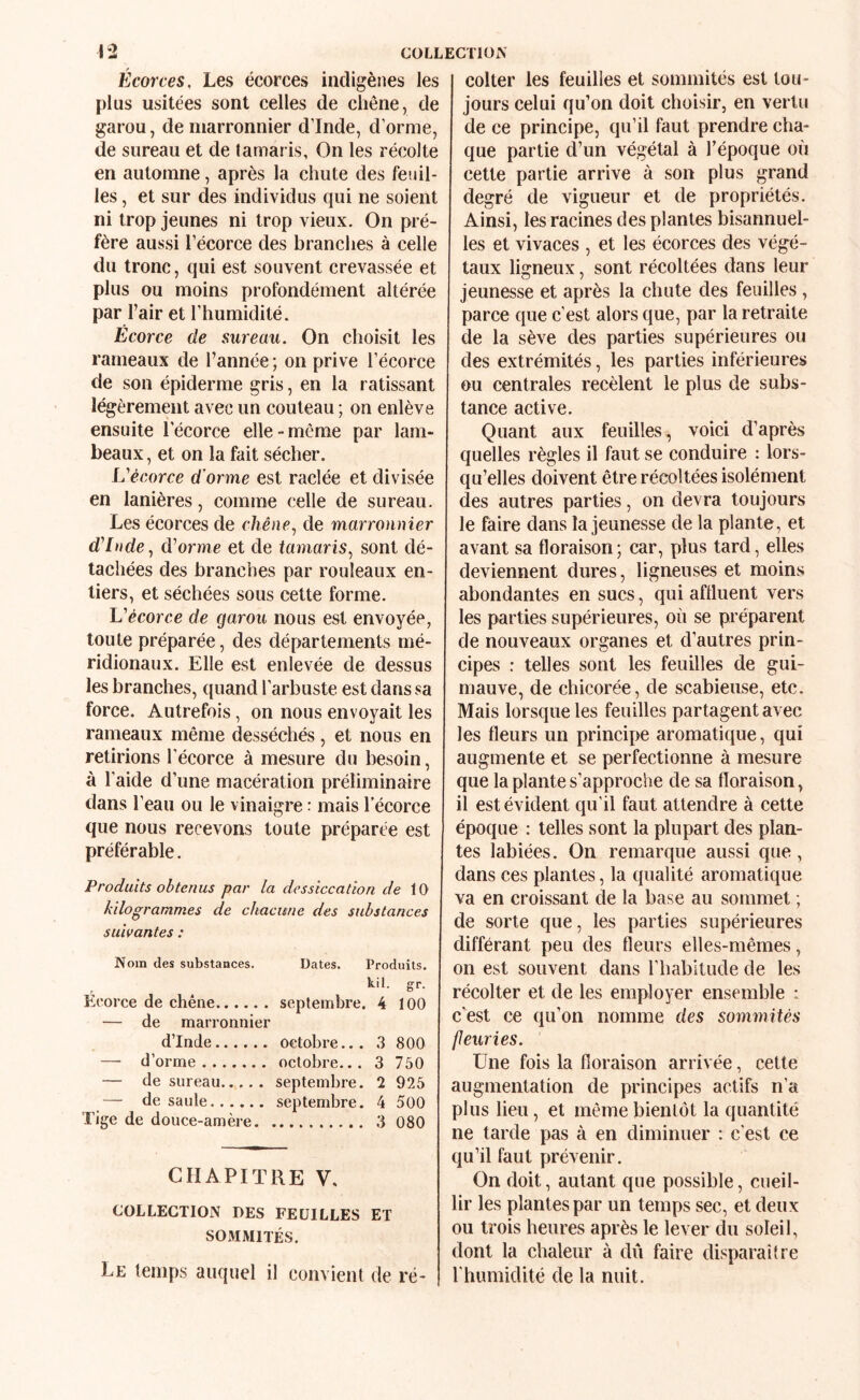 Écorces, Les écorces indigènes les plus usitées sont celles de chêne, de garou, de marronnier d’Inde, d’orme, de sureau et de tamaris, On les récolte en automne, après la chute des feuil¬ les , et sur des individus qui ne soient ni trop jeunes ni trop vieux. On pré¬ fère aussi l’écorce des branches à celle du tronc, qui est souvent crevassée et plus ou moins profondément altérée par Fair et l’humidité. Écorce de sureau. On choisit les rameaux de Fannée ; on prive l’écorce de son épiderme gris, en la ratissant légèrement avec un couteau ; on enlève ensuite Fécorce elle-môme par lam¬ beaux , et on la fait sécher. iJécorce d’orme est raclée et divisée en lanières, comme celle de sureau. Les écorces de chêne., de marronnier d^lnde., d’orme et de tamaris., sont dé¬ tachées des branches par rouleaux en¬ tiers, et séchées sous cette forme. L’écoree de garou nous est envoyée, toute préparée, des départements mé¬ ridionaux. Elle est enlevée de dessus les branches, quand l’arbuste est dans sa force. Autrefois, on nous envoyait les rameaux même desséchés, et nous en retirions l’écorce à mesure du besoin, à l'aide d’une macération préliminaire dans l’eau ou le vinaigre : mais Fécorce que nous recevons toute préparée est préférable. Produits obtenus par la dessiccation de i O kilogrammes de chacune des substances suivantes : Nom des substances. Dates. Produits. tit. gr. Ecorce de chêne.septembre. 4 100 — de marronnier d’Inde. octobre... 3 800 — d’orme.octobre... 3 750 — de sureau. septembre. 2 925 — de saule.septembre. 4 500 Tige de douce-amère. 3 080 CHAPITRE Y. COLLECTION DES FEUILLES ET SOMMITÉS. Le temps auquel il convient de ré¬ colter les feuilles et sommités est tou¬ jours celui qu’on doit choisir, en vertu de ce principe, qu’il faut prendre cha¬ que partie d’un végétal à Fépoque où cette partie arrive à son plus grand degré de vigueur et de propriétés. Ainsi, les racines des plantes bisannuel¬ les et vivaces , et les écorces des végé¬ taux ligneux, sont récoltées dans leur jeunesse et après la chute des feuilles , parce que c’est alors que, par la retraite de la sève des parties supérieures ou des extrémités, les parties inférieures ou centrales recèlent le plus de subs¬ tance active. Quant aux feuilles, voici d’après quelles règles il faut se conduire : lors¬ qu’elles doivent être récoltées isolément des autres parties, on devra toujours le faire dans la jeunesse de la plante, et avant sa floraison ; car, plus tard, elles deviennent dures, ligneuses et moins abondantes en sucs, qui affluent vers les parties supérieures, où se préparent de nouveaux organes et d’autres prin¬ cipes : telles sont les feuilles de gui¬ mauve, de chicorée, de scabieuse, etc. Mais lorsque les feuilles partagent avec les fleurs un principe aromatique, qui augmente et se perfectionne à mesure que la plante s’approche de sa floraison, il est évident qu’il faut attendre à cette époque : telles sont la plupart des plan¬ tes labiées. On remarque aussi que, dans ces plantes, la qualité aromatique va en croissant de la base au sommet ; de sorte que, les parties supérieures différant peu des fleurs elles-mêmes, on est souvent dans l’babltude de les récolter et de les employer ensemble : c’est ce qu’on nomme des sommités fleuries. Une fois la floraison arrivée, cette augmentation de principes actifs n’a plus lieu, et même bientôt la quantité ne tarde pas à en diminuer : c’est ce qu’il faut prévenir. On doit, autant que possible, cueil¬ lir les plantes par un temps sec, et deux ou trois heures après le lever du soleil, dont la chaleur à dû faire disparaître l'humidité de la nuit.